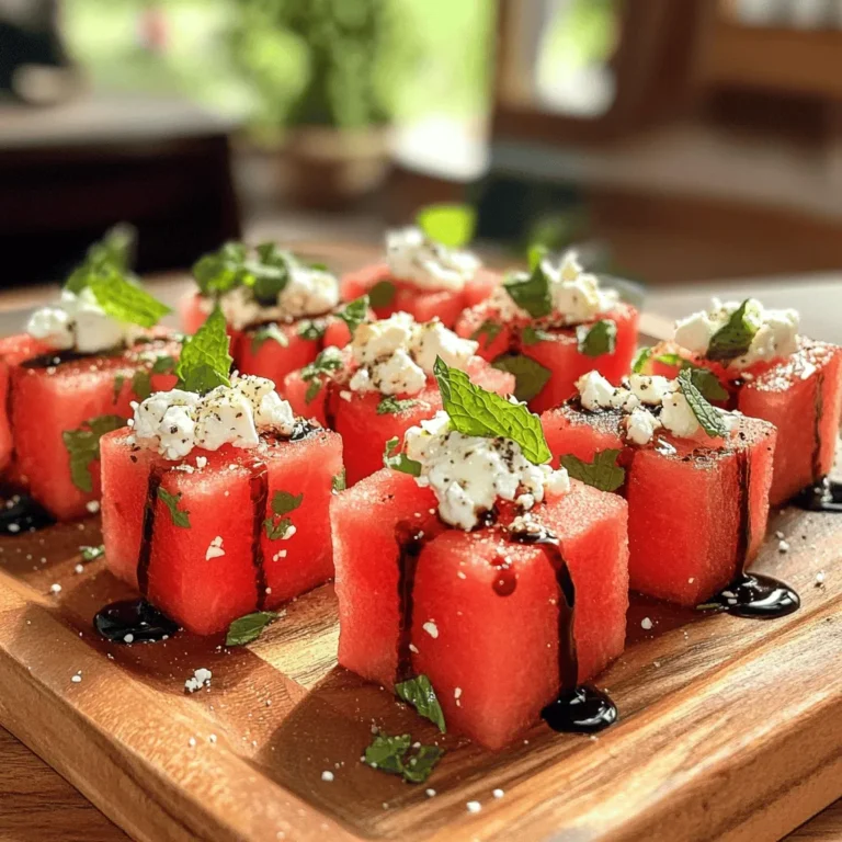 - Watermelon cubes - Feta cheese - Fresh mint leaves - Balsamic glaze - Salt and pepper - Toothpicks for serving To make these skinny watermelon feta bites, you need just a few fresh ingredients. Start with ripe watermelon. It should be sweet and juicy, perfect for summer. Feta cheese adds a creamy, salty flavor. I love using crumbled feta because it mixes well with other ingredients. Fresh mint leaves bring a bright taste. Their aroma makes each bite refreshing. Balsamic glaze adds a sweet and tangy touch. It really ties the flavors together. Finally, don’t forget salt and pepper. They enhance all the tastes in this dish. You can use toothpicks for easy serving. They make these bites fun to eat, especially at gatherings. For the full recipe, check out the details above. Enjoy making this simple but delicious snack! - Cutting watermelon into cubes Start with a ripe watermelon. Cut it in half and scoop out the flesh. Slice the flesh into 1-inch cubes. This size is perfect for snacking. - Mixing feta cheese and mint In a bowl, add crumbled feta cheese. Chop fresh mint leaves and mix them in. Gently stir to keep the feta intact. The mint adds a nice touch. - Assembling the bites Take each watermelon cube. Top it with a spoonful of the feta-mint mix. Use a toothpick to hold it together. This makes it easy to grab and eat. - Drizzling balsamic glaze Once assembled, drizzle balsamic glaze over each bite. This adds sweetness and tang. A sprinkle of salt and pepper will enhance the taste. - Presentation ideas Arrange the bites on a colorful platter. Add extra mint leaves for decoration. This makes a great summer snack display. - Best accompaniments These bites pair well with sparkling water or a light white wine. You can also serve them with crunchy pita chips for added texture. For the full recipe, check out the details above. Enjoy these refreshing bites! Choosing the best watermelon Pick a watermelon that feels heavy for its size. Look for a uniform shape and a yellow spot where it sat on the ground. This spot shows ripeness. A dull skin means it is ripe. If you knock on it, it should sound hollow. These signs help you choose the best fruit. Tips for crumbling feta cheese To crumble feta cheese, use your fingers for the best texture. If it is too crumbly, you can soak it in water. This helps make it creamier. Keep the cheese cold before crumbling. Cold cheese breaks apart nicely. You can also use a fork, but be gentle to avoid mush. Switching up the cheese If you want to try a different flavor, you can switch the feta. Goat cheese works well and adds creaminess. You can also use ricotta for a lighter taste. For a spicy kick, try pepper jack cheese. Each cheese gives the bites a new twist. Additional toppings to consider Add toppings for more fun flavors. Chopped nuts like pistachios add crunch. You can drizzle honey for sweetness. Try adding sliced olives for a salty touch. A sprinkle of chili flakes can give a nice heat. Mix and match toppings for endless options! For the full recipe, check out the Skinny Watermelon Feta Bites . {{image_2}} Watermelon is a great fruit for summer. It helps keep you hydrated. This fruit is over 90% water. Eating it feels refreshing on hot days. Plus, watermelon is low in calories. One cup has only about 46 calories. This makes it perfect for a light snack. You can enjoy it without any guilt. It also has vitamins A and C, which help keep your skin healthy. Feta cheese adds a tasty twist to our bites. It packs a good amount of protein. Just one ounce gives you about 6 grams of protein. This helps you feel full and satisfied. Feta also contains calcium, which is important for strong bones. It has other nutrients too, like vitamin B12. This vitamin helps your body make red blood cells. Mixing feta with watermelon makes a great balance of flavors and nutrients. For a fun way to enjoy these benefits, try the full recipe for Skinny Watermelon Feta Bites. After enjoying your skinny watermelon feta bites, store any leftovers properly. Place them in an airtight container. This keeps them fresh and prevents odors from other foods. Always refrigerate them right away. Use the container to hold the bites without squishing them. If you have extra mint leaves, store those separately. They keep their flavor better when they are not mixed with the bites. Can you freeze watermelon feta bites? No, it’s not a good idea. The watermelon will lose its texture when frozen. It becomes mushy and watery when you thaw it. Instead, enjoy these bites fresh. If you do want to freeze them, try freezing the watermelon and feta separately. To thaw, place the watermelon cubes in the fridge overnight. For the feta, let it sit at room temperature for about 30 minutes. Then, mix them again for a fresh snack. Enjoy the full recipe for the best taste! Can I make these bites ahead of time? Yes, you can make watermelon feta bites ahead of time. Just prepare them and place them in an airtight container. Keep them in the fridge for up to a day. This way, they stay fresh and tasty. Are there vegan alternatives for feta cheese? Yes, you can use vegan feta cheese or crumbled tofu. Both options give a nice taste and texture. Look for brands that offer a feta-style flavor. You can also make your own with soaked nuts and spices. How long do watermelon feta bites last in the fridge? Watermelon feta bites last about two days in the fridge. After that, the watermelon can get mushy. For best taste, eat them within a day. Can these snacks be made with other fruits? Yes, you can use other fruits like cantaloupe or honeydew. They pair well with feta and mint. Try different combinations for fun flavors. What is the best way to serve watermelon feta bites at a party? Serve the bites on a large platter. Arrange them neatly for a pretty display. You can also add small labels for fun. This way, guests can grab them easily. For a twist, you can serve them in small cups. Watermelon feta bites are a tasty, easy snack made from simple ingredients. We explored how to prepare them and served great ideas. Remember to pick ripe watermelon and quality feta for the best flavor. You can switch the cheese or add toppings for fun twists. With proper storage, leftovers last well, and these bites fit into a healthy diet. Now, you can enjoy a refreshing treat all summer long!