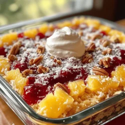 - 1 can (20 oz) crushed pineapple in juice, undrained - 1 can (21 oz) cherry pie filling - 1 box (15.25 oz) yellow cake mix - 1 cup unsalted butter, melted The combination of crushed pineapple and cherry pie filling creates a sweet and tangy flavor. The yellow cake mix forms a delightful, buttery topping. This cake is easy to make and perfect for a crowd. - 1 cup shredded coconut - 1 cup chopped pecans or walnuts - Whipped cream or vanilla ice cream for serving Adding shredded coconut gives a tropical twist. Chopped nuts add crunch and richness. Serve it warm with whipped cream or ice cream for a creamy contrast. - 9x13 inch baking dish - Mixing bowl - Fork or spatula These tools help you layer and mix the ingredients easily. A proper baking dish ensures even cooking, making cleanup simple. Using a fork or spatula helps combine the top layer without disturbing the fruit underneath. For the full recipe, please refer to the Cherry Pineapple Dump Cake section above. 1. Preheat the oven: Start by setting your oven to 350°F (175°C). This helps the cake bake evenly. 2. Layering the fruits: In a 9x13 inch baking dish, spread the crushed pineapple with its juice. Make sure it covers the bottom well. Next, spoon the cherry pie filling over the pineapple. Try to make an even layer. 1. Sprinkling the cake mix: Take the dry yellow cake mix and sprinkle it evenly over the fruit layers. This step is key for a nice, fluffy top. 2. Drizzling melted butter: Melt your cup of unsalted butter. Drizzle it over the cake mix, covering as much as possible. This adds richness and helps it to brown. 1. Baking time and temperature: Place the dish in the preheated oven. Bake for 40-45 minutes. Look for a golden brown top and bubbly edges. 2. Cooling period before serving: Once baked, let the cake cool for a few minutes. This makes it easier to serve. Enjoy it warm or at room temperature! For the full recipe, check out the instructions above! To get the best texture, even baking is key. Make sure your oven is at 350°F before you put the cake in. This helps the cake cook evenly. You can also check the cake halfway through. If the edges look brown, it’s time to rotate the dish. This way, every bite is soft and moist. When mixing the cake topping, sprinkle the dry cake mix evenly over the fruit. This creates a nice layer. Then, drizzle melted butter all over the top. It’s best to cover every part. This helps the cake to bake into a golden, crispy top. To amp up the flavor, you can add spices like cinnamon or nutmeg. A dash of these spices brings warmth to your cake. You might also try adding some citrus zest. Lemon or orange zest adds a bright taste. Just a bit can change the whole dish. Serving your cake warm makes it even better. A scoop of whipped cream or vanilla ice cream on top is a great idea. It melts slightly, creating a creamy contrast to the warm cake. For garnishing, sprinkle some chopped nuts on the whipped cream. This adds a nice crunch and looks pretty. You can also add a few cherries on top. This makes the dish inviting and fun to eat. {{image_2}} You can switch up the fruit in your Cherry Pineapple Dump Cake. Try using peach or blueberry pie filling instead of cherry. These fruits add a different taste and color. You can also mix in other canned fruits like sliced peaches or pears. Each fruit brings its own charm to the cake. Experimenting with flavors keeps your dessert fresh and exciting. If you want a lighter version, consider using a healthier cake mix. There are many options available that are lower in sugar and fat. You can also use sugar-free pie filling for a reduced-calorie treat. These swaps make it easier to enjoy this dessert while keeping health in mind. You can indulge without feeling guilty. For those who need gluten-free options, use a gluten-free cake mix. Many brands offer great flavors that work well. If you have nut allergies, simply skip the chopped pecans or walnuts. This way, you can still enjoy the cake without worry. Always check labels to ensure safety for your dietary needs. To keep your Cherry Pineapple Dump Cake fresh, use an airtight container. Glass or plastic containers work well. Make sure to let the cake cool before storing it. Store the cake in the fridge for the best taste. If you don't have an airtight container, cover it tightly with plastic wrap. To reheat the dump cake, the oven is best. Preheat your oven to 350°F (175°C). Place the cake in for about 10-15 minutes. This keeps the top nice and crispy. If you're short on time, you can use a microwave. Heat it in 20-30 second bursts. Check often to avoid overheating. Cherry Pineapple Dump Cake stays fresh for about 3-4 days in the fridge. After that, the taste and texture may change. Look for signs of spoilage, like a sour smell or mold. If you see any of these, it’s best to throw it away. Enjoy it while it’s still yummy! A dump cake is a simple dessert made by layering ingredients in a dish. You dump fruit at the bottom, add a dry cake mix on top, and pour melted butter over everything. You don’t mix it; just let it bake. This method makes it easy and fun for anyone to make a cake without complicated steps. Yes, you can make Cherry Pineapple Dump Cake ahead of time. Just prepare the layers in the dish but don’t bake it. Cover it with plastic wrap and store it in the fridge. When you are ready to serve, just pop it in the oven. Baking it fresh will give the best taste and texture. To make this recipe vegan or dairy-free, you can use a few simple swaps. Instead of butter, use a plant-based butter or coconut oil. Choose a vegan yellow cake mix. For the whipped cream, look for dairy-free options made with coconut or almond milk. These swaps will keep the dessert tasty and enjoyable for everyone. You can serve this dump cake with a variety of tasty items. Whipped cream or a scoop of vanilla ice cream adds a creamy touch. Fresh fruit like strawberries or blueberries makes a nice side. For drinks, consider pairing it with sweet tea or a fruity soda. Each option will enhance your dessert experience. This blog post explored how to make a Cherry Pineapple Dump Cake. We covered the main ingredients, like crushed pineapple and cake mix, and optional add-ins for flavor. I shared easy steps to prepare, bake, and serve, along with tips for the best texture and taste. With so many variations, you can create a dish to please everyone. Remember, whether you keep it classic or try something new, this dessert is sure to impress. Enjoy your baking adventure!