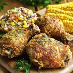 - 4 bone-in, skin-on chicken thighs - 4 chicken drumsticks - 1 cup buttermilk - Seasoning: - 1 teaspoon garlic powder - 1 teaspoon onion powder - 1 teaspoon smoked paprika - 1 teaspoon dried rosemary - 1 teaspoon dried thyme - 1 teaspoon salt - 1/2 teaspoon black pepper - 1 cup all-purpose flour - 1/2 cup cornmeal - 1/2 teaspoon cayenne pepper (optional) In this recipe, I use bone-in chicken thighs and drumsticks. The skin helps lock in moisture. It also adds a nice crunch. The buttermilk marinade makes the chicken tender and flavorful. You can mix garlic powder, onion powder, smoked paprika, dried rosemary, dried thyme, salt, and black pepper into the buttermilk. This gives the chicken a savory taste. For the coating, I use all-purpose flour and cornmeal. The cornmeal gives extra crunch. If you like a bit of heat, add cayenne pepper. You can find all these ingredients easily. They help you make the best oven-baked fried chicken. For the full recipe, check out the detailed steps later in the article. In a large bowl, mix the buttermilk, garlic powder, onion powder, smoked paprika, dried rosemary, dried thyme, salt, and black pepper. This mixture adds flavor and moisture. Place the chicken pieces in the bowl and coat them well. Cover the bowl and refrigerate for at least 2 hours or overnight. Marinating overnight gives the best flavor. Preheat your oven to 425°F (220°C). This high heat helps make the chicken crispy. Line a baking sheet with parchment paper or a wire rack. A wire rack allows hot air to circulate for even cooking. In a shallow dish, mix together the all-purpose flour, cornmeal, and cayenne pepper if you want some heat. This mixture will give your chicken a nice crunch. Take the chicken from the marinade and let any excess drip off. Dredge each piece in the flour mixture, making sure to cover it well. Shake off any extra flour to avoid a heavy coating. Place the coated chicken pieces on the lined baking sheet. Lightly spray them with cooking spray or drizzle with olive oil. This step helps the chicken crisp up nicely. Bake for 35-40 minutes or until the chicken is golden brown and cooked through. The inside should reach a safe temperature of 165°F (74°C). For an extra crispy finish, broil the chicken for 2-3 minutes. Keep an eye on it to avoid burning. Once done, remove it from the oven and let it rest for 5 minutes before serving. This resting time keeps the juices inside the chicken. Enjoy your flavorful and crispy oven-baked fried chicken! For the complete process, check the Full Recipe. To get that nice crunch, use a wire rack. The rack lifts the chicken, allowing hot air to circulate all around. This airflow helps the skin turn golden and crispy. Another key tip is to spray or drizzle the chicken with oil. This adds flavor while helping it brown perfectly. The chicken needs to reach an internal temperature of 165°F (74°C). This is key for food safety and ensures the meat is cooked through. After baking, let the chicken rest for about 5 minutes. This resting time keeps the juices inside, making each bite juicy and tender. To make your chicken even tastier, add extra herbs or spices to the marinade. You can try fresh parsley or a bit of cayenne for spice. Also, don’t be afraid to experiment with different coatings. Swap out cornmeal for crushed crackers or panko for a unique twist. Check the Full Recipe for more ideas! {{image_2}} You can change the flavor with different seasonings. - Spicy: Add more cayenne pepper or some chili powder for heat. - Herbaceous: Toss in fresh herbs like parsley or oregano for a fresh taste. If you need a gluten-free option, swap all-purpose flour with almond flour or any gluten-free flour. This keeps the meal tasty and safe for all diets. You can also try this recipe with different proteins. Use chicken wings or chicken breasts for variety. For a plant-based choice, tofu or tempeh works well. Each option gives a new twist to your meal. For a complete guide to making this dish, check the Full Recipe. Store leftover chicken in an airtight container in the fridge. This helps keep the chicken fresh. Consume within 3-4 days for the best taste. When reheating, use the oven to keep the chicken crispy. Preheat the oven to 350°F (175°C) and bake for about 10-15 minutes. You can also use the microwave for a quick option. However, it may not be as crispy. You can freeze cooked chicken for up to 3 months. Make sure to wrap it well to avoid freezer burn. Thaw your chicken in the fridge overnight before reheating. This keeps the meat juicy and tasty. For the best results, refer to the Full Recipe for guidance on cooking and storing. Yes, you can. Simply mix one cup of milk with one tablespoon of vinegar. Let it sit for five minutes. This will create a buttermilk substitute that works great. To ensure crispiness, use a wire rack. This allows hot air to circulate around the chicken. Also, make sure to oil the chicken lightly. Broiling for a few minutes at the end adds extra crunch. Marinate your chicken for at least two hours. For the best flavor, try to marinate it overnight. This allows the spices to soak in deeply and makes the chicken taste great. Yes, it is healthier. Oven-baked fried chicken uses less oil and fat compared to deep-frying. You still get that crispy texture, but with fewer calories and less grease. Great sides include coleslaw, corn on the cob, or mashed potatoes. These sides complement the chicken and make for a well-rounded meal. Enjoy the full recipe for a delicious dinner! To make crispy herb-infused oven baked fried chicken, follow these steps closely. This method ensures your chicken is both flavorful and crispy. 1. Marinate the Chicken: Start by mixing the buttermilk, garlic powder, onion powder, smoked paprika, dried rosemary, dried thyme, salt, and black pepper in a large bowl. Add the chicken thighs and drumsticks. Coat them well in the marinade. Cover the bowl and place it in the fridge. Let the chicken marinate for at least 2 hours or overnight. This helps the flavors seep in deeply. 2. Preheat the Oven: While the chicken marinates, preheat your oven to 425°F (220°C). Line a baking sheet with parchment paper or place a wire rack on top. A wire rack allows air to flow around the chicken, making it crispier. 3. Prepare the Coating: In a shallow dish, mix the all-purpose flour, cornmeal, cayenne pepper (if you want some heat), and a pinch of salt and pepper. Stir well to combine these ingredients. 4. Coat the Chicken: After marinating, take the chicken out of the fridge. Let the excess buttermilk drip off. Dredge each piece in the flour mixture. Press down to ensure a good coating, but shake off any extra flour. This coating is key for that crispy exterior. 5. Bake the Chicken: Place the coated chicken pieces on your prepared baking sheet or wire rack. Lightly spray them with cooking spray or drizzle with olive oil. This step helps achieve that perfect golden brown color. Bake in the preheated oven for 35-40 minutes. The chicken should reach an internal temperature of 165°F (74°C). 6. Crisp and Serve: If you like extra crispiness, broil the chicken for an additional 2-3 minutes at the end. This step is optional but highly recommended. Once done, let the chicken rest for about 5 minutes. This resting time allows the juices to settle, making each bite juicy and delicious. Enjoy your crispy, herb-infused oven baked fried chicken! For the full recipe, refer back to the ingredients and steps shared above. This blog post guides you through making crispy oven-baked fried chicken. Start with marinated chicken thighs and drumsticks, then coat them for that perfect crunch. You’ve seen how to achieve the best results, whether using a wire rack or trying flavor variations. Remember, let the chicken rest after baking for juiciness. Your baked chicken will impress friends and family when served warm. Enjoy your cooking adventure!