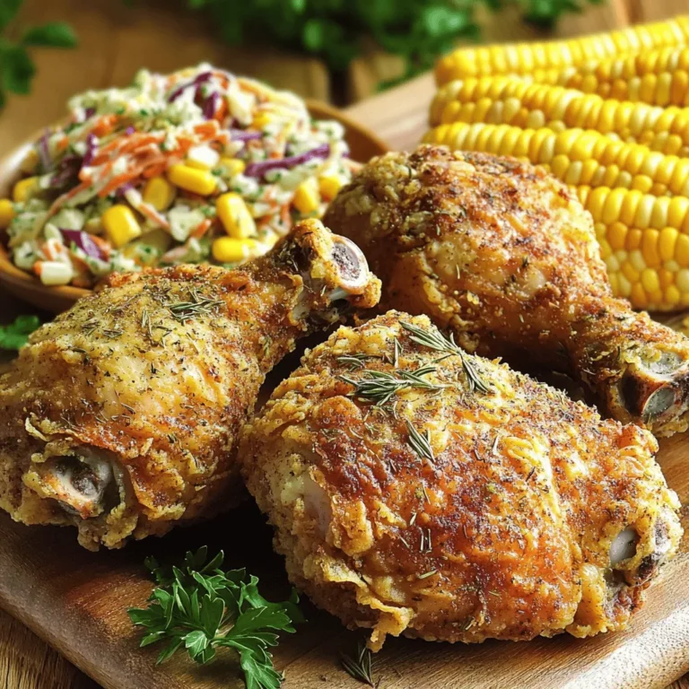 - 4 bone-in, skin-on chicken thighs - 4 chicken drumsticks - 1 cup buttermilk - Seasoning: - 1 teaspoon garlic powder - 1 teaspoon onion powder - 1 teaspoon smoked paprika - 1 teaspoon dried rosemary - 1 teaspoon dried thyme - 1 teaspoon salt - 1/2 teaspoon black pepper - 1 cup all-purpose flour - 1/2 cup cornmeal - 1/2 teaspoon cayenne pepper (optional) In this recipe, I use bone-in chicken thighs and drumsticks. The skin helps lock in moisture. It also adds a nice crunch. The buttermilk marinade makes the chicken tender and flavorful. You can mix garlic powder, onion powder, smoked paprika, dried rosemary, dried thyme, salt, and black pepper into the buttermilk. This gives the chicken a savory taste. For the coating, I use all-purpose flour and cornmeal. The cornmeal gives extra crunch. If you like a bit of heat, add cayenne pepper. You can find all these ingredients easily. They help you make the best oven-baked fried chicken. For the full recipe, check out the detailed steps later in the article. In a large bowl, mix the buttermilk, garlic powder, onion powder, smoked paprika, dried rosemary, dried thyme, salt, and black pepper. This mixture adds flavor and moisture. Place the chicken pieces in the bowl and coat them well. Cover the bowl and refrigerate for at least 2 hours or overnight. Marinating overnight gives the best flavor. Preheat your oven to 425°F (220°C). This high heat helps make the chicken crispy. Line a baking sheet with parchment paper or a wire rack. A wire rack allows hot air to circulate for even cooking. In a shallow dish, mix together the all-purpose flour, cornmeal, and cayenne pepper if you want some heat. This mixture will give your chicken a nice crunch. Take the chicken from the marinade and let any excess drip off. Dredge each piece in the flour mixture, making sure to cover it well. Shake off any extra flour to avoid a heavy coating. Place the coated chicken pieces on the lined baking sheet. Lightly spray them with cooking spray or drizzle with olive oil. This step helps the chicken crisp up nicely. Bake for 35-40 minutes or until the chicken is golden brown and cooked through. The inside should reach a safe temperature of 165°F (74°C). For an extra crispy finish, broil the chicken for 2-3 minutes. Keep an eye on it to avoid burning. Once done, remove it from the oven and let it rest for 5 minutes before serving. This resting time keeps the juices inside the chicken. Enjoy your flavorful and crispy oven-baked fried chicken! For the complete process, check the Full Recipe. To get that nice crunch, use a wire rack. The rack lifts the chicken, allowing hot air to circulate all around. This airflow helps the skin turn golden and crispy. Another key tip is to spray or drizzle the chicken with oil. This adds flavor while helping it brown perfectly. The chicken needs to reach an internal temperature of 165°F (74°C). This is key for food safety and ensures the meat is cooked through. After baking, let the chicken rest for about 5 minutes. This resting time keeps the juices inside, making each bite juicy and tender. To make your chicken even tastier, add extra herbs or spices to the marinade. You can try fresh parsley or a bit of cayenne for spice. Also, don’t be afraid to experiment with different coatings. Swap out cornmeal for crushed crackers or panko for a unique twist. Check the Full Recipe for more ideas! {{image_2}} You can change the flavor with different seasonings. - Spicy: Add more cayenne pepper or some chili powder for heat. - Herbaceous: Toss in fresh herbs like parsley or oregano for a fresh taste. If you need a gluten-free option, swap all-purpose flour with almond flour or any gluten-free flour. This keeps the meal tasty and safe for all diets. You can also try this recipe with different proteins. Use chicken wings or chicken breasts for variety. For a plant-based choice, tofu or tempeh works well. Each option gives a new twist to your meal. For a complete guide to making this dish, check the Full Recipe. Store leftover chicken in an airtight container in the fridge. This helps keep the chicken fresh. Consume within 3-4 days for the best taste. When reheating, use the oven to keep the chicken crispy. Preheat the oven to 350°F (175°C) and bake for about 10-15 minutes. You can also use the microwave for a quick option. However, it may not be as crispy. You can freeze cooked chicken for up to 3 months. Make sure to wrap it well to avoid freezer burn. Thaw your chicken in the fridge overnight before reheating. This keeps the meat juicy and tasty. For the best results, refer to the Full Recipe for guidance on cooking and storing. Yes, you can. Simply mix one cup of milk with one tablespoon of vinegar. Let it sit for five minutes. This will create a buttermilk substitute that works great. To ensure crispiness, use a wire rack. This allows hot air to circulate around the chicken. Also, make sure to oil the chicken lightly. Broiling for a few minutes at the end adds extra crunch. Marinate your chicken for at least two hours. For the best flavor, try to marinate it overnight. This allows the spices to soak in deeply and makes the chicken taste great. Yes, it is healthier. Oven-baked fried chicken uses less oil and fat compared to deep-frying. You still get that crispy texture, but with fewer calories and less grease. Great sides include coleslaw, corn on the cob, or mashed potatoes. These sides complement the chicken and make for a well-rounded meal. Enjoy the full recipe for a delicious dinner! To make crispy herb-infused oven baked fried chicken, follow these steps closely. This method ensures your chicken is both flavorful and crispy. 1. Marinate the Chicken: Start by mixing the buttermilk, garlic powder, onion powder, smoked paprika, dried rosemary, dried thyme, salt, and black pepper in a large bowl. Add the chicken thighs and drumsticks. Coat them well in the marinade. Cover the bowl and place it in the fridge. Let the chicken marinate for at least 2 hours or overnight. This helps the flavors seep in deeply. 2. Preheat the Oven: While the chicken marinates, preheat your oven to 425°F (220°C). Line a baking sheet with parchment paper or place a wire rack on top. A wire rack allows air to flow around the chicken, making it crispier. 3. Prepare the Coating: In a shallow dish, mix the all-purpose flour, cornmeal, cayenne pepper (if you want some heat), and a pinch of salt and pepper. Stir well to combine these ingredients. 4. Coat the Chicken: After marinating, take the chicken out of the fridge. Let the excess buttermilk drip off. Dredge each piece in the flour mixture. Press down to ensure a good coating, but shake off any extra flour. This coating is key for that crispy exterior. 5. Bake the Chicken: Place the coated chicken pieces on your prepared baking sheet or wire rack. Lightly spray them with cooking spray or drizzle with olive oil. This step helps achieve that perfect golden brown color. Bake in the preheated oven for 35-40 minutes. The chicken should reach an internal temperature of 165°F (74°C). 6. Crisp and Serve: If you like extra crispiness, broil the chicken for an additional 2-3 minutes at the end. This step is optional but highly recommended. Once done, let the chicken rest for about 5 minutes. This resting time allows the juices to settle, making each bite juicy and delicious. Enjoy your crispy, herb-infused oven baked fried chicken! For the full recipe, refer back to the ingredients and steps shared above. This blog post guides you through making crispy oven-baked fried chicken. Start with marinated chicken thighs and drumsticks, then coat them for that perfect crunch. You’ve seen how to achieve the best results, whether using a wire rack or trying flavor variations. Remember, let the chicken rest after baking for juiciness. Your baked chicken will impress friends and family when served warm. Enjoy your cooking adventure!