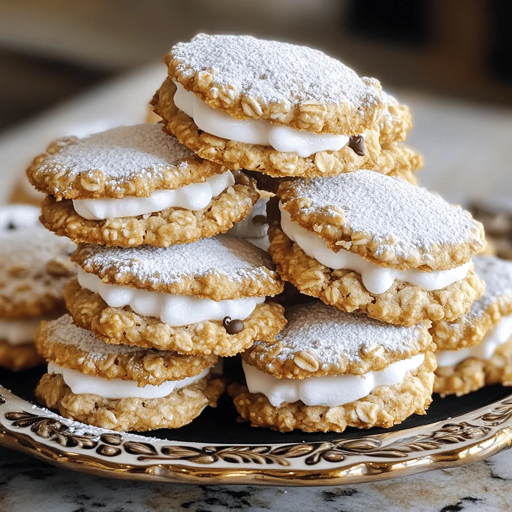 To make delicious oatmeal cream pies, gather these main ingredients: - 1 cup old-fashioned rolled oats - 1 cup all-purpose flour - 1/2 teaspoon baking soda - 1 teaspoon ground cinnamon - 1/2 teaspoon salt - 1/2 cup unsalted butter, softened - 1/2 cup brown sugar, packed - 1/4 cup granulated sugar - 1 large egg - 1 teaspoon vanilla extract - 1 cup marshmallow fluff - 1/2 cup powdered sugar - 1 teaspoon vanilla extract (for filling) These ingredients create a soft and chewy base. The oats give texture, while the butter and sugars add sweetness. You can enhance your oatmeal cream pies with these optional ingredients: - 1/2 cup mini chocolate chips Adding chocolate chips brings a rich, sweet flavor to the pies. Feel free to mix them in for extra delight. To make these treats, you will need: - Mixing bowls - Electric mixer - Baking sheets - Parchment paper - Wire racks - Tablespoon for scooping Having the right tools helps make the process smooth. With these, you will whip up these pies in no time! For the full recipe, check out the detailed instructions. First, you need to preheat your oven to 350°F (175°C). Use parchment paper to line two baking sheets. This helps prevent sticking and makes cleanup easy. In a medium bowl, mix the dry ingredients. Combine 1 cup of old-fashioned rolled oats, 1 cup of all-purpose flour, 1/2 teaspoon baking soda, 1 teaspoon ground cinnamon, and 1/2 teaspoon salt. Stir them well. In a large bowl, cream together 1/2 cup softened unsalted butter, 1/2 cup brown sugar, and 1/4 cup granulated sugar. Use an electric mixer for a light and fluffy texture. Then, add 1 large egg and 1 teaspoon vanilla extract. Mix until smooth. Now, gradually add the dry ingredients to the wet mixture. Stir until just combined. If you want, fold in 1/2 cup mini chocolate chips for extra flavor. Scoop tablespoons of dough onto the baking sheets. Keep them about 2 inches apart. Bake the cookies in your preheated oven for 10-12 minutes. They should be golden brown on the edges. After baking, let the cookies cool on the sheets for about 5 minutes. Then, move them to wire racks to cool completely. While they cool, you can prepare the cream filling following the Full Recipe. To get soft and chewy cookies, use old-fashioned rolled oats. They give a nice texture. Don't overmix the dough. Just mix until the ingredients blend. Bake the cookies until the edges are golden brown. The centers will firm up as they cool. This step is key to a perfect cookie. You can add spices to boost flavor. Try adding a dash of nutmeg or even a bit of ginger. For a fun twist, mix in mini chocolate chips. They melt slightly and add sweetness. You can also use brown sugar for a deeper flavor. The marshmallow filling pairs well with any added spices. One mistake is not measuring ingredients correctly. Always level off your flour. Another common error is baking cookies too long. Keep an eye on them; they should look set but not hard. Lastly, don’t skip cooling the cookies before adding the filling. This helps keep the cream from melting. For more details, check the Full Recipe. {{image_2}} You can change up the flavor of your oatmeal cream pies with ease. Here are some ideas: - Chocolate Chip: Add mini chocolate chips to the dough for a sweet surprise. - Nutty: Mix in chopped nuts, like walnuts or pecans, for added crunch. - Spiced: Try adding a pinch of nutmeg or ginger for a warm twist. - Coconut: Add shredded coconut to the dough for a tropical taste. Each flavor brings a new twist that keeps things fun and fresh. If you want to make your oatmeal cream pies a bit healthier, consider these swaps: - Whole Wheat Flour: Substitute all-purpose flour for whole wheat flour for more fiber. - Natural Sweeteners: Use honey or maple syrup instead of white sugar. - Greek Yogurt: Replace some butter with Greek yogurt for a lighter filling. - Dried Fruits: Add raisins or cranberries for natural sweetness and chewiness. These options keep the treat tasty while making it a bit better for you. Homemade oatmeal cream pies can fit any event. Here are some fun ideas: - Birthday Parties: Use colorful sprinkles in the filling for a festive touch. - Holiday Treats: Add seasonal spices like pumpkin spice for autumn. - Picnics: Pack them in lunch boxes for a sweet outdoor snack. - Homemade Gifts: Wrap them in clear bags with a ribbon for a delightful present. These suggestions help you enjoy oatmeal cream pies all year long. For the full recipe, check out the details above. To keep your oatmeal cream pies fresh, place them in an airtight container. This method helps keep the cookies soft and the cream filling fluffy. You can separate layers with parchment paper to avoid sticking. If you plan to eat them within a week, storing them at room temperature works well. You can freeze oatmeal cream pies for up to three months! To do this, assemble the pies and let them cool completely. Then, wrap each pie in plastic wrap. After wrapping, place them in a freezer-safe bag or container. When you want to enjoy them, let them thaw in the fridge or at room temperature. When stored properly, oatmeal cream pies last about a week at room temperature. If you freeze them, they can last for about three months. However, the texture and flavor are best enjoyed fresh. So, make a batch, share with friends, and save a few for later! If you want the full recipe for these tasty treats, check the Full Recipe above. You can make oatmeal cream pies gluten-free by swapping all-purpose flour with a gluten-free blend. Look for a blend that is designed for baking. This will keep the texture light and soft. It’s also wise to check that your oats are certified gluten-free. Some brands process oats in facilities that handle wheat, leading to cross-contamination. Using gluten-free oats ensures your pies are safe to eat. Yes, you can use quick oats instead of rolled oats. Quick oats will make your cookies a bit softer. They absorb moisture faster, which can change the texture slightly. If you prefer a chewier bite, stick with rolled oats. Both types will still produce a tasty treat, so choose based on your preference. If you don’t have marshmallow fluff, you can use whipped cream instead. This will give a lighter filling. Another option is to combine cream cheese with powdered sugar and vanilla. This mix adds a tangy flavor while keeping it creamy. Both substitutes work well in this recipe and add a fun twist to your oatmeal cream pies. You learned about making delicious oatmeal cream pies today. We covered key ingredients, tools needed, and step-by-step instructions. I shared tips for perfecting your cookies and avoiding common mistakes. You can also explore flavor variations and storage tips. In the end, enjoy creating your treats. Play with flavors, and impress your friends. A few simple steps can lead to great memories. Start baking today, and bring smiles to everyone!
