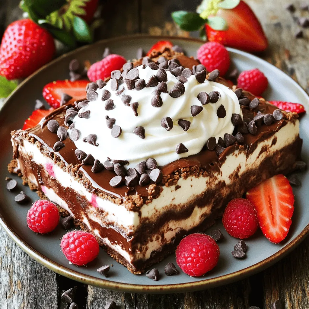 - 9 whole chocolate graham crackers - 2 cups whipped cream cheese - 1 cup powdered sugar - 1 teaspoon vanilla extract - 2 cups heavy whipping cream - 1 cup chocolate pudding mix (instant) - 2 ½ cups cold milk - ½ cup chocolate chips (for garnish) - Optional: Fresh strawberries or raspberries for garnish The key to a great chocolate lasagna lies in the ingredients. You want to pick fresh items for the best taste. When choosing chocolate graham crackers, look for brands with rich cocoa flavor. These add depth to the layers. Using fresh ingredients is vital. Fresh cream cheese and whipping cream make the dish creamier. Choose high-quality chocolate pudding mix. Some brands like Jell-O or instant pudding mixes are great. They ensure a smooth pudding layer. Always check the dates on your ingredients to ensure freshness. For the best results, quality matters. This dessert shines with great ingredients. It makes a big difference in flavor and texture. To make the cream cheese layer, start by mixing the cream cheese, powdered sugar, and vanilla extract in a bowl. Use a hand mixer to beat this mixture. Keep mixing until it becomes smooth and creamy. This step is key for a rich flavor and smooth texture. Aim for a consistency that spreads easily but holds its shape. Next, whip the heavy cream in a clean bowl. Use a mixer on medium speed until you see stiff peaks. This means the cream stands tall without falling. Stiff peaks give your chocolate lasagna a light and airy feel. When you finish whipping, gently fold the whipped cream into the cream cheese mixture. Use a spatula and make sure not to stir too hard. You want to keep the air in the cream for fluffiness. Now it's time to layer everything. Grab a rectangular baking dish. Start with three whole chocolate graham crackers at the bottom. Spread half of the cream cheese mixture over the crackers. Next, pour half of the chocolate pudding over this layer. Repeat the steps: add three more graham crackers, then the rest of the cream cheese mixture, followed by the remaining chocolate pudding. Finish with three more graham crackers on top. This creates a delicious stack of flavors. For a beautiful finish, cover the dish with plastic wrap and refrigerate it for at least 4-6 hours. Chilling helps all the layers set together perfectly. When you're ready to serve, you can whip some more cream for the top. Garnish it with chocolate chips and fresh strawberries or raspberries. This adds color and extra flavor to your dessert. To avoid a runny pudding layer, always use instant pudding mix. This mix thickens quickly when you add cold milk. Be sure to whisk it for the full two minutes. Let it sit for a few minutes to firm up more before layering. For a fluffier cream layer, whip your heavy cream until stiff peaks form. This means the cream holds its shape. When you fold it into the cream cheese mix, use a gentle motion. This keeps the mixture light and airy. When serving your chocolate lasagna, cut it into squares. Place each square on a pretty dessert plate. You can drizzle chocolate syrup over each piece for extra flair. Pair this dessert with a scoop of vanilla ice cream or a cup of coffee. The warm drink balances the cool, rich layers. For creative garnishing, try a drizzle of chocolate syrup on top. You can also sprinkle crushed nuts for a crunchy texture. To add a salted caramel layer, spread a thin layer between the cream and pudding. This sweet and salty combo takes your dish up a notch. You can also use fresh strawberries or raspberries as a colorful topping. For the full recipe, check out the detailed instructions above! {{image_2}} You can mix up the flavor of your chocolate lasagna. Try using vanilla pudding or butterscotch pudding instead of chocolate. This change gives a fun twist to the dessert. You can also use different types of chocolate. Dark chocolate adds a rich taste, while white chocolate brings a sweet touch. Each option adds its unique flavor, making it easy to please everyone. If you need a gluten-free option, use gluten-free graham crackers. Many brands offer great choices that work just as well. For a dairy-free version, try using alternatives like coconut cream or almond milk. You can also use dairy-free cream cheese. These swaps help everyone enjoy this treat. No matter your diet, you can still savor this chocolate delight. To keep your chocolate lasagna fresh, store it in the fridge. Use an airtight container or cover it well with plastic wrap. This method helps keep the layers intact and the flavors fresh. Your dessert can stay fresh in the fridge for about 3 to 5 days. After that, it may lose its nice taste and texture. If you want to freeze your chocolate lasagna, first, cut it into smaller squares. This makes it easier to thaw later. Wrap each piece tightly in plastic wrap, then place them in a freezer-safe bag. You can freeze it for up to two months. When it’s time to enjoy, move the lasagna to the fridge for a slow thaw overnight. Avoid thawing it at room temperature; this helps keep the texture. After thawing, it’s best to eat it within a day or two for the best taste. Yes, you can make Chocolate Lasagna ahead of time. I suggest chilling it for at least 4 to 6 hours. For best results, let it sit overnight. This extra time helps the layers blend and set. You will love how the flavors deepen in the fridge! You can substitute some ingredients. Here are a few common swaps: - Use regular graham crackers instead of chocolate ones for a lighter taste. - Swap cream cheese with ricotta for a creamier texture. - You can use almond milk or oat milk instead of regular milk for a dairy-free option. These changes may slightly alter the flavor, but they can still taste great! Look for a firm texture. When you press the top, it should feel solid, not jiggly. The layers should hold together well when cut. If it feels too soft, give it more time in the fridge. Chilling is key to getting that perfect slice! To wrap up, chocolate lasagna is easy and delicious. You learned about the key ingredients, like chocolate graham crackers and cream cheese. We covered how to mix, layer, and present this treat. Remember to use fresh ingredients for the best taste. Try new flavors and variations for fun. With these tips, your dessert will impress everyone. Follow the storage advice to keep leftovers tasty. Enjoy making and sharing this dessert with family and friends. Dive in and create your perfect chocolate lasagna!