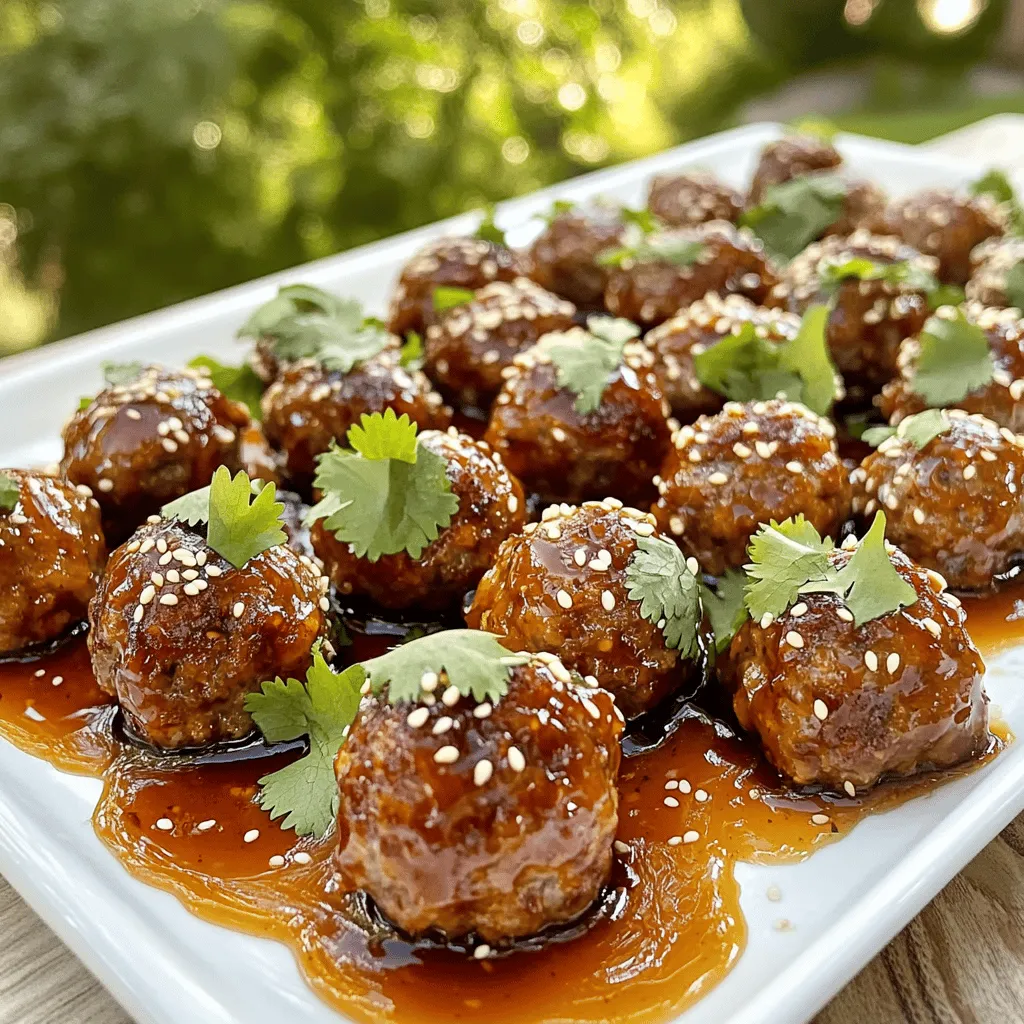 - 1 lb ground beef (or turkey for a lighter option) - 1/2 cup breadcrumbs (panko preferred for extra crispiness) - 1/4 cup grated Parmesan cheese - 1/4 cup finely chopped green onion - 1 large egg - 3 cloves garlic, minced - 1 teaspoon salt - 1/2 teaspoon black pepper - 1/4 cup honey - 1/4 cup Sriracha sauce - 1 tablespoon soy sauce (low sodium recommended) - 1 tablespoon rice vinegar To make Honey Sriracha meatballs, you need a mix of tasty ingredients. Ground beef or turkey serves as your base. I love using turkey for a lighter dish. Breadcrumbs add texture, and Parmesan cheese gives a nice flavor boost. Honey, Sriracha sauce, and soy sauce create that sweet and spicy kick. Garlic adds depth, while green onions bring freshness. The egg helps bind everything together, making the meatballs firm. - Fresh cilantro - Sesame seeds Garnishes make your dish look great. Fresh cilantro adds a pop of color and flavor. Sesame seeds add a nice crunch. Both also enhance the dish's presentation. For the full recipe, you can check the link provided earlier. Enjoy your cooking! Start by preheating your oven to 400°F (200°C). This step warms the oven, so the meatballs cook evenly. Next, line a baking sheet with parchment paper. This will help prevent sticking and make clean-up easy. Now, it's time to mix the ingredients. In a large mixing bowl, combine the following main ingredients: - 1 lb ground beef (or turkey for a lighter option) - 1/2 cup breadcrumbs (panko preferred for extra crispiness) - 1/4 cup grated Parmesan cheese - 1/4 cup finely chopped green onion - 1 large egg - 3 cloves garlic, minced - 1 teaspoon salt - 1/2 teaspoon black pepper Mix these ingredients well with your hands or a spatula. You want everything to blend nicely. After combining the meat mixture, shape it into 1-inch meatballs. Place them on the prepared baking sheet, leaving space between them. This helps them cook evenly. Now for the sauce. In a small bowl, whisk together: - 1/4 cup honey - 1/4 cup Sriracha sauce - 1 tablespoon soy sauce (low sodium recommended) - 1 tablespoon rice vinegar Brush half of this honey Sriracha sauce over the meatballs before baking. This gives them a nice flavor boost. Place the baking sheet in the oven and bake for 18-20 minutes. The meatballs should be cooked through and slightly browned. After baking, brush the meatballs with the remaining honey Sriracha sauce. Return them to the oven for an additional 5 minutes. Once done, let them cool for a few minutes. You can then garnish with sesame seeds and fresh cilantro. Enjoy the deliciousness of these Honey Sriracha Meatballs with family and friends! For detailed instructions, refer to the Full Recipe. To ensure even cooking, I recommend using a consistent size for your meatballs. Aim for 1-inch balls. This helps them cook at the same rate. Spacing the meatballs on the baking sheet is also key. Leave about an inch between each one. This allows hot air to circulate. Proper spacing gives you a nice, even brown on all sides. If you want to adjust spice levels, you can add more or less Sriracha. Start with a small amount and taste. You can always add more if needed. Consider adding extra herbs and spices to enhance the flavor. Fresh basil or cilantro can add brightness. A pinch of garlic powder or onion powder can deepen the taste. Experiment to find your perfect mix for the Honey Sriracha Meatballs. For a full recipe, check the details above. {{image_2}} If you want to change the meat, you can use turkey. Turkey gives a lighter taste and is lower in fat. You could also try plant-based meat for a vegan option. This choice is good for those who prefer not to eat meat. For breadcrumbs, consider gluten-free options. Look for gluten-free panko or crushed rice cereal. These options still give your meatballs a crispy texture. These meatballs pair well with rice or noodles. The sauce soaks into the grains, adding flavor. You can also serve them with a fresh salad for a healthy touch. For dipping sauces, think beyond just Sriracha. You can mix honey with soy sauce for a sweet twist. A tangy yogurt sauce also works well. This adds a cool contrast to the spicy meatballs. Explore the [Full Recipe] for more ideas on making these delicious meatballs! After you enjoy your Honey Sriracha meatballs, store leftovers in an airtight container. This keeps them fresh and tasty. Make sure they cool down before sealing the container. In the fridge, they last about 3 to 4 days. If you want them to stay safe to eat longer, try the freezing tips below. To freeze meatballs, let them cool completely first. Then, place them on a baking sheet in a single layer. Freeze until firm, about 1 to 2 hours. After that, move them to a freezer bag or airtight container. They can last up to 3 months in the freezer. When you’re ready to eat, just reheat them. You can microwave them or bake them in the oven at 350°F (175°C) until heated through. These tips help keep your Honey Sriracha meatballs delicious for future meals! If you want to try making these meatballs, check out the Full Recipe for step-by-step guidance. How long to cook Honey Sriracha Meatballs? You should bake these meatballs for about 18 to 20 minutes. Make sure they are cooked through and browned outside. Always check the internal temperature. It should reach 160°F for ground beef and 165°F for turkey. This way, you can enjoy safe and tasty meatballs. Can I make them ahead of time? Yes, you can! Prepare the meatballs and store them in the fridge for one day. You can also freeze them for up to three months. Just bake them when you are ready to enjoy. This makes it easy to have a quick meal ready whenever you want. Are they gluten-free? These meatballs are not gluten-free due to the breadcrumbs. If you need a gluten-free option, use gluten-free breadcrumbs. They work just as well and keep the meatballs tasty. Can I make them without honey? You can skip the honey. Try using maple syrup or agave nectar instead. This will keep the sweet flavor and balance the heat of the Sriracha. Feel free to experiment with other sweeteners that you enjoy. This post covered how to make tasty Honey Sriracha Meatballs. We talked about the main ingredients like ground beef, breadcrumbs, and honey. I shared step-by-step instructions for preparing and baking your meatballs. Tips for even cooking and flavoring upgrades were also included. Don’t forget about creative serving ideas and storage tips. Try these meatballs for a fun meal. Enjoying the cooking process will make your dish even better.