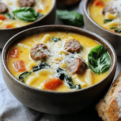 - Italian sausage (mild or spicy) - Fresh vegetables (onion, garlic, carrots, celery) - Canned tomatoes and broth - Ditalini pasta and cream - Seasonings and garnishes When I cook this creamy Parmesan Italian sausage ditalini soup, I love to use fresh ingredients. First, grab Italian sausage. You can choose mild or spicy, depending on your taste. The sausage gives a rich flavor to the soup. Next, gather fresh vegetables. I use one medium onion, two cloves of garlic, three diced carrots, and two diced celery stalks. These veggies add great texture and taste. They also make the soup colorful and inviting. You will need canned tomatoes and chicken broth. I prefer one can of diced tomatoes (14.5 oz) with juices. For broth, six cups of chicken broth work perfectly. This broth makes the soup hearty and comforting. Now, let’s talk about pasta. I use one cup of ditalini pasta. It’s small and fits well in the soup. For the creamy part, I add one cup of heavy cream. This makes the soup rich and smooth. Don’t forget the seasonings! You will need one teaspoon of Italian seasoning, plus salt and pepper for taste. Finally, fresh basil leaves make a lovely garnish at the end. For a complete guide, check the Full Recipe. 1. Sautéing the sausage and vegetables Start by heating a splash of olive oil in a big pot over medium heat. Add the Italian sausage. Use a spoon to break it up as it cooks. Aim for a nice brown color. Once cooked, take the sausage out and set it aside. Keep the tasty drippings in the pot. 2. Adding liquids and seasonings In the same pot, toss in the diced onion, carrots, and celery. Cook these veggies for about 5 to 7 minutes until they soften. Next, add the minced garlic. Stir for another minute until it smells great. Now, return the cooked sausage to the pot. Pour in the diced tomatoes and chicken broth. Sprinkle in the Italian seasoning. Let it simmer gently for about 10 minutes. 3. Cooking the pasta and finishing with cream Stir in the ditalini pasta and cook until it's al dente, which should take 8 to 10 minutes. After that, lower the heat. Pour in the heavy cream and grated Parmesan cheese. Mix until the cheese melts and the soup turns creamy. Season with salt and pepper to your taste. Finally, add the chopped spinach and stir until just wilted, about 2 minutes. For the full recipe, click here. Ladle the soup into bowls and garnish with fresh basil leaves and extra Parmesan if you like. Enjoy! - Best practices for browning sausage: Start with a hot pot. This helps the sausage brown well. Break the sausage into small pieces for even cooking. Let it sit for a minute before stirring. This builds flavor and color. - Timing for vegetables and pasta: Add the onions, carrots, and celery first. Sauté them until soft, then add garlic for the last minute. This brings out the best taste. When adding ditalini pasta, check the cooking time on the package. It usually cooks in about 8 to 10 minutes. Stir it often to keep it from sticking. - Garnishing techniques with basil and cheese: Use fresh basil leaves for a pop of color and flavor. Tear them for a rustic look. Add extra Parmesan on top for creaminess. This makes the soup look fancy and inviting. - Pairing ideas for bread and salad: Serve with crusty bread for dipping. Garlic bread or a warm baguette works well. A light salad with greens and a simple vinaigrette balances the meal. This adds freshness and crunch to your soup experience. For the full recipe, check out the details above. Enjoy your cooking! {{image_2}} You can easily swap out some ingredients in this soup. If Italian sausage isn't your thing, try ground turkey or chicken. These options are leaner and still add great flavor. For a vegetarian twist, consider using plant-based sausage. When it comes to veggies, you can mix and match. Try bell peppers, zucchini, or even corn. These will add color and taste. If you need a dairy-free option, use coconut milk instead of heavy cream. This will keep the soup creamy without any dairy. To boost the flavor, think about adding spices. A pinch of red pepper flakes can add some heat. Or, toss in fresh herbs like thyme or rosemary for an earthy touch. Cheese lovers can experiment with different cheeses. Try adding mozzarella for a stretchy texture or feta for a tangy kick. Each cheese will change the soup's flavor and richness. For even more depth, you might add a splash of lemon juice or a bit of balsamic vinegar. These bright flavors can balance the creaminess and make each bite exciting. For the full recipe, check out the details above. To keep your creamy Parmesan Italian sausage ditalini soup fresh, follow these tips: - Refrigeration: Store leftovers in the fridge within two hours of cooking. Use a shallow container for quick cooling. - Containers: Use airtight containers. Glass or BPA-free plastic works well. Label containers with the date for easy tracking. When it’s time to enjoy your soup again, here are some methods: - Stovetop Method: Pour the soup into a pot and heat over medium-low. Stir often to prevent sticking. This keeps the flavors intact. - Microwave Method: Transfer soup to a microwave-safe bowl. Cover loosely and heat in short intervals. Stir in between to warm evenly. Consider making this soup ahead of time. It tastes even better the next day as the flavors meld. Just follow the storage tips to keep it delicious! Can I use a different type of pasta? Yes, you can use other pasta shapes. Try small shells, elbows, or even orzo. Just adjust cooking time based on the pasta you choose. How do I make this soup thicker? To thicken your soup, you can add more heavy cream or grated cheese. You can also blend a portion of the soup and stir it back in for a creamier texture. What can I substitute for heavy cream? If you want a lighter option, use half-and-half or whole milk. For a dairy-free choice, coconut cream works well too. How long does this soup last in the fridge? This soup stays fresh for about 3 to 4 days in the fridge. Store it in an airtight container for best results. Can I make this soup vegetarian? Yes, you can make this soup vegetarian. Replace the sausage with plant-based sausage or mushrooms for a hearty flavor. Use vegetable broth instead of chicken broth. This blog post covered how to make a hearty soup using simple ingredients. We discussed the main components like sausage, fresh veggies, and pasta. I also shared tips for best cooking practices and serving ideas. You learned about variations and upgrades for flavors. Finally, proper storage and reheating methods maintain your soup's taste. Remember, cooking should be fun. Don’t hesitate to try new ingredients and make this soup your own! Enjoy the process and the delicious results.