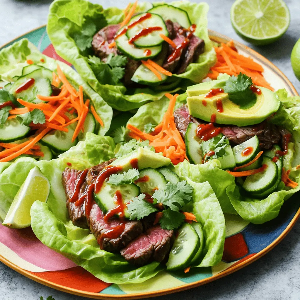 - 1 pound flank steak, thinly sliced - 2 tablespoons vegetable oil - 1 tablespoon soy sauce - 1 tablespoon Sriracha - 1 tablespoon honey - 1 teaspoon garlic powder - 1 teaspoon ginger powder - 1 teaspoon sesame oil - 1 cup shredded carrots - 1 cup cucumber, julienned - 1 avocado, sliced - 1 head of butter lettuce (or romaine), leaves separated - Fresh cilantro, for garnish - Lime wedges, for serving The main ingredients form the heart of the dish. Flank steak gives a rich flavor. It cooks well and stays tender. The vegetable oil ensures the steak does not stick when cooking. Soy sauce adds saltiness, while honey balances the heat from Sriracha. This combo creates a sweet and spicy mix. Next, we add some extra ingredients. Garlic powder gives a nice depth to the flavor. Ginger powder adds a fresh, zesty note. Sesame oil rounds out the taste with its nutty aroma. Shredded carrots and julienned cucumber add crunch and freshness. They also brighten the wraps. For garnishing, we need an avocado. Its creamy texture complements the steak well. The butter lettuce serves as the wrap, holding everything together. Fresh cilantro adds a pop of color and flavor. Lime wedges finish the dish, giving a zesty kick. To explore the full recipe, check out the [Full Recipe]. - In a bowl, combine the flank steak with vegetable oil, soy sauce, Sriracha, honey, garlic powder, ginger powder, and sesame oil. - Mix well to coat all steak slices evenly. - Cover the bowl and let it marinate for at least 30 minutes. For deeper flavor, marinate up to 2 hours in the fridge. - Heat a large skillet or grill over medium-high heat until hot. - Add the marinated steak in a single layer. - Cook for 3-4 minutes on each side. Aim for a nice brown color. - Remove from heat and let the steak rest for a couple of minutes. Slice into smaller pieces. - While the steak rests, wash the lettuce leaves gently and pat them dry. - Lay out the leaves on a serving platter. - Take a lettuce leaf, add a few pieces of cooked steak, and top with shredded carrots, cucumber, and avocado slices. - Sprinkle fresh cilantro over each wrap for added flavor. Serve with lime wedges for a zesty kick. For full details, check out the Full Recipe. Marinating your steak is key. It adds flavor and helps tenderize the meat. I suggest marinating for at least 30 minutes. For even better flavor, let it sit for up to two hours. When you cook the steak, aim for medium-rare. This gives a juicy texture. Cook each side for about 3-4 minutes. Use high heat to achieve a good sear. Let the steak rest before slicing. This keeps the juices inside. Toppings can really boost your wraps. Try shredded carrots, cucumber, and avocado. They add crunch and freshness. For extra zing, consider adding lime juice. Sriracha brings heat, so balance it well. If it’s too spicy, add a bit of honey. This sweetness can help cool the heat. You can also mix Sriracha with yogurt for a milder sauce. How you serve your wraps matters. Use a colorful platter to catch the eye. Arrange the wraps neatly. Drizzle some extra Sriracha around for flair. Add lime wedges and cilantro on the side. This not only looks good but also invites guests to add their own flavors. You want your dish to be as fun to look at as it is to eat! {{image_2}} You can easily switch the flank steak for chicken or tofu. Chicken gives a lighter taste, while tofu offers a great vegetarian option. For chicken, use thin slices of breast or thigh meat. For tofu, choose firm tofu and press it to remove excess water. Then, cut it into slices. Both options soak up the marinade well and keep the dish tasty. For a fun twist, consider using mushrooms. Portobello or shiitake mushrooms work great. Slice them and marinate just like the steak. They add a rich, earthy flavor. Want more heat? Adjust the Sriracha! Add extra Sriracha for a spicier kick. If you prefer less heat, reduce the amount. You can also mix in some sweet chili sauce. This adds a nice balance of heat and sweetness. To create unique flavors, try adding fresh herbs. Cilantro, mint, or basil can change the whole dish. You can also blend in spices like cumin or coriander. These spices enhance the taste and create new flavor profiles. Pair your wraps with side dishes for a complete meal. Fresh spring rolls or a light salad complement the wraps nicely. You can also serve them with a peanut dip or soy sauce for added flavor. For gatherings, serve the wraps on a large platter. Arrange all the ingredients separately. This way, guests can create their own wraps. It makes for a fun and interactive meal. For more ideas, check out the Full Recipe for Steak & Sriracha Lettuce Wraps. To keep your steak and Sriracha lettuce wraps fresh, wrap them tightly in plastic wrap or place them in an airtight container. This method helps prevent them from drying out. Try to store these wraps in the fridge for best results. They will stay good for about 2 days. After that, the lettuce may lose its crunch. When you want to enjoy your leftovers, take the steak and toppings out. You can reheat the steak in a skillet over medium heat for 2-3 minutes. This keeps it juicy and warm. Avoid microwaving the wraps as this can make the lettuce soggy. You can serve the reheated steak with fresh lettuce leaves and toppings. Yes, you can freeze the steak and toppings. It’s best to freeze them separately from the lettuce. Place the cooked steak and toppings in a freezer-safe bag. Remove as much air as possible before sealing. They can last up to 3 months in the freezer. When you’re ready to eat, thaw them in the fridge overnight. Then, reheat and assemble your wraps fresh. You can use several meats if you want a change. Skirt steak is a great choice. It has a similar texture and flavor. You can also try sirloin or ribeye. For a lower-cost option, use ground beef or ground turkey. If you want a meatless meal, try mushrooms. Portobello mushrooms work well and taste great. Yes, you can prep these wraps ahead of time. You can marinate the steak the night before. Just keep it in the fridge. Prepare the veggies and store them in airtight containers. Assemble the wraps just before serving. This way, they stay fresh and crisp. These wraps have a nice kick from Sriracha. The heat level can vary based on how much you use. If you want less heat, use less Sriracha. You can also mix in some yogurt or sour cream. This will cool down the spice. Adjust it to fit your taste. You learned how to make delicious Steak & Sriracha Lettuce Wraps. The key steps include marinating the flank steak, cooking it to perfection, and assembling the wraps with fresh veggies. Remember to balance the heat with toppings and adjust according to your taste. These wraps are fun to assemble and great for sharing. They also store well for later. Enjoy making and eating these tasty wraps; they are sure to impress!