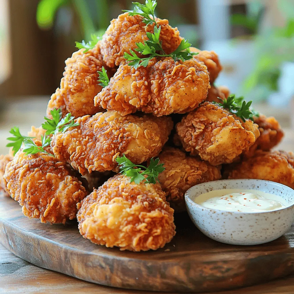 To make crispy fried chicken, gather these ingredients: - 1 whole chicken (about 3-4 lbs), cut into pieces - 2 cups buttermilk - 1 tablespoon hot sauce (optional) - 2 cups all-purpose flour - 1 teaspoon garlic powder - 1 teaspoon onion powder - 1 teaspoon paprika - 1 teaspoon dried thyme - 1 teaspoon salt - 1 teaspoon black pepper - 2 cups vegetable oil (for frying) - Fresh herbs (like parsley) for garnish Always choose fresh and high-quality ingredients. Fresh chicken has better flavor and texture. Use real buttermilk for a richer taste. Fresh herbs can boost the look and flavor of your dish. Quality oils also help with frying. They ensure even cooking and crispiness. You can add more flavor with these optional ingredients: - 1 teaspoon cayenne pepper for heat - 1 tablespoon Dijon mustard mixed in the buttermilk - 1 teaspoon dried oregano for an herbal touch - A splash of pickle juice in the marinade for tanginess You can find the full recipe to explore all the steps and tips for perfect crispy fried chicken. Start by marinating the chicken. This step adds flavor and makes the meat tender. In a large bowl, mix 2 cups of buttermilk with 1 tablespoon of hot sauce if you want some heat. Place your chicken pieces in the bowl, making sure they soak up the buttermilk. Cover the bowl and put it in the fridge. Let it sit for at least 2 hours. For the best taste, let it marinate overnight. The longer, the better! Next, you need to prepare the coating. In a clean bowl, combine 2 cups of all-purpose flour with 1 teaspoon each of garlic powder, onion powder, paprika, dried thyme, salt, and black pepper. This mix gives the chicken a flavorful and crispy shell. Stir it well to make sure the spices are even. After marinating, take the chicken out of the buttermilk. Let the excess buttermilk drip off. Then, coat each piece in the flour mix. Press it down well for a thick layer, and shake off any extra flour. Now, it’s time to fry the chicken. Heat 2 cups of vegetable oil in a large pot or deep frying pan over medium-high heat. Use a thermometer to check the oil temperature; it should reach 350°F (175°C). Carefully place the coated chicken into the hot oil. Don’t overcrowd the pan; this can make the chicken soggy. Fry the chicken in batches if needed. Cook each piece for about 12-15 minutes on each side. Look for a golden brown color and ensure the internal temperature hits 165°F (74°C). After frying, use a slotted spoon to move the chicken to a wire rack or paper towels. Let it rest for at least 5 minutes before serving. Enjoy your crispy fried chicken! To get that perfect crunch, marinate the chicken in buttermilk. This helps the coating stick well. Let it soak for at least two hours or overnight for the best flavor. When you coat the chicken, press the flour mix onto the meat. This extra pressure makes a thick crust. Fry the chicken in hot oil, around 350°F (175°C). This keeps the outside crispy while cooking the inside. Vegetable oil is great for frying chicken. It has a high smoke point, which means it can handle heat well. Peanut oil is another good choice. It adds a nice flavor and stays stable at high heat. You can also try canola oil. It is light and works well for frying. One big mistake is overcrowding the pan. This lowers the oil temperature and makes the chicken soggy. Always fry in batches if you have a lot. Another mistake is not drying the chicken well after marinating. Excess moisture can prevent crispiness. Lastly, make sure to let the fried chicken rest on a wire rack. This keeps it crispy by letting steam escape. For the full recipe, check the details above. {{image_2}} To make a spicy version, add heat to the mix. Start with the base recipe. Before you marinate, stir in 2 tablespoons of your favorite hot sauce into the buttermilk. This adds a kick that will excite your taste buds. You can also sprinkle cayenne pepper into the flour mix. Adjust the amount to match your spice level. If you prefer gluten-free, swap the all-purpose flour. Use almond flour or a gluten-free blend instead. They provide a nice texture and flavor. Just remember to check labels to ensure they meet your needs. Marinating the chicken stays the same, ensuring it remains juicy and flavorful. When it comes to breading, panko crumbs are a fun option. They create an extra crispy crust. To use panko, follow the base recipe but replace the flour with panko. For a classic taste, stick with all-purpose flour. Each option gives a tasty result, so feel free to experiment and find your favorite method. You can find the full recipe for crispy fried chicken at the beginning of this article. To keep your leftover fried chicken fresh, let it cool. Place it in an airtight container. This keeps moisture out and flavor in. You can also wrap pieces in foil or plastic wrap. Make sure to store it in the fridge. Enjoy your fried chicken within three days for the best taste. When you want to reheat your fried chicken, the oven works best. Preheat your oven to 375°F (190°C). Place chicken pieces on a baking sheet. Use a wire rack if you have one. This keeps air flow around the chicken. Bake for about 15-20 minutes. This method keeps the skin crispy and the meat juicy. You can also use an air fryer. Set it to 350°F (175°C). Cook for about 8-10 minutes. This method also helps to retain that crispy texture. If you want to store fried chicken for longer, freezing is a great option. First, let the chicken cool completely. Wrap each piece in plastic wrap or foil. Then, place them in a freezer bag. Squeeze out as much air as possible. Label the bag with the date. You can freeze your chicken for up to three months. When you're ready to eat it, thaw the chicken in the fridge overnight. Reheat using the oven or air fryer for the best results. For the complete recipe, check out the Full Recipe. To get your fried chicken crispy, the key is in the coating. Use a mix of flour and seasonings. Make sure you let the chicken marinate in buttermilk first. This helps the coating stick better. When you fry, use hot oil. Keep the temperature around 350°F (175°C). Fry in small batches so the chicken cooks evenly. Lastly, let it rest on a wire rack. This keeps the bottom from getting soggy. Yes, you can use skinless chicken. But, skinless chicken may not be as juicy. The skin helps keep the moisture in while frying. If you choose skinless, consider marinating longer. This adds more flavor and tenderness. You may also want to adjust your frying time. Skinless chicken cooks faster, so watch it closely. Crispy fried chicken pairs best with classic sides. Here are some great ideas: - Coleslaw - Mashed potatoes - Cornbread - Baked beans - Macaroni and cheese - Green beans These sides balance the rich flavors of the chicken. You can also serve a simple salad. It adds freshness to the meal. For a fun twist, try serving with pickles or dipping sauces. Enjoy your meal! For full details, check out the Full Recipe. You now have all you need to make crispy fried chicken at home. From choosing the best ingredients to mastering frying techniques, you’re set for success. I shared tips to get the crunch just right and avoid common pitfalls. You even learned about fun variations and proper storage. Use this guide to impress your family and friends. With practice, you’ll create fried chicken that shines at any meal. Happy cooking!