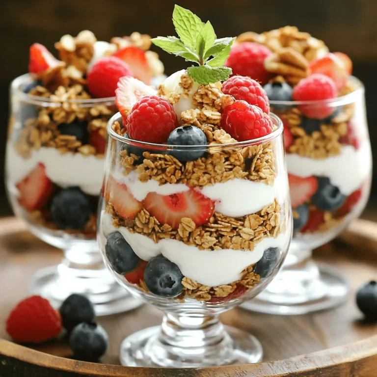 - Greek yogurt - Granola - Strawberries - Blueberries - Raspberries - Honey - Mint leaves