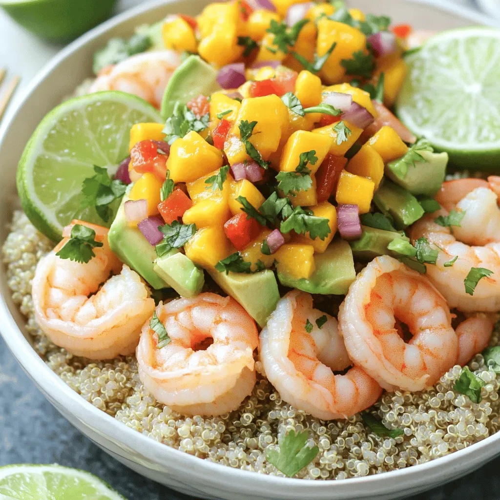 - 1 lb shrimp, peeled and deveined - 2 ripe avocados, diced - 1 cup cooked quinoa - 1 cup mango, diced - 1/2 red onion, finely chopped - Salt and pepper to taste - 1 red bell pepper, diced - 1 jalapeño, minced (optional) - Juice of 2 limes - 2 tablespoons olive oil - 1/4 cup fresh cilantro, chopped When I create these shrimp avocado bowls, I start with fresh ingredients. The shrimp must be juicy and sweet. I prefer using large shrimp for a nice bite. Avocados add creaminess and healthy fats, while mango brings sweetness. I use cooked quinoa as a hearty base. It is full of protein and adds a nutty flavor. Fresh cilantro gives the dish a bright taste, and lime juice ties everything together. For seasoning, I keep it simple with salt and pepper. If you like a kick, add jalapeño. The red bell pepper adds crunch and color, making the bowl even more appealing. For the full recipe, check out the details above. You will love how all these flavors blend together. Start by rinsing 1/2 cup of quinoa under cold water. This step removes the bitter coating called saponin. In a medium pot, combine the rinsed quinoa with 1 cup of water. Bring it to a boil. Once boiling, reduce the heat to low and cover. Let it simmer for about 15 minutes until the quinoa is fluffy and the water has absorbed. After cooking, remove it from the heat and let it cool slightly before using. In a medium bowl, combine diced mango, finely chopped red onion, diced red bell pepper, and minced jalapeño if you like heat. Add lime juice and chopped cilantro for a fresh kick. Mix all the ingredients well. Let the salsa sit for a bit. This resting time helps the flavors blend together nicely. Heat 2 tablespoons of olive oil in a large skillet over medium heat. Once the oil is hot, add the shrimp. Season them with salt and pepper. Cook the shrimp for about 2-3 minutes on each side. Look for them to turn pink and opaque. This means they are done. Remove the skillet from the heat. Grab your serving bowls. Start with a scoop of warm quinoa at the bottom of each bowl. On one side, add a few spoonfuls of cooked shrimp. On the other side, place the diced avocado. This colorful arrangement makes it look appetizing. Spoon the mango salsa generously over the shrimp and avocado in each bowl. This adds flavor and a vibrant look to your dish. Garnish each bowl with extra cilantro if desired. Serve the bowls with lime wedges on the side. This adds a zesty touch when you squeeze the lime over your meal. For the full recipe, check the section above. To make your bowls eye-catching, start with the quinoa. Spread it out to create a colorful base. Pile the shrimp and avocado high for a great look. Finally, top with a generous amount of mango salsa. For an extra punch, drizzle some fresh lime juice or olive oil over the top. This adds flavor and makes your dish shine. Cooking shrimp requires care. Do not overcook them. This ensures they stay juicy and tender. Cook them just until they turn pink and opaque, about 2-3 minutes per side. For the salsa, let it sit for a bit. This resting time helps the flavors blend and get stronger before serving. Want to amp up the flavor of your shrimp? Consider adding spices like paprika or garlic powder. They bring out the best in the shrimp. For the mango salsa, try adding fresh lime zest. This small addition gives it a fresh, zesty kick that brightens the dish. For the full recipe, visit the link to the Shrimp Avocado Bowls with Mango Salsa. {{image_2}} You can easily swap the shrimp for other proteins. Grilled chicken makes a great choice. It adds a smoky flavor. Tofu is another option for a plant-based meal. It absorbs flavors well. You can also use fish like tilapia or salmon. These options add a different taste and texture. Don't hesitate to get creative with veggies. Include corn or black beans for extra crunch. They also add fiber and nutrients. If you want a lighter bowl, swap avocado for cucumber. Cucumber gives a fresh taste and a nice crunch. Changing up the dressing can make a big difference. A yogurt-based dressing adds creaminess without heaviness. It pairs well with the shrimp and mango. You can also try coconut milk mixed with lime juice. This gives a tropical twist that brightens the dish. - Refrigerate in an airtight container for up to 2 days. - Keep mango salsa separate to maintain freshness. When I store leftovers, I make sure to use a tight container. This helps keep the shrimp and quinoa tasty. I always place the mango salsa in its own bowl. This way, it stays bright and fresh. - Cooked shrimp can be frozen for up to 3 months. - Quinoa can also be portioned and frozen for later use. If I want to save some shrimp for later, I place it in a freezer bag. I press out the air and seal it tight. I write the date on the bag, so I know when I froze it. Quinoa is easy to freeze too. I portion it into small bags for quick meals later. - Reheat quinoa and shrimp on the stovetop or microwave. - Avoid reheating avocado to maintain its texture. When I reheat, I like to use a pan on the stove. It warms the shrimp and quinoa evenly. If I use the microwave, I cover the bowl with a damp paper towel. I take care not to reheat the avocado. It can turn mushy if heated. Always add it fresh when I serve the dish. Prep time is 20 minutes, total time is around 30 minutes. This means you can enjoy a fresh meal in no time. Yes, you can prepare the quinoa and mango salsa in advance; just assemble before serving. This makes it great for busy days. Consider a side salad or tortilla chips with salsa for a complete meal. Both options add crunch and balance. Yes, this dish is perfect for meal prep, especially when stored separately. You can keep shrimp, quinoa, and salsa in different containers. Absolutely! Omit the jalapeño for a milder version or add more for heat. Tailor it to your taste! This article covered a tasty Shrimp Avocado Bowl with Mango Salsa. You learned about the fresh ingredients and simple steps to make it. Remember, it’s great for meal prep and easy to customize. You can swap shrimp for chicken or add more veggies. Don’t forget the tips for perfect cooking and storage. Enjoy making this dish and delight in its bright flavors. It’s a fun way to eat healthy and keep meals exciting. I hope you try this recipe soon!