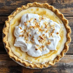 To make a creamy coconut cream pie, gather these ingredients: - 1 pre-baked 9-inch pie crust (store-bought or homemade) - 1 cup coconut milk - 1 cup whole milk - 1 cup shredded sweetened coconut (divided) - 3/4 cup granulated sugar - 1/3 cup cornstarch - 1/4 teaspoon salt - 3 large egg yolks - 2 tablespoons unsalted butter - 1 teaspoon vanilla extract - 1 cup heavy whipping cream - 2 tablespoons powdered sugar - Toasted coconut flakes for garnish Each part of this recipe plays a key role. The pie crust gives a nice crunch. The milks and egg yolks create a rich filling. The sugar adds sweetness, while the cornstarch thickens the mix. Coconut brings a tropical flavor, and the whipped cream on top adds a light touch. This pie serves eight. Each serving has about: - Calories: 400 - Total Fat: 28g - Saturated Fat: 18g - Cholesterol: 100mg - Sodium: 150mg - Total Carbohydrates: 37g - Dietary Fiber: 2g - Sugars: 23g - Protein: 4g These values can change based on the specific brands of ingredients you use. You can swap some ingredients if needed: - Use almond milk or oat milk for a dairy-free option. - For a gluten-free crust, use a gluten-free pie crust mix. - Replace sugar with your favorite sweetener, like honey or agave. - If you want a vegan version, use cornstarch and coconut cream instead of egg yolks and whole milk. These swaps keep the pie tasty while meeting your dietary needs. Be creative and enjoy making it your own! To make the filling, start by mixing coconut milk, whole milk, and half of the shredded coconut in a medium saucepan. Heat this mixture over medium heat. Stir it often until it's warm, but don’t let it boil. In a separate bowl, combine sugar, cornstarch, and salt. This mix helps thicken the filling. Next, whisk the egg yolks in another bowl until smooth. Slowly add the warm milk mixture to the yolks while whisking. This step is important to avoid cooking the eggs too fast. After mixing, pour everything back into the saucepan. Cook it over medium heat, stirring all the time, until it thickens. It should take about 5 to 7 minutes. You will know it's ready when it coats the back of a spoon. Once thick, remove the pan from the heat. Stir in butter and vanilla extract until they melt and blend well. Add the remaining shredded coconut to the filling and mix it in. Now, pour this creamy mixture into your pre-baked pie crust. Smooth it out evenly. Cover the pie with plastic wrap to keep it fresh. Place it in the fridge for at least 4 hours. This wait helps the pie set up properly. It needs to chill until firm. When you're ready to serve, grab a bowl and add heavy cream and powdered sugar. Beat these together until you see stiff peaks form. This means the cream is ready. You can either spread or pipe this whipped cream over the chilled pie. Finally, sprinkle toasted coconut flakes on top for a nice crunch and added flavor. This simple topping makes your pie look and taste even better. For the complete recipe, refer to the Full Recipe section. To get the best pie, you want a smooth filling. Cook the mixture slowly. Stir it often to avoid lumps. The filling thickens as it cooks. It should coat the back of a spoon well. If it seems too runny, let it cook a bit longer. Patience is key here! Whipping cream adds great texture. Start with cold cream for best results. Use a chilled bowl and beaters. This helps the cream whip faster. Beat on medium speed until it starts to thicken. Then, add powdered sugar for sweetness. Continue until you see stiff peaks. This means it is ready to top your pie! A soggy crust can ruin your pie. To avoid this, bake your crust first. Use pie weights to keep it flat while baking. This prevents it from puffing up. Let the crust cool completely before filling it. You can also brush the crust with egg wash. This helps seal it and keep it crispy. Follow these tricks for a perfect pie every time! {{image_2}} You can make a vegan coconut cream pie that tastes great! Replace the dairy milk with coconut milk or almond milk. Use cornstarch to help thicken the filling. Instead of eggs, use a mix of ground flaxseed and water. This mix binds well and gives a nice texture. For cream, use coconut cream or whipped coconut topping. This will keep the pie rich and creamy. If you need a gluten-free pie, choose a gluten-free pie crust. You can find these at stores or make one at home using gluten-free flour. The filling is naturally gluten-free with cornstarch. Just make sure all your ingredients are labeled gluten-free. This way, everyone can enjoy the pie! Want to make your coconut cream pie more fun? Add tropical flavors! Pineapple and mango go great with coconut. You can mix in some crushed pineapple with the filling. For mango, blend it into a puree and swirl it into the filling. This adds a bright taste and color. You can also top the pie with fresh fruit for a pop of color and flavor. For the full recipe, check out the Tropical Paradise Coconut Cream Pie! It’s simple and delicious, perfect for any occasion. To keep your coconut cream pie fresh, store it in the fridge. Place it in an airtight container or cover it with plastic wrap. This helps prevent the pie from drying out. Make sure the pie is fully chilled before storing. It’s best to eat it within a few days for the best taste. Coconut cream pie lasts about 3 to 4 days in the fridge. After that, the filling may lose its creamy texture. Always check for any signs of spoilage before eating. If it looks or smells strange, it's best to toss it. You can freeze coconut cream pie for up to 2 months. Wrap it tightly in plastic wrap and then in aluminum foil. This extra layer helps prevent freezer burn. When ready to eat, thaw the pie in the fridge overnight. Avoid refreezing once it’s thawed. For best results, enjoy it soon after thawing. For a full recipe, check out the Tropical Paradise Coconut Cream Pie. Yes, you can use canned coconut milk. It adds rich coconut flavor. Choose full-fat coconut milk for best results. This swap makes your pie creamy and delicious. Canned coconut milk is easy to find. Just ensure you shake the can well before using. You can make this pie without eggs by using cornstarch. Cornstarch acts as a thickener. Mix 1/3 cup of cornstarch with 1 cup of coconut milk instead of the egg yolks. Heat it gently to thicken, stirring often. This method keeps your pie creamy and smooth. Coconut cream is thicker and richer than coconut milk. It has less water and more fat. Coconut cream is great for desserts, while coconut milk is lighter. Use coconut cream for a creamier pie filling. They both come from the same coconut but differ in texture and use. This blog post covers how to make a delicious coconut cream pie from start to finish. You learned about each ingredient, how to whip up a rich filling, and tips for perfect results. You can also explore fun variations like vegan options and tropical twists. Remember to store your pie well for the best taste. This recipe is simple and allows for creativity. Enjoy making this tasty treat for yourself or loved ones!