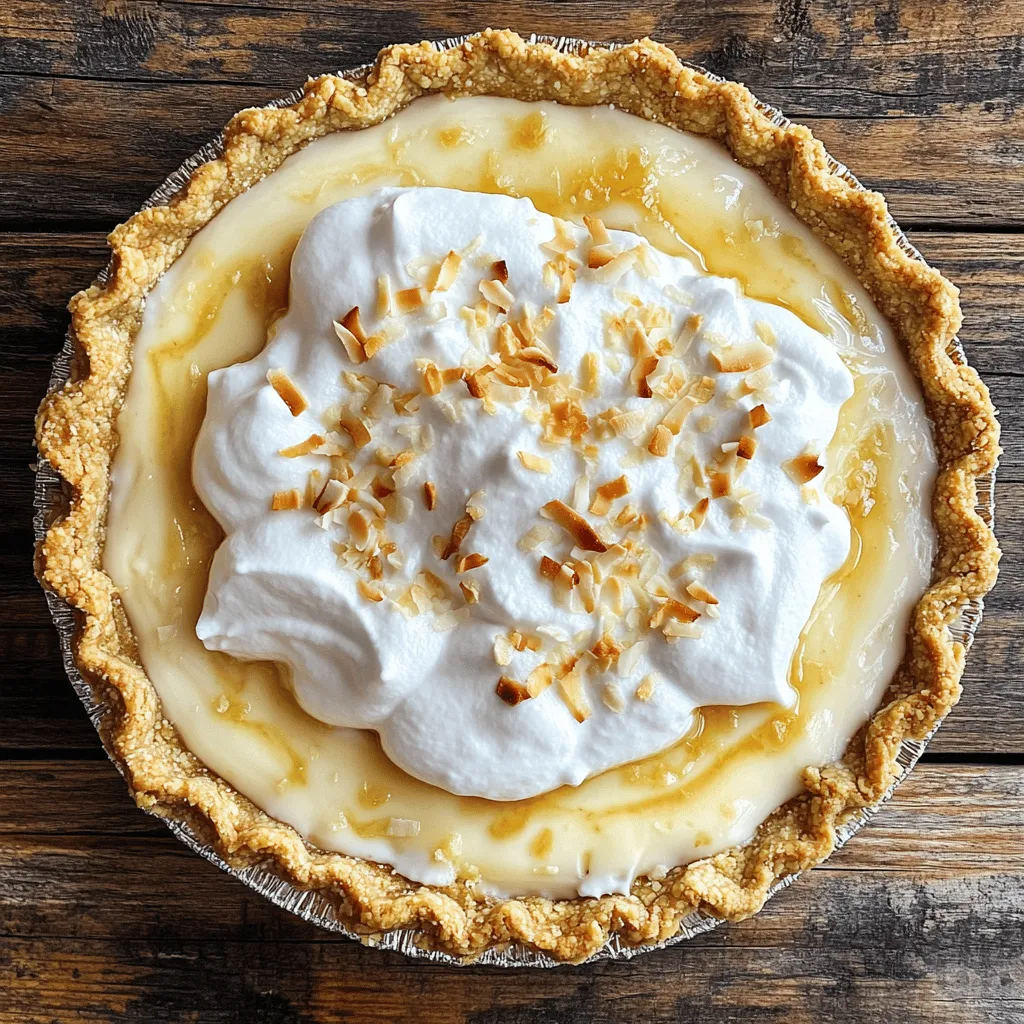To make a creamy coconut cream pie, gather these ingredients: - 1 pre-baked 9-inch pie crust (store-bought or homemade) - 1 cup coconut milk - 1 cup whole milk - 1 cup shredded sweetened coconut (divided) - 3/4 cup granulated sugar - 1/3 cup cornstarch - 1/4 teaspoon salt - 3 large egg yolks - 2 tablespoons unsalted butter - 1 teaspoon vanilla extract - 1 cup heavy whipping cream - 2 tablespoons powdered sugar - Toasted coconut flakes for garnish Each part of this recipe plays a key role. The pie crust gives a nice crunch. The milks and egg yolks create a rich filling. The sugar adds sweetness, while the cornstarch thickens the mix. Coconut brings a tropical flavor, and the whipped cream on top adds a light touch. This pie serves eight. Each serving has about: - Calories: 400 - Total Fat: 28g - Saturated Fat: 18g - Cholesterol: 100mg - Sodium: 150mg - Total Carbohydrates: 37g - Dietary Fiber: 2g - Sugars: 23g - Protein: 4g These values can change based on the specific brands of ingredients you use. You can swap some ingredients if needed: - Use almond milk or oat milk for a dairy-free option. - For a gluten-free crust, use a gluten-free pie crust mix. - Replace sugar with your favorite sweetener, like honey or agave. - If you want a vegan version, use cornstarch and coconut cream instead of egg yolks and whole milk. These swaps keep the pie tasty while meeting your dietary needs. Be creative and enjoy making it your own! To make the filling, start by mixing coconut milk, whole milk, and half of the shredded coconut in a medium saucepan. Heat this mixture over medium heat. Stir it often until it's warm, but don’t let it boil. In a separate bowl, combine sugar, cornstarch, and salt. This mix helps thicken the filling. Next, whisk the egg yolks in another bowl until smooth. Slowly add the warm milk mixture to the yolks while whisking. This step is important to avoid cooking the eggs too fast. After mixing, pour everything back into the saucepan. Cook it over medium heat, stirring all the time, until it thickens. It should take about 5 to 7 minutes. You will know it's ready when it coats the back of a spoon. Once thick, remove the pan from the heat. Stir in butter and vanilla extract until they melt and blend well. Add the remaining shredded coconut to the filling and mix it in. Now, pour this creamy mixture into your pre-baked pie crust. Smooth it out evenly. Cover the pie with plastic wrap to keep it fresh. Place it in the fridge for at least 4 hours. This wait helps the pie set up properly. It needs to chill until firm. When you're ready to serve, grab a bowl and add heavy cream and powdered sugar. Beat these together until you see stiff peaks form. This means the cream is ready. You can either spread or pipe this whipped cream over the chilled pie. Finally, sprinkle toasted coconut flakes on top for a nice crunch and added flavor. This simple topping makes your pie look and taste even better. For the complete recipe, refer to the Full Recipe section. To get the best pie, you want a smooth filling. Cook the mixture slowly. Stir it often to avoid lumps. The filling thickens as it cooks. It should coat the back of a spoon well. If it seems too runny, let it cook a bit longer. Patience is key here! Whipping cream adds great texture. Start with cold cream for best results. Use a chilled bowl and beaters. This helps the cream whip faster. Beat on medium speed until it starts to thicken. Then, add powdered sugar for sweetness. Continue until you see stiff peaks. This means it is ready to top your pie! A soggy crust can ruin your pie. To avoid this, bake your crust first. Use pie weights to keep it flat while baking. This prevents it from puffing up. Let the crust cool completely before filling it. You can also brush the crust with egg wash. This helps seal it and keep it crispy. Follow these tricks for a perfect pie every time! {{image_2}} You can make a vegan coconut cream pie that tastes great! Replace the dairy milk with coconut milk or almond milk. Use cornstarch to help thicken the filling. Instead of eggs, use a mix of ground flaxseed and water. This mix binds well and gives a nice texture. For cream, use coconut cream or whipped coconut topping. This will keep the pie rich and creamy. If you need a gluten-free pie, choose a gluten-free pie crust. You can find these at stores or make one at home using gluten-free flour. The filling is naturally gluten-free with cornstarch. Just make sure all your ingredients are labeled gluten-free. This way, everyone can enjoy the pie! Want to make your coconut cream pie more fun? Add tropical flavors! Pineapple and mango go great with coconut. You can mix in some crushed pineapple with the filling. For mango, blend it into a puree and swirl it into the filling. This adds a bright taste and color. You can also top the pie with fresh fruit for a pop of color and flavor. For the full recipe, check out the Tropical Paradise Coconut Cream Pie! It’s simple and delicious, perfect for any occasion. To keep your coconut cream pie fresh, store it in the fridge. Place it in an airtight container or cover it with plastic wrap. This helps prevent the pie from drying out. Make sure the pie is fully chilled before storing. It’s best to eat it within a few days for the best taste. Coconut cream pie lasts about 3 to 4 days in the fridge. After that, the filling may lose its creamy texture. Always check for any signs of spoilage before eating. If it looks or smells strange, it's best to toss it. You can freeze coconut cream pie for up to 2 months. Wrap it tightly in plastic wrap and then in aluminum foil. This extra layer helps prevent freezer burn. When ready to eat, thaw the pie in the fridge overnight. Avoid refreezing once it’s thawed. For best results, enjoy it soon after thawing. For a full recipe, check out the Tropical Paradise Coconut Cream Pie. Yes, you can use canned coconut milk. It adds rich coconut flavor. Choose full-fat coconut milk for best results. This swap makes your pie creamy and delicious. Canned coconut milk is easy to find. Just ensure you shake the can well before using. You can make this pie without eggs by using cornstarch. Cornstarch acts as a thickener. Mix 1/3 cup of cornstarch with 1 cup of coconut milk instead of the egg yolks. Heat it gently to thicken, stirring often. This method keeps your pie creamy and smooth. Coconut cream is thicker and richer than coconut milk. It has less water and more fat. Coconut cream is great for desserts, while coconut milk is lighter. Use coconut cream for a creamier pie filling. They both come from the same coconut but differ in texture and use. This blog post covers how to make a delicious coconut cream pie from start to finish. You learned about each ingredient, how to whip up a rich filling, and tips for perfect results. You can also explore fun variations like vegan options and tropical twists. Remember to store your pie well for the best taste. This recipe is simple and allows for creativity. Enjoy making this tasty treat for yourself or loved ones!