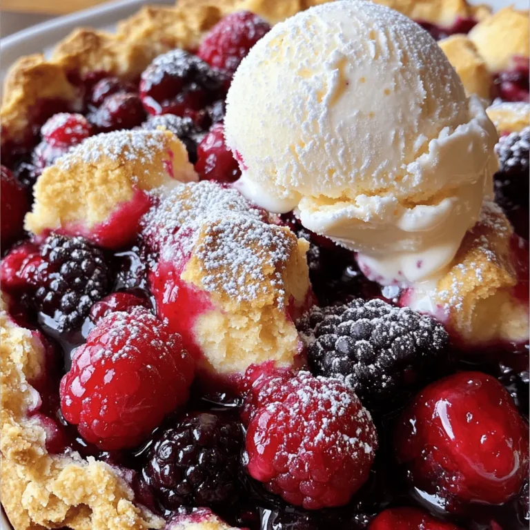 To make a tasty berry cobbler, you need the following key ingredients: - 2 cups mixed berries (strawberries, blueberries, raspberries) - 3 tablespoons sugar (divided) - 1 tablespoon lemon juice - 1 teaspoon vanilla extract - 1 teaspoon cornstarch (optional, for thickening) - 1 cup all-purpose flour - 2 teaspoons baking powder - 1/4 teaspoon salt - 1/4 cup cold unsalted butter, cubed - 1/2 cup milk - 1/2 teaspoon ground cinnamon (optional) These simple ingredients come together to create a warm, comforting dessert. The mixed berries give the cobbler its bright flavors and colors. You can use a few extra ingredients to boost the taste of your cobbler: - 1/2 teaspoon ground nutmeg - 1 tablespoon honey or maple syrup - A splash of almond extract These additions can add depth to your cobbler. For instance, nutmeg can bring warmth, while honey adds a nice sweetness. Choosing the right berries is key to a great cobbler. Here are some tips: - Look for firm berries without bruises or soft spots. - Choose berries that are bright in color. - Smell the berries; they should have a sweet, fruity scent. - Buy organic if possible, to avoid pesticides. Fresh berries will make your cobbler taste even better. Trust your senses to pick the best ones. For a full recipe, check the Berry Bliss Cobbler. First, gather your mixed berries. You can use strawberries, blueberries, and raspberries. Place them in a bowl. Add 1 tablespoon of sugar, 1 tablespoon of lemon juice, and 1 teaspoon of vanilla extract. Mix them gently. This helps to brighten the berry flavors. If you want a thicker filling, sprinkle in cornstarch. Toss the mixture until the berries are well coated. Once mixed, pour it into your greased baking dish. In a clean bowl, combine 1 cup of flour, 2 teaspoons of baking powder, and 1/4 teaspoon of salt. If you like, add 1/2 teaspoon of ground cinnamon for warmth. Mix it all together. Cut 1/4 cup of cold butter into small cubes. Add the butter to the flour mix. Use your fingers or a pastry cutter to blend it until you see coarse crumbs. Then, pour in 1/2 cup of milk. Stir gently until just combined. The batter should be a bit lumpy, which is okay. Now, spoon dollops of the batter over the berry mix in the dish. Spread it evenly but let some berries peek through. Preheat your oven to 350°F (175°C) and place the dish in the oven. Bake for 30-35 minutes. The top should turn golden brown. To check if it’s done, insert a toothpick in the center. It should come out clean. After baking, let the cobbler cool for about 10 minutes. This helps the juices settle and makes it easier to serve. For a special touch, serve it warm with ice cream or whipped cream. Enjoy your Berry Bliss Cobbler! For the full recipe, check the details above. To get the best texture for your cobbler, focus on the batter. You want it to be thick but not dry. Mix the flour, baking powder, and sugar well. When you add the cold butter, cut it in until it looks like coarse crumbs. This helps your topping rise and stay fluffy. Don't overmix when you add the milk. A few lumps are okay. This keeps the cobbler soft and tender. One common mistake is using too much liquid in the berry mix. This can make the cobbler soggy. Stick to the recipe and use just enough sugar and lemon juice. Another mistake is overbaking. Check your cobbler around the 30-minute mark. If the top is golden and a toothpick comes out clean, it’s done. Trust your eyes and nose; they can guide you. Serving your berry cobbler is fun! I like to serve it warm, right out of the oven. A scoop of vanilla ice cream on top is a must. The cold ice cream melts into the warm cobbler, creating a tasty mix. If you want to impress, dust the top with powdered sugar. It adds a lovely touch. For a twist, try whipped cream instead of ice cream. Enjoy this dessert with family or friends; it’s a hit every time! {{image_2}} You can mix different berries for a unique taste. I love using strawberries, blueberries, and raspberries. This combo gives a nice balance of sweet and tart flavors. Just toss two cups of your favorite berries with sugar, lemon juice, and vanilla. This mix makes a perfect base for your cobbler. Want a gluten-free version? You can easily swap all-purpose flour for a gluten-free blend. Look for a mix that contains xanthan gum. This helps mimic the texture of regular flour. The rest of the recipe stays the same. You will still enjoy a warm, fruity dessert that everyone loves. Using seasonal berries can make your cobbler even better. In spring and summer, try fresh strawberries and blueberries. In fall, you might like to add blackberries or cranberries. Each season offers new flavors, so have fun experimenting. Don't be afraid to mix and match to find your perfect berry blend. For the full recipe, check out the Berry Bliss Cobbler. After enjoying your berry cobbler, store any leftovers in an airtight container. This keeps it fresh. You can leave it at room temperature for up to two days. If you need to keep it longer, place it in the fridge. It will stay good for about five days. Make sure it cools before you cover it. To freeze your berry cobbler, let it cool completely first. Then, cut it into squares. Wrap each piece tightly in plastic wrap. Place them in a freezer-safe bag or container. This keeps them from getting freezer burn. You can freeze your cobbler for up to three months. When ready to eat, just thaw it in the fridge overnight. To reheat your berry cobbler, preheat your oven to 350°F (175°C). Place the cobbler in a baking dish. Cover it with foil to prevent it from drying out. Heat for about 15-20 minutes. If you want to warm it quickly, use the microwave. Heat in short bursts of 30 seconds. Be careful; it can get hot fast! Enjoy your warm cobbler again! For more details, check the Full Recipe. Yes, you can use frozen berries for berry cobbler. They work well and save time. Just remember to thaw them first. Drain excess juice to avoid a soggy cobbler. Frozen berries are often picked at peak ripeness. This means they can taste just as good as fresh ones. They also don’t spoil quickly, making them a great option. To make berry cobbler without sugar, try using natural sweeteners. You can use honey, maple syrup, or agave nectar. Just remember to adjust the amount. Start with half the amount of sweetener compared to sugar. This helps keep the balance of flavors right. You can also rely on the natural sweetness of ripe berries. Adding spices like cinnamon or nutmeg can enhance the taste, too. The best berries for cobbler are those that are ripe and flavorful. I love using a mix of strawberries, blueberries, and raspberries. Each type adds a unique taste to the cobbler. Blackberries also work great if you enjoy their tartness. When selecting berries, look for bright colors and firm textures. Avoid any that are mushy or have mold. Fresh berries will give your cobbler the best flavor. For the full recipe, check out the Berry Bliss Cobbler. In this blog post, we covered the essential ingredients and steps for making a delicious berry cobbler. We looked at how to select fresh berries, prepare the mixture, and bake it perfectly. I also shared tips to enhance the flavor and texture, along with common mistakes to avoid. Don't forget the variations and storage tips to keep your cobbler fresh. With these insights, making a berry cobbler becomes easy and fun. Enjoy your baking journey and savor every bite of your creation!