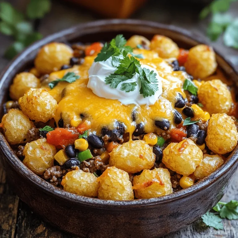 To make Easy Cowboy Casserole, gather these ingredients: - 1 pound ground beef - 1 medium onion, diced - 2 cloves garlic, minced - 1 can (15 oz) black beans, drained and rinsed - 1 can (15 oz) corn, drained - 1 can (10.5 oz) diced tomatoes with green chilies - 1 cup shredded cheddar cheese - 1 cup milk - 1 teaspoon chili powder - 1 teaspoon cumin - 1/2 teaspoon salt - 1/4 teaspoon black pepper - 1 package (1.5 oz) tater tots These ingredients combine to create a hearty meal. The ground beef gives rich flavor. The black beans and corn add texture and nutrition. You can swap some ingredients based on what you have at home. Here are a few ideas: - Ground beef: Use ground turkey or chicken for a lighter option. - Black beans: Any canned beans work. Try pinto or kidney beans. - Diced tomatoes: Use plain diced tomatoes if you prefer less spice. - Cheddar cheese: Mozzarella or Monterey Jack cheese can work well too. - Tater tots: Frozen hash browns or even homemade ones can substitute. These swaps keep the dish tasty while using what you have. To make this casserole, you will need: - Large skillet - Mixing bowl - Whisk - 9x13 inch casserole dish - Wooden spoon or spatula Having the right tools makes cooking easier and more fun. You will find these tools in most kitchens. Start by gathering all your ingredients. This makes cooking easier and faster. You need ground beef, onion, garlic, black beans, corn, diced tomatoes, cheese, milk, and spices. Chop the onion and garlic. Open and drain the beans and corn. 1. Preheat your oven to 375°F (190°C). 2. In a large skillet, brown 1 pound of ground beef over medium heat. 3. Add the diced onion and minced garlic. Cook until the onion is soft, about 5 minutes. 4. Stir in the black beans, corn, and diced tomatoes. Add 1 teaspoon chili powder, 1 teaspoon cumin, 1/2 teaspoon salt, and 1/4 teaspoon black pepper. Mix well. Let this simmer for 5-7 minutes. 5. In a bowl, mix 1 cup of milk with half of the 1 cup of shredded cheddar cheese. Whisk until smooth. 6. Grease a 9x13 inch casserole dish. Spread the beef mixture evenly on the bottom. 7. Pour the milk and cheese mixture over the beef. 8. Arrange a package of tater tots in a single layer on top. 1. Bake in the preheated oven for 25-30 minutes. Look for crispy and golden tater tots. 2. After baking, sprinkle the remaining cheese on top. 3. Return to the oven for an extra 5 minutes until the cheese is bubbly. 4. Let it cool for a few minutes before serving. This recipe offers a simple and tasty meal for families. Enjoy your Easy Cowboy Casserole! For the full recipe, check out the details above. To boost the flavor of your Easy Cowboy Casserole, focus on seasoning. Start with fresh herbs like cilantro or parsley. Add them at the end for bright taste. Use a good quality chili powder and cumin. These spices give warmth and depth. You can also add a splash of hot sauce for heat. Experiment with seasoning to find your favorite mix. Cooking time is key to a perfect casserole. Bake it at 375°F (190°C) for 25-30 minutes. That’s just enough time for the tater tots to get crispy. You want them golden brown and crunchy. If you want more melting cheese, add it in the last 5 minutes. Keep an eye on it to avoid overcooking. Tater tots add a fun crunch to the casserole. Make sure they are in a single layer on top. This helps them cook evenly. If you want extra crispiness, try pre-baking the tater tots for a few minutes first. This little step makes a big difference. For a twist, you can even use seasoned tots for extra flavor. {{image_2}} You can make a vegetarian version of the cowboy casserole. Swap the ground beef for a mix of veggies. Use mushrooms, zucchini, and bell peppers to add flavor. For protein, add black beans or lentils. Keep the rest of the ingredients the same. You will still enjoy the creamy texture and cheesy goodness. If you like heat, add more peppers. Chop up jalapeños or serranos and mix them in with the beef. You can also sprinkle some red pepper flakes for extra spice. This adds a fun kick to the dish. Your family may love this spicy twist! Change up the cheese to create new flavors. Try pepper jack for a bit of heat. Monterey Jack adds a mild flavor that pairs well with the other ingredients. You could even mix different cheeses for a unique taste. This small change will make your casserole feel fresh and exciting. For the full recipe, check out the Easy Cowboy Casserole. After you enjoy your Easy Cowboy Casserole, store the leftovers right away. Let the casserole cool to room temperature first. Use an airtight container to keep it fresh. This will prevent it from drying out. You can keep it in the fridge for about 3 to 4 days. Make sure to label the container with the date. This way, you know when to eat it. When you're ready to eat the leftovers, reheating is simple. Preheat your oven to 350°F (175°C). Place the casserole in an oven-safe dish. Cover it with aluminum foil to keep it moist. Heat for about 20 minutes or until warm. You can also use the microwave if you’re in a hurry. Just heat in short bursts, stirring in between. This helps it heat evenly. If you want to save some for later, freezing is a great option. First, cool the casserole completely. Then, portion it into smaller containers or freezer bags. Remove as much air as you can to avoid freezer burn. Label each bag with the date. You can freeze it for up to 3 months. When you're ready to eat, thaw it in the fridge overnight before reheating. This helps it taste just as good as fresh. You can serve many tasty sides with Easy Cowboy Casserole. A fresh green salad adds crunch. You can also serve garlic bread for a nice touch. For those who like a bit of spice, jalapeño cornbread is a great option. Pairing it with simple pickles or coleslaw works well too. These sides balance the rich flavors of the casserole. Yes, you can make Easy Cowboy Casserole ahead of time. Prepare the casserole up to the baking step. Cover it and place it in the fridge for up to 24 hours. When you are ready, bake it straight from the fridge. Just add a few extra minutes to the baking time. This makes meal prep easy and saves time on busy nights. Absolutely! Easy Cowboy Casserole is very kid-friendly. Kids love the cheesy tater tots on top. The flavors are mild, which suits young palates. Plus, it’s a fun dish that encourages kids to eat their veggies. You can let them help sprinkle cheese or arrange the tater tots. It’s a great way to get kids involved in cooking. Easy Cowboy Casserole combines simple ingredients and clear steps for a tasty meal. You can switch things up with vegetarian options or add spice to fit your taste. Store leftovers properly for future enjoyment, and reheating is a breeze. This dish is perfect for all ages, making it a family favorite. Enjoy your cooking journey and feel free to adapt the recipe to your liking. Find joy in every bite of this delightful casserole!