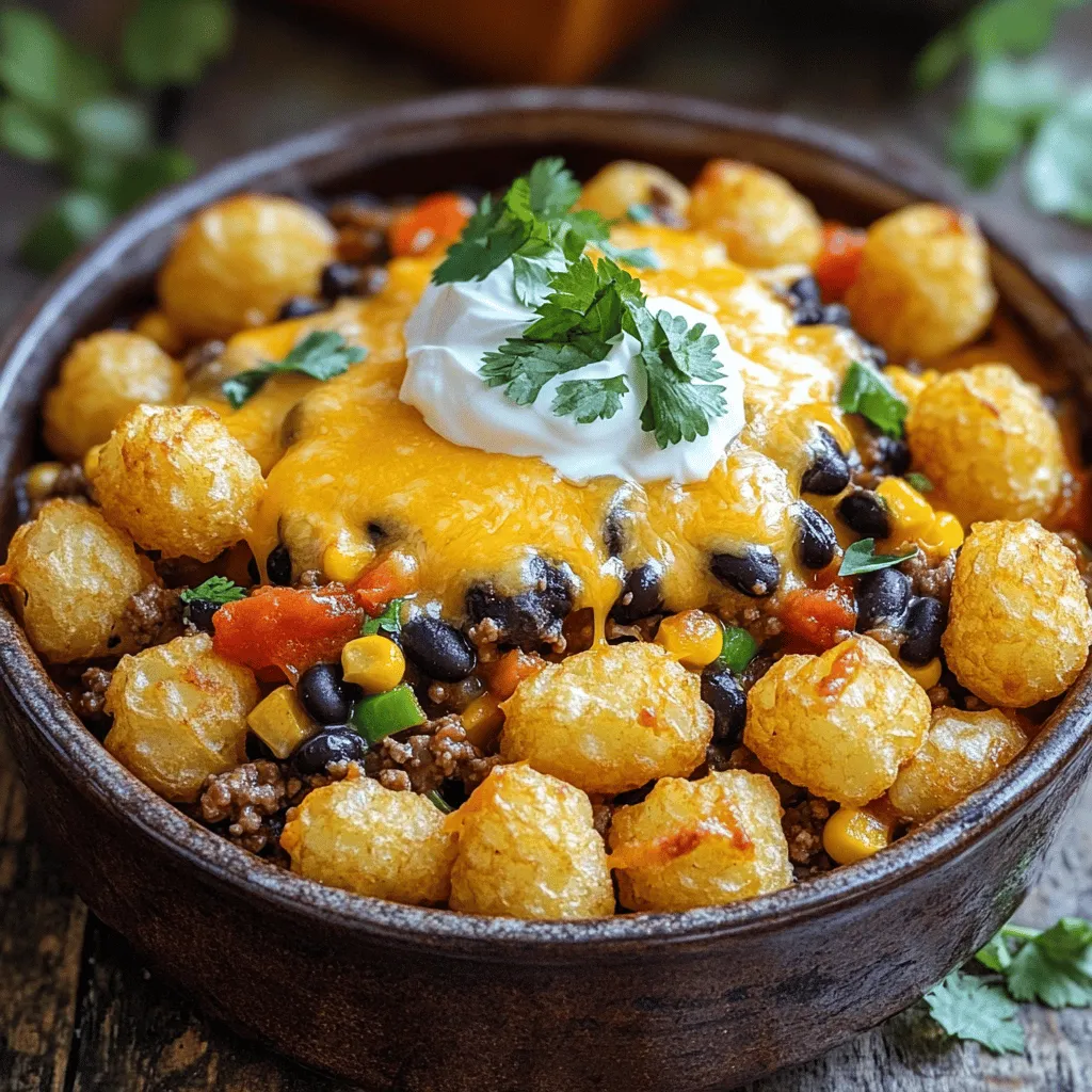 To make Easy Cowboy Casserole, gather these ingredients: - 1 pound ground beef - 1 medium onion, diced - 2 cloves garlic, minced - 1 can (15 oz) black beans, drained and rinsed - 1 can (15 oz) corn, drained - 1 can (10.5 oz) diced tomatoes with green chilies - 1 cup shredded cheddar cheese - 1 cup milk - 1 teaspoon chili powder - 1 teaspoon cumin - 1/2 teaspoon salt - 1/4 teaspoon black pepper - 1 package (1.5 oz) tater tots These ingredients combine to create a hearty meal. The ground beef gives rich flavor. The black beans and corn add texture and nutrition. You can swap some ingredients based on what you have at home. Here are a few ideas: - Ground beef: Use ground turkey or chicken for a lighter option. - Black beans: Any canned beans work. Try pinto or kidney beans. - Diced tomatoes: Use plain diced tomatoes if you prefer less spice. - Cheddar cheese: Mozzarella or Monterey Jack cheese can work well too. - Tater tots: Frozen hash browns or even homemade ones can substitute. These swaps keep the dish tasty while using what you have. To make this casserole, you will need: - Large skillet - Mixing bowl - Whisk - 9x13 inch casserole dish - Wooden spoon or spatula Having the right tools makes cooking easier and more fun. You will find these tools in most kitchens. Start by gathering all your ingredients. This makes cooking easier and faster. You need ground beef, onion, garlic, black beans, corn, diced tomatoes, cheese, milk, and spices. Chop the onion and garlic. Open and drain the beans and corn. 1. Preheat your oven to 375°F (190°C). 2. In a large skillet, brown 1 pound of ground beef over medium heat. 3. Add the diced onion and minced garlic. Cook until the onion is soft, about 5 minutes. 4. Stir in the black beans, corn, and diced tomatoes. Add 1 teaspoon chili powder, 1 teaspoon cumin, 1/2 teaspoon salt, and 1/4 teaspoon black pepper. Mix well. Let this simmer for 5-7 minutes. 5. In a bowl, mix 1 cup of milk with half of the 1 cup of shredded cheddar cheese. Whisk until smooth. 6. Grease a 9x13 inch casserole dish. Spread the beef mixture evenly on the bottom. 7. Pour the milk and cheese mixture over the beef. 8. Arrange a package of tater tots in a single layer on top. 1. Bake in the preheated oven for 25-30 minutes. Look for crispy and golden tater tots. 2. After baking, sprinkle the remaining cheese on top. 3. Return to the oven for an extra 5 minutes until the cheese is bubbly. 4. Let it cool for a few minutes before serving. This recipe offers a simple and tasty meal for families. Enjoy your Easy Cowboy Casserole! For the full recipe, check out the details above. To boost the flavor of your Easy Cowboy Casserole, focus on seasoning. Start with fresh herbs like cilantro or parsley. Add them at the end for bright taste. Use a good quality chili powder and cumin. These spices give warmth and depth. You can also add a splash of hot sauce for heat. Experiment with seasoning to find your favorite mix. Cooking time is key to a perfect casserole. Bake it at 375°F (190°C) for 25-30 minutes. That’s just enough time for the tater tots to get crispy. You want them golden brown and crunchy. If you want more melting cheese, add it in the last 5 minutes. Keep an eye on it to avoid overcooking. Tater tots add a fun crunch to the casserole. Make sure they are in a single layer on top. This helps them cook evenly. If you want extra crispiness, try pre-baking the tater tots for a few minutes first. This little step makes a big difference. For a twist, you can even use seasoned tots for extra flavor. {{image_2}} You can make a vegetarian version of the cowboy casserole. Swap the ground beef for a mix of veggies. Use mushrooms, zucchini, and bell peppers to add flavor. For protein, add black beans or lentils. Keep the rest of the ingredients the same. You will still enjoy the creamy texture and cheesy goodness. If you like heat, add more peppers. Chop up jalapeños or serranos and mix them in with the beef. You can also sprinkle some red pepper flakes for extra spice. This adds a fun kick to the dish. Your family may love this spicy twist! Change up the cheese to create new flavors. Try pepper jack for a bit of heat. Monterey Jack adds a mild flavor that pairs well with the other ingredients. You could even mix different cheeses for a unique taste. This small change will make your casserole feel fresh and exciting. For the full recipe, check out the Easy Cowboy Casserole. After you enjoy your Easy Cowboy Casserole, store the leftovers right away. Let the casserole cool to room temperature first. Use an airtight container to keep it fresh. This will prevent it from drying out. You can keep it in the fridge for about 3 to 4 days. Make sure to label the container with the date. This way, you know when to eat it. When you're ready to eat the leftovers, reheating is simple. Preheat your oven to 350°F (175°C). Place the casserole in an oven-safe dish. Cover it with aluminum foil to keep it moist. Heat for about 20 minutes or until warm. You can also use the microwave if you’re in a hurry. Just heat in short bursts, stirring in between. This helps it heat evenly. If you want to save some for later, freezing is a great option. First, cool the casserole completely. Then, portion it into smaller containers or freezer bags. Remove as much air as you can to avoid freezer burn. Label each bag with the date. You can freeze it for up to 3 months. When you're ready to eat, thaw it in the fridge overnight before reheating. This helps it taste just as good as fresh. You can serve many tasty sides with Easy Cowboy Casserole. A fresh green salad adds crunch. You can also serve garlic bread for a nice touch. For those who like a bit of spice, jalapeño cornbread is a great option. Pairing it with simple pickles or coleslaw works well too. These sides balance the rich flavors of the casserole. Yes, you can make Easy Cowboy Casserole ahead of time. Prepare the casserole up to the baking step. Cover it and place it in the fridge for up to 24 hours. When you are ready, bake it straight from the fridge. Just add a few extra minutes to the baking time. This makes meal prep easy and saves time on busy nights. Absolutely! Easy Cowboy Casserole is very kid-friendly. Kids love the cheesy tater tots on top. The flavors are mild, which suits young palates. Plus, it’s a fun dish that encourages kids to eat their veggies. You can let them help sprinkle cheese or arrange the tater tots. It’s a great way to get kids involved in cooking. Easy Cowboy Casserole combines simple ingredients and clear steps for a tasty meal. You can switch things up with vegetarian options or add spice to fit your taste. Store leftovers properly for future enjoyment, and reheating is a breeze. This dish is perfect for all ages, making it a family favorite. Enjoy your cooking journey and feel free to adapt the recipe to your liking. Find joy in every bite of this delightful casserole!