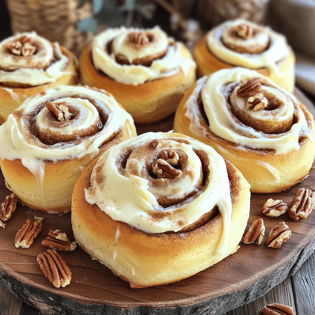 - 4 cups all-purpose flour - 1/4 cup granulated sugar - 1 packet (2 1/4 teaspoons) active dry yeast - 1 teaspoon salt - 1 cup whole milk, warmed - 1/4 cup raisins - 1/4 cup chopped pecans - 1/2 cup cream cheese - 1 cup powdered sugar - 1 teaspoon vanilla extract To start making these rolls, combine warm milk, sugar, and yeast in a bowl. Let it sit for about 5 to 10 minutes. You want it to become frothy. This means the yeast is active. Next, mix in melted butter, egg, and salt. Stir everything until it is well combined. Now, gradually add the flour, one cup at a time. Keep mixing until a soft dough forms. Once your dough is formed, knead it on a floured surface for about 5 to 7 minutes. You want it to be smooth and elastic. After kneading, place the dough in a greased bowl. Cover it with a kitchen towel. Let it rise in a warm place until it doubles in size, which takes about 1 hour. After it rises, punch the dough down gently to release air. Now, roll the dough out into a large rectangle, about 1/4 inch thick. In a small bowl, mix brown sugar, cinnamon, and any optional raisins or pecans. Spread this mixture evenly over your dough. Starting from one long edge, roll the dough into a tight log. Pinch the seam to seal it. Slice the log into 12 equal pieces and place them in a greased baking dish. Leave some space between each roll for rising. Cover them with a towel and let them rise again for about 30 minutes. For the full experience, check out the Full Recipe. To make the best cinnamon rolls, focus on the dough. The dough must be soft and smooth. You want it to feel a bit tacky, but not sticky. If it’s too dry, your rolls might be tough. Use the right amount of flour and knead it well. Kneading helps develop gluten, which gives your rolls structure. Rising is key for soft, fluffy rolls. Place your dough in a warm spot, like near an oven. Cover it with a towel to keep it warm and draft-free. This helps the yeast grow and makes the dough rise evenly. If your kitchen is cold, your rolls may not rise well. When rolling the dough, start at one end and roll tightly. A tight roll helps keep the filling inside and shapes the rolls nicely. Pinch the seam to seal it well. This way, your filling won’t spill out while baking. Choosing the right cream cheese is very important for great frosting. Look for full-fat cream cheese. It gives the best flavor and texture. Make sure it’s softened before mixing. This helps it blend smoothly with the other ingredients. For perfect frosting texture, mix the cream cheese, powdered sugar, and milk well. Start with a small amount of milk and add more as needed. You want it creamy but not runny. A thick frosting will stay on the rolls better. Feel free to play with flavors in your frosting. Add a splash of lemon juice for a tangy twist or some cocoa powder for a chocolate version. You can even mix in spices like nutmeg for extra warmth. You can add different nuts to your rolls for extra crunch. Chopped walnuts or pecans work well. They add a nice texture and flavor. If you love chocolate, mix in some chocolate chips. They melt and create gooey pockets of sweetness. Try out different icing flavors too. You can use maple syrup instead of vanilla for a unique taste. Spice up your frosting with a bit of orange zest for a fresh kick. If you need gluten-free rolls, use a gluten-free flour blend. Make sure it has xanthan gum to mimic gluten’s elasticity. This helps the dough hold together well. For vegan adaptations, replace the egg with flaxseed meal or applesauce. Use almond or soy milk instead of whole milk. Substitute vegan cream cheese for the frosting. These swaps keep all the yummy flavors while meeting dietary needs. To store your homemade cinnamon rolls in the fridge, first let them cool. Wrap them tightly in plastic wrap or foil. This keeps them fresh and prevents them from drying out. You can enjoy them for about 3 to 5 days in the fridge. If you want to heat them up, just microwave them for about 15-20 seconds. If you want to freeze your cinnamon rolls, do this before baking. After cutting the rolls and placing them in the dish, cover them tightly with plastic wrap. You can freeze them for up to 3 months. When you want to bake them, take them out and let them thaw in the fridge overnight. Then, let them rise at room temperature for 30 minutes before baking. This helps them get fluffy. Bake them as you normally would, and enjoy warm, gooey cinnamon rolls! {{image_2}} To make these tasty cinnamon rolls, you need: - 4 cups all-purpose flour - 1/4 cup granulated sugar - 1 packet (2 1/4 teaspoons) active dry yeast - 1 teaspoon salt - 1 cup whole milk, warmed - 1/4 cup unsalted butter, melted - 1 large egg - 1 tablespoon ground cinnamon - 1/2 cup packed brown sugar - 1/4 cup raisins (optional) - 1/4 cup pecans, chopped (optional) - 1/2 cup cream cheese, softened - 1 cup powdered sugar - 1 teaspoon vanilla extract - 2 tablespoons milk (for frosting) First, mix warm milk, sugar, and yeast in a large bowl. Let it sit for 5-10 minutes. It should become frothy. Next, add melted butter, egg, and salt. Stir until combined. Gradually add flour, one cup at a time. Knead the dough for 5-7 minutes until it is smooth. Place the dough in a greased bowl and cover it. Let it rise for about 1 hour until it doubles in size. After it rises, punch down the dough and roll it out into a big rectangle, about 1/4 inch thick. In a separate bowl, mix brown sugar, cinnamon, and optional raisins and pecans. Spread this mixture on the dough. Roll the dough tightly from one long edge. Cut the roll into 12 equal pieces. Place them in a greased baking dish and let them rise again for 30 minutes. Preheat the oven to 350°F (175°C). Bake the rolls for 25-30 minutes or until golden brown. For the frosting, beat cream cheese, powdered sugar, vanilla, and milk until smooth. After the rolls cool for 10 minutes, spread the frosting over them while warm. To get perfect cinnamon rolls, check the dough's texture. It should be soft but not sticky. If you want even rolls, make sure they have space to rise. Roll the dough tightly to keep the filling inside. When baking, keep an eye on the color. If they get too dark, cover them lightly with foil. Enjoy your fresh, warm cinnamon rolls! Creating delicious cinnamon rolls requires the right mix of ingredients and techniques. We covered essential and optional ingredients, from flour to tasty flavors. You learned how to prepare the dough, let it rise, and shape the rolls. I shared tips for perfecting your rolls and making the frosting. Plus, we explored variations and storage ideas for freshness. With this knowledge, you can bake cinnamon rolls that delight everyone. Enjoy the process and savor each bite. Happy baking!