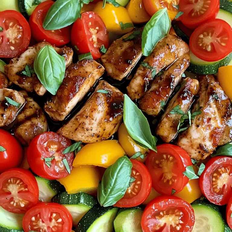 - Main Ingredients: Chicken and Veggies - 4 boneless, skinless chicken breasts - 1 bell pepper (red or yellow), sliced - 1 zucchini, sliced - 1 cup cherry tomatoes, halved - Marinade Components - 1/4 cup balsamic vinegar - 2 tablespoons olive oil - 2 tablespoons honey - 2 cloves garlic, minced - 1 teaspoon dried oregano - 1 teaspoon salt - 1/2 teaspoon black pepper - Optional Garnishes - Fresh basil leaves for garnish This recipe uses fresh chicken and colorful veggies. The marinade adds great flavor. Balsamic vinegar gives a sweet and tangy taste. Olive oil helps with cooking and adds richness. Honey balances the acidity. Make sure to use fresh garlic and herbs for the best results. You can add other veggies if you like. Try carrots, broccoli, or asparagus. They cook well and taste great. For a fresh touch, add basil leaves before serving. This dish is not just tasty but also healthy. You can find the full recipe [here](#). Preparing the Marinade Start by making the marinade. In a large bowl, mix together balsamic vinegar, olive oil, honey, minced garlic, oregano, salt, and black pepper. Whisk until everything blends well. This mix will give your chicken a lot of flavor. Chicken Coating Process Next, take the chicken breasts and add them to the marinade. Make sure each piece is well coated. This step is key for juicy chicken. Use your hands or tongs to turn the chicken in the bowl, ensuring it’s all covered. Refrigeration Time Cover the bowl with plastic wrap. Let the chicken marinate in the fridge for at least 30 minutes. If you have time, letting it sit for 2 hours will boost the flavor even more. The longer, the better! Preheating the Oven While the chicken marinates, preheat your oven to 400°F (200°C). This temperature helps the chicken cook evenly and keeps the veggies tender. Arranging Vegetables In a large baking dish, arrange the sliced bell pepper, zucchini, and halved cherry tomatoes. Spread them out evenly. This mix of veggies will soak up the flavors from the chicken and marinade. Oven Timing and Temperature After the chicken has marinated, remove it from the fridge. Place the chicken on top of the arranged veggies. Pour any leftover marinade over everything. Bake in the preheated oven for 25 to 30 minutes. Checking Chicken Doneness To know if the chicken is ready, check its internal temperature. It should reach 165°F (75°C). The chicken should be juicy, and the veggies should be soft. Let it rest for a few minutes before slicing. This will help keep the juices in the chicken. Enjoy your Healthy Balsamic Chicken & Veggies! Marinade Tips To get the most flavor, marinate your chicken for at least 30 minutes. You can even leave it for up to 2 hours. This time allows the chicken to soak up all the tasty ingredients. Use a mix of balsamic vinegar, olive oil, honey, garlic, oregano, salt, and pepper. Each part adds its own special taste. Remember to coat the chicken well in the marinade before you refrigerate it. Adding Spice and Herbs Feel free to add your favorite spices or herbs to the marinade. A pinch of red pepper flakes can add heat. Fresh herbs like thyme or rosemary can make it even better. Just a little change can give your dish a whole new twist. Baking vs. Grilling Baking the chicken and veggies keeps them moist and gives them a nice flavor blend. If you prefer grilling, that works too! Grilling adds a smoky taste and crispy edges. Whichever way you choose, make sure to cook until the chicken reaches 165°F (75°C). Resting Time for Chicken Once your chicken is out of the oven or off the grill, let it rest for a few minutes. This step helps the juices stay inside the chicken. Slicing too soon can let those tasty juices run out. Trust me, it makes a big difference in flavor! For the complete details on making this dish, check the Full Recipe. {{image_2}} Alternate Vegetables You can swap in many vegetables for this dish. Think about using asparagus, broccoli, or carrots. Each option will change the flavor and texture. Try to cut them into similar sizes for even cooking. This way, they bake well with the chicken. Using Different Proteins While chicken is the star here, feel free to use turkey or even tofu. If you opt for turkey, adjust the cooking time slightly. Tofu can be marinated the same way. Just make sure it's firm to hold its shape. This gives you tasty options for different diets. Adding Citrus Citrus fruits boost the flavor of this dish. Squeeze some fresh lemon or lime juice over the chicken before baking. You can also mix zest into the marinade for a bright kick. This addition makes each bite refreshing and vibrant. Incorporating Spices Get creative with spices! Consider adding paprika or cayenne for heat. Fresh herbs like rosemary or thyme can add depth. Sprinkle them on the chicken and veggies before baking. This will create layers of flavor that make each bite exciting. For the full recipe, check out [Full Recipe]. Refrigeration Guidelines After you enjoy your Healthy Balsamic Chicken & Veggies, store leftovers in the fridge. Place them in an airtight container. This keeps the chicken and veggies fresh. They will last for about three to four days. Make sure to cool the dish to room temperature before sealing it up. This helps prevent sogginess. Freezing Options You can freeze leftovers too. Just put them in a freezer-safe bag or container. Try to remove as much air as possible. This helps avoid freezer burn. The dish will stay good for up to three months. When you are ready to eat, thaw it in the fridge overnight. Methods for Reheating For the best taste, reheat your chicken and veggies in the oven. Set it to 350°F (175°C) and place the dish inside. Heat for about 15-20 minutes. You can also use a microwave if you're in a hurry. Just heat in short bursts and stir often. Maintaining Flavor and Texture To keep the flavors bright, add a splash of balsamic vinegar when reheating. This brings back that tangy taste. If using the microwave, cover the dish with a damp paper towel. This helps keep the veggies from drying out. Enjoy your delicious leftovers! You should marinate the chicken for at least 30 minutes. This lets the flavors soak in. For even better taste, try marinating for up to 2 hours. The longer you marinate, the more flavor the chicken will get. Yes, you can use other types of vinegar. Red wine vinegar or apple cider vinegar works well. Each type adds a unique taste. Just keep in mind that the flavor may change slightly. Yes, this recipe is gluten-free. All the ingredients, like chicken and veggies, do not have gluten. Make sure to check any sauces you use, as some may contain gluten. This allows everyone to enjoy this dish. This dish is packed with nutrients. Chicken provides protein that helps build muscle. The veggies add vitamins and minerals. Balsamic vinegar has antioxidants that are good for your health. Together, they make a healthy meal. To check if the chicken is done, use a meat thermometer. The internal temperature should reach 165°F (75°C). If you don't have a thermometer, cut into the chicken. It should not be pink inside. This way, you ensure safe and tasty chicken. For the complete recipe, check out the [Full Recipe]. This blog post covered key steps to create a delicious chicken and veggie bake. We explored ingredients, how to marinate the chicken, and cooking techniques for perfect doneness. I shared tips for flavor and variations to suit your taste. You now have the tools to make a great meal. Focus on flavor and creativity, and don’t be afraid to experiment. Enjoy your cooking, and savor each bite!