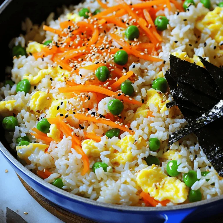 - 2 cups cooked short-grain rice - 4 large eggs - 1 tablespoon sesame oil To make delicious Gyeran Bap, you'll need simple, fresh ingredients. The heart of this dish is short-grain rice, which has a sticky texture. This helps the rice hold together when you eat it. Fresh eggs provide rich flavor and protein. Sesame oil brings a nutty aroma that elevates the dish. - 1 tablespoon soy sauce - 1 teaspoon gochugaru - Toasted sesame seeds for garnish Flavor comes from soy sauce, which adds saltiness. Gochugaru gives a mild heat and a pop of color. I love using toasted sesame seeds as a topping. They add a nice crunch and enhance the dish’s flavor. - Nori sheets, cut into strips - Shredded carrot and green onion For extra texture and taste, consider adding nori sheets. They add a unique sea flavor. Shredded carrots and green onions also provide freshness and color. You can play with these optional ingredients to make your Gyeran Bap your own. For the full recipe, check out the details above. Start by heating 1 tablespoon of sesame oil in a large skillet over medium heat. Add the shredded carrot and chopped green onion. Sauté these for about 2-3 minutes. You want them soft but still bright. Next, stir in 1/4 cup of frozen peas. Cook for another minute. This adds color and sweetness to your dish. Now, push the veggies to one side of the skillet. On the other side, add 2 cups of cooked short-grain rice. Pour 1 tablespoon of soy sauce and 1 teaspoon of gochugaru over the rice. Stir well to mix everything. Create a well in the center of the rice. Crack in 4 large eggs. Gently scramble the eggs, mixing them with the rice and vegetables. Cook until the eggs are fully set. Season your Gyeran Bap with salt to taste. Mix everything well to combine. Once it's heated through, remove it from the heat. Serve hot, garnished with toasted sesame seeds. For extra flair, you can add strips of nori on the side. This dish is colorful and tasty, perfect for any meal. For the full recipe, check out the [Full Recipe]. Using day-old rice is key for Gyeran Bap. It has the right texture. Freshly cooked rice may be too sticky. If you don’t have day-old rice, spread fresh rice on a tray. Let it cool for about 30 minutes. This helps it dry out a bit. Cook your rice correctly to get the best dish. Use a rice cooker if you can. This ensures even cooking. The rice should be fluffy and not mushy. Rinse the rice before cooking to remove excess starch. This helps avoid stickiness. Adjust the seasoning to suit your taste. Add more soy sauce for saltiness. You can also increase the gochugaru for extra heat. Start small and taste as you go. This way, you can control the flavor better. Feel free to experiment with extra ingredients. Try adding bell peppers or zucchini. You can also use different proteins like chicken or tofu. Each addition gives a new twist to the dish. To get perfectly scrambled eggs, crack them directly into the rice mixture. Stir gently to combine. Cook them just until they are set. Overcooking can make them dry and rubbery. Keep stirring until the eggs are soft and creamy. Achieving the right balance of flavors is crucial. The sesame oil adds a nutty taste. The soy sauce gives depth. Make sure to taste your dish before serving. Adjust the seasoning again if needed. This will make your Gyeran Bap truly delicious. {{image_2}} Gyeran Bap changes based on where you enjoy it. Different regions use various vegetables. Some may add zucchini, while others prefer bell peppers. The choice of seasoning also varies. In some areas, people add more soy sauce for a saltier taste. Others might use sesame paste for a nuttier flavor. Each local twist makes Gyeran Bap special. You can easily boost Gyeran Bap with proteins. Adding cooked chicken or beef gives it heartiness. For a vegetarian option, try tofu or tempeh. These proteins not only add flavor but also make the dish more filling. If you want a vegan meal, skip the eggs and focus on plant-based proteins. They will still keep your dish tasty and satisfying. Serving Gyeran Bap can be fun! Pair it with kimchi for a spicy kick. You can also serve it with pickled vegetables for a tangy contrast. For guests, consider presenting it in bowls with garnishes like toasted sesame seeds. You can even wrap some in nori sheets for a unique touch. These ideas add flair and make your meal more enjoyable. For a complete guide, check out the Full Recipe. To store leftover Gyeran Bap, place it in an airtight container. This keeps it fresh longer. I recommend eating it within three days for the best taste. Always let it cool before sealing. This helps avoid moisture buildup. For the best texture when reheating, use a skillet. Heat it over low to medium heat. Add a small splash of water to create steam. This prevents the dish from drying out. Stir gently until it's warm throughout. Avoid using the microwave if you can. It can make the rice soggy. Yes, you can freeze Gyeran Bap! To freeze, let it cool completely. Portion it into freezer-safe bags. Squeeze out as much air as possible before sealing. When ready to eat, thaw it overnight in the fridge. Then, reheat in a skillet for the best results. This keeps your meal tasty and fresh! Gyeran Bap is a simple, tasty Korean dish. It means "egg rice" in Korean. This dish combines cooked rice with eggs and vegetables. You can enjoy it as a hearty meal or a quick snack. Gyeran Bap holds a special place in Korean culture. It is popular among families and often made at home. Many people love it for its comfort and warmth. Yes, you can make Gyeran Bap without rice! You can use quinoa or cauliflower rice instead. Both options provide a different taste and texture. If you want to try something new, give them a go! They are great for low-carb diets. Gyeran Bap can be as spicy as you like. The heat comes from gochugaru, a Korean red pepper flake. You can adjust the spice level to fit your taste. If you prefer less heat, use less gochugaru. For more heat, add more or try chili powder. It's all about your flavor! In this post, we explored the deliciousness of Gyeran Bap, starting with the main ingredients like rice, eggs, and sesame oil. We detailed a step-by-step guide for cooking and shared useful tips to enhance flavor and technique. I highlighted regional variations and offered storage advice to keep your dish fresh. Remember, Gyeran Bap is versatile and easy to customize. Enjoy it warm with your favorite sides for a satisfying meal. Dive into this dish and make it your own!