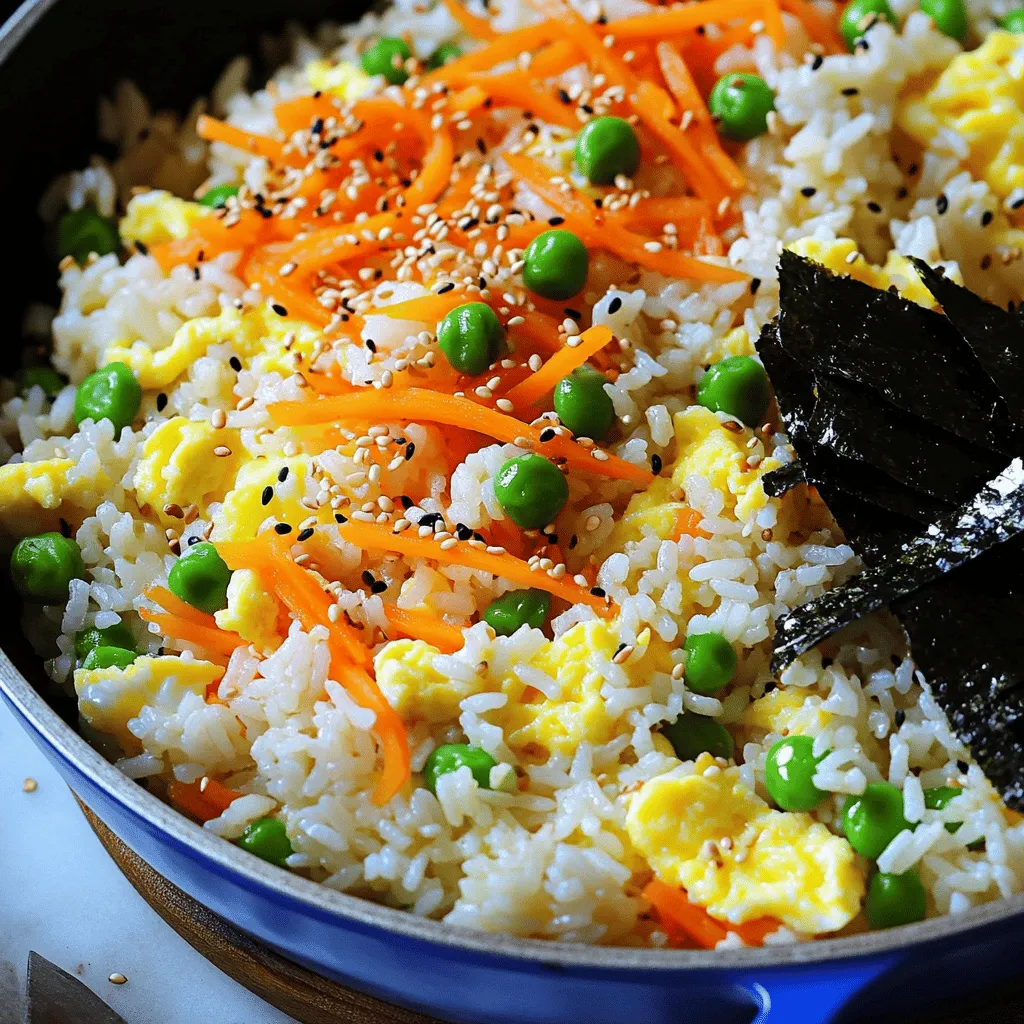 - 2 cups cooked short-grain rice - 4 large eggs - 1 tablespoon sesame oil To make delicious Gyeran Bap, you'll need simple, fresh ingredients. The heart of this dish is short-grain rice, which has a sticky texture. This helps the rice hold together when you eat it. Fresh eggs provide rich flavor and protein. Sesame oil brings a nutty aroma that elevates the dish. - 1 tablespoon soy sauce - 1 teaspoon gochugaru - Toasted sesame seeds for garnish Flavor comes from soy sauce, which adds saltiness. Gochugaru gives a mild heat and a pop of color. I love using toasted sesame seeds as a topping. They add a nice crunch and enhance the dish’s flavor. - Nori sheets, cut into strips - Shredded carrot and green onion For extra texture and taste, consider adding nori sheets. They add a unique sea flavor. Shredded carrots and green onions also provide freshness and color. You can play with these optional ingredients to make your Gyeran Bap your own. For the full recipe, check out the details above. Start by heating 1 tablespoon of sesame oil in a large skillet over medium heat. Add the shredded carrot and chopped green onion. Sauté these for about 2-3 minutes. You want them soft but still bright. Next, stir in 1/4 cup of frozen peas. Cook for another minute. This adds color and sweetness to your dish. Now, push the veggies to one side of the skillet. On the other side, add 2 cups of cooked short-grain rice. Pour 1 tablespoon of soy sauce and 1 teaspoon of gochugaru over the rice. Stir well to mix everything. Create a well in the center of the rice. Crack in 4 large eggs. Gently scramble the eggs, mixing them with the rice and vegetables. Cook until the eggs are fully set. Season your Gyeran Bap with salt to taste. Mix everything well to combine. Once it's heated through, remove it from the heat. Serve hot, garnished with toasted sesame seeds. For extra flair, you can add strips of nori on the side. This dish is colorful and tasty, perfect for any meal. For the full recipe, check out the [Full Recipe]. Using day-old rice is key for Gyeran Bap. It has the right texture. Freshly cooked rice may be too sticky. If you don’t have day-old rice, spread fresh rice on a tray. Let it cool for about 30 minutes. This helps it dry out a bit. Cook your rice correctly to get the best dish. Use a rice cooker if you can. This ensures even cooking. The rice should be fluffy and not mushy. Rinse the rice before cooking to remove excess starch. This helps avoid stickiness. Adjust the seasoning to suit your taste. Add more soy sauce for saltiness. You can also increase the gochugaru for extra heat. Start small and taste as you go. This way, you can control the flavor better. Feel free to experiment with extra ingredients. Try adding bell peppers or zucchini. You can also use different proteins like chicken or tofu. Each addition gives a new twist to the dish. To get perfectly scrambled eggs, crack them directly into the rice mixture. Stir gently to combine. Cook them just until they are set. Overcooking can make them dry and rubbery. Keep stirring until the eggs are soft and creamy. Achieving the right balance of flavors is crucial. The sesame oil adds a nutty taste. The soy sauce gives depth. Make sure to taste your dish before serving. Adjust the seasoning again if needed. This will make your Gyeran Bap truly delicious. {{image_2}} Gyeran Bap changes based on where you enjoy it. Different regions use various vegetables. Some may add zucchini, while others prefer bell peppers. The choice of seasoning also varies. In some areas, people add more soy sauce for a saltier taste. Others might use sesame paste for a nuttier flavor. Each local twist makes Gyeran Bap special. You can easily boost Gyeran Bap with proteins. Adding cooked chicken or beef gives it heartiness. For a vegetarian option, try tofu or tempeh. These proteins not only add flavor but also make the dish more filling. If you want a vegan meal, skip the eggs and focus on plant-based proteins. They will still keep your dish tasty and satisfying. Serving Gyeran Bap can be fun! Pair it with kimchi for a spicy kick. You can also serve it with pickled vegetables for a tangy contrast. For guests, consider presenting it in bowls with garnishes like toasted sesame seeds. You can even wrap some in nori sheets for a unique touch. These ideas add flair and make your meal more enjoyable. For a complete guide, check out the Full Recipe. To store leftover Gyeran Bap, place it in an airtight container. This keeps it fresh longer. I recommend eating it within three days for the best taste. Always let it cool before sealing. This helps avoid moisture buildup. For the best texture when reheating, use a skillet. Heat it over low to medium heat. Add a small splash of water to create steam. This prevents the dish from drying out. Stir gently until it's warm throughout. Avoid using the microwave if you can. It can make the rice soggy. Yes, you can freeze Gyeran Bap! To freeze, let it cool completely. Portion it into freezer-safe bags. Squeeze out as much air as possible before sealing. When ready to eat, thaw it overnight in the fridge. Then, reheat in a skillet for the best results. This keeps your meal tasty and fresh! Gyeran Bap is a simple, tasty Korean dish. It means "egg rice" in Korean. This dish combines cooked rice with eggs and vegetables. You can enjoy it as a hearty meal or a quick snack. Gyeran Bap holds a special place in Korean culture. It is popular among families and often made at home. Many people love it for its comfort and warmth. Yes, you can make Gyeran Bap without rice! You can use quinoa or cauliflower rice instead. Both options provide a different taste and texture. If you want to try something new, give them a go! They are great for low-carb diets. Gyeran Bap can be as spicy as you like. The heat comes from gochugaru, a Korean red pepper flake. You can adjust the spice level to fit your taste. If you prefer less heat, use less gochugaru. For more heat, add more or try chili powder. It's all about your flavor! In this post, we explored the deliciousness of Gyeran Bap, starting with the main ingredients like rice, eggs, and sesame oil. We detailed a step-by-step guide for cooking and shared useful tips to enhance flavor and technique. I highlighted regional variations and offered storage advice to keep your dish fresh. Remember, Gyeran Bap is versatile and easy to customize. Enjoy it warm with your favorite sides for a satisfying meal. Dive into this dish and make it your own!