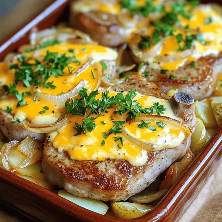 - 4 bone-in pork chops (about 1 inch thick) - 4 large russet potatoes, peeled and thinly sliced - 1 large onion, thinly sliced - 2 cups shredded cheddar cheese