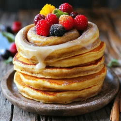 - 1 cup all-purpose flour - 1 cup buttermilk - 2 tablespoons sugar - 1 large egg - 2 tablespoons melted butter - 1/4 cup brown sugar - 1 tablespoon ground cinnamon - 2 tablespoons melted butter - 4 oz cream cheese, softened - 1 cup powdered sugar - 2 tablespoons milk - 1/2 teaspoon vanilla extract Gathering the right ingredients is key to making these fluffy cinnamon roll pancakes. Start with all-purpose flour for a light texture. Buttermilk adds moisture and a slight tang. Sugar balances the flavors. You’ll need a large egg to help bind everything together. Melted butter adds richness, while the cinnamon swirl mix brings that classic taste. The cream cheese glaze adds a sweet finishing touch. These ingredients create a delicious pancake stack that looks as good as it tastes. Each bite is soft, warm, and filled with cinnamon goodness. I recommend measuring everything out first. This makes cooking easier and more fun. You can find the full recipe above to guide you through each step! First, mix the brown sugar and cinnamon in a small bowl. Add the melted butter and stir until it forms a paste. This mixture gives our pancakes that classic cinnamon roll flavor. Next, transfer this mixture to a piping bag. If you don't have one, use a plastic bag. Just cut off a small corner of the bag to make swirling easy. In a large bowl, whisk together the dry ingredients. This includes the flour, sugar, baking powder, baking soda, and salt. Make sure to mix them well. In another bowl, whisk the wet ingredients. Combine the buttermilk, egg, melted butter, and vanilla extract until smooth. Pour the wet mix into the dry mix. Stir gently. It’s fine if there are a few lumps. Overmixing can make the pancakes tough. Now it’s time to heat the griddle. Preheat a non-stick griddle or skillet over medium heat. Lightly grease it with butter or oil. Pour about 1/4 cup of pancake batter onto the griddle. Quickly drizzle the cinnamon swirl mixture over the batter in a spiral. Use a knife or toothpick to swirl it into the pancake. Cook until bubbles form on the surface, about 2-3 minutes. Carefully flip the pancake and cook for another 2-3 minutes. Aim for a golden brown color. Repeat with the remaining batter. Enjoy each fluffy bite! To make your pancakes fluffy, do not overmix the batter. When you mix, it's okay to leave some lumps. Overmixing makes them dense. Always heat your griddle to medium. Too high heat can burn the outside but leave the inside raw. The right heat sets the stage for fluffy pancakes. For a smooth swirl, use a piping bag or a plastic bag with a cut corner. Squeeze gently to control the flow of the swirl. You can adjust the amount of swirl to fit your taste. More swirl means a stronger cinnamon flavor, while less keeps it subtle. To adjust the glaze thickness, add more milk for a thinner glaze or more powdered sugar for a thicker one. This gives you control over how it drips on your pancakes. You can also play with flavors. Try adding a dash of maple syrup or vanilla for a twist in taste. {{image_2}} You can easily make these pancakes gluten-free. - Suggested flour substitutes: Use a gluten-free flour blend. Look for one that has xanthan gum. This helps the pancakes stay fluffy. - Adjusting liquid ingredients: You may need to add a bit more liquid. Gluten-free flour can absorb more moisture, so keep an eye on the batter. Making vegan cinnamon roll pancakes is simple and fun! - Replacing buttermilk and egg: Use almond milk or soy milk instead of buttermilk. You can mix 1 tablespoon of vinegar with your milk and let it sit for five minutes. This creates a buttermilk effect. Instead of an egg, use a flax egg. Mix 1 tablespoon of ground flaxseed with 2.5 tablespoons of water. Let it sit until it thickens. - Plant-based substitutes for butter: Swap melted butter for coconut oil or a vegan butter spread. This keeps the pancakes rich and tasty. You can add some fun flavors to your pancakes! - Adding nuts or chocolate chips: Try adding chopped pecans or walnuts for crunch. You can also mix in chocolate chips for a sweet treat. - Alternative toppings for serving: Instead of the cream cheese glaze, use maple syrup or fresh fruit. Whipped coconut cream is also a great choice. To keep leftover pancakes fresh, place them in an airtight container. You can also wrap them in plastic wrap. They stay good in the fridge for up to three days. If you want to keep them longer, freezing is a great option. When it’s time to enjoy your pancakes again, use the microwave for quick reheating. Heat them for about 30 seconds to 1 minute. For a crisp texture, use a skillet. Heat the skillet over low heat and warm the pancakes for a few minutes on each side. This keeps them soft and tasty. To freeze pancakes, let them cool completely first. Then, stack them with parchment paper between each pancake. Place the stack in a freezer-safe bag or container. They can be frozen for up to two months. When ready to eat, thaw them in the fridge overnight. Reheat as mentioned above for the best results. Enjoy these delicious pancakes anytime with these simple storage tips! For a full recipe, check out the details above. Yes, you can make these pancakes ahead of time. Store them in an airtight container. Place wax paper between layers to prevent sticking. You can keep them in the fridge for up to three days. For longer storage, freeze them. Wrap each pancake in plastic wrap and place in a freezer bag. They can last for up to two months. When you're ready to eat, just reheat them. Knowing when pancakes are done is easy. Look for bubbles forming on the surface. This usually takes about 2-3 minutes. Once the bubbles pop and the edges look set, they are ready to flip. After flipping, cook until golden brown, about another 2-3 minutes. The pancakes should feel firm to the touch. If they spring back, they are done. You can use regular milk, but it changes the flavor. Buttermilk adds a nice tang and makes pancakes fluffier. If you don’t have buttermilk, add a tablespoon of lemon juice or vinegar to regular milk. Let it sit for 5 minutes. This mimics buttermilk's acidity. Your pancakes will still taste great, but the texture may be slightly different. You now know how to make delicious Cinnamon Roll Pancakes. We covered the key ingredients, step-by-step instructions, and helpful tips for the perfect pancake experience. You can even try fun variations like gluten-free or vegan options. Incorporating these ideas will make breakfast fun and tasty. Enjoy experimenting with your pancakes, and don't forget to share your creations! Happy cooking!