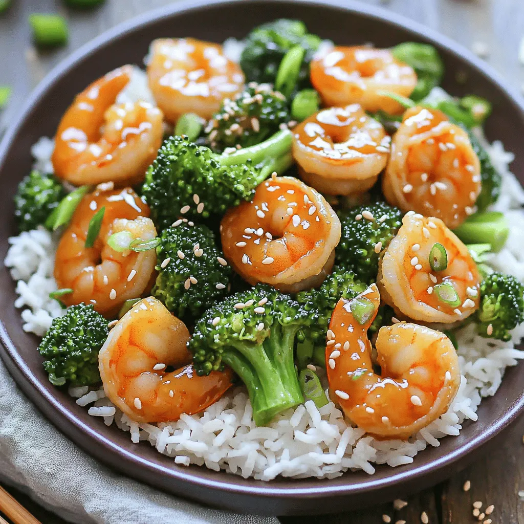 - Large shrimp (1 pound, peeled and deveined) - Broccoli florets (2 cups) - Sriracha sauce (2 tablespoons) - Low sodium soy sauce (2 tablespoons) - Honey (1 tablespoon) - Minced garlic (2 cloves) - Fresh ginger (1 tablespoon, grated) - Vegetable oil (2 tablespoons) - Salt and pepper to taste - Cooked jasmine rice (for serving) - Sesame seeds and sliced green onions (for garnish) To make this dish pop with flavor, let’s dive into the main ingredients. First, the shrimp. I love using large shrimp because they cook quickly and stay juicy. You’ll want to ensure they are peeled and deveined for a smooth cooking process. Next up is broccoli. Fresh broccoli florets add a nice crunch and vibrant color. They also soak up the sauce well. Now, let’s talk about the star of the show: sriracha. This sauce gives the dish its spicy kick. Just two tablespoons bring a punch of heat, but you can adjust it to your taste. In addition, you’ll need some pantry staples to enhance the flavor. Low sodium soy sauce adds depth without too much salt. Honey balances the heat, creating a sweet and spicy blend. Minced garlic and fresh ginger bring a fragrant aroma. They combine beautifully with the shrimp and broccoli. Vegetable oil helps in stir-frying, ensuring everything cooks evenly. Don't forget to season with salt and pepper, as this will elevate the dish. Finally, serve over cooked jasmine rice. It soaks up the sauce perfectly. Plus, garnish with sesame seeds and sliced green onions for an added crunch. For the full recipe, check out the details provided earlier. Each ingredient plays a role in creating a delicious meal that's ready in just 20 minutes. - Rinse shrimp and pat dry. - Chop broccoli into florets if not pre-cut. Start by rinsing the shrimp under cold water. Dry them gently with a paper towel. This helps the shrimp cook evenly. Next, grab your broccoli. If it's not already cut, chop it into small florets. This makes it easy to stir-fry and helps it cook faster. - Mix sriracha, soy sauce, honey, minced garlic, and grated ginger in a bowl. In a small bowl, combine sriracha, soy sauce, honey, minced garlic, and grated ginger. Stir well until blended. This sauce packs a punch! It brings sweet, spicy, and savory flavors together. Set it aside for later. - Stir-fry broccoli in a large skillet. - Sauté shrimp until pink and opaque. - Combine shrimp and broccoli with sriracha sauce and heat through. Heat one tablespoon of vegetable oil in a large skillet over medium-high heat. Add the broccoli florets and stir-fry for about 3-4 minutes. You want them bright green but still crisp. Once done, remove the broccoli and set it aside. In the same skillet, add another tablespoon of oil. Now, toss in the shrimp, seasoning with a pinch of salt and pepper. Sauté for 2-3 minutes. Watch the shrimp change color! They should turn pink and opaque. Now, it’s time to bring it all together. Return the broccoli to the skillet. Pour your sriracha sauce over the shrimp and broccoli. Toss everything together, ensuring it’s well-coated. Cook for an extra 2 minutes until everything is heated through. This dish is quick, easy, and full of flavor! You can find the full recipe above. For perfect stir-frying, high heat is key. It helps the shrimp cook fast, making them juicy. Use a large skillet or wok to give them room to move. This prevents steaming and keeps them tender. To keep shrimp juicy, don’t overcook them. They only need about 2-3 minutes. When they turn pink and opaque, they’re done. Remove them from heat right away. This keeps their texture just right. Want more heat? Add extra sriracha or some red pepper flakes. If you prefer less spice, reduce the sriracha to one tablespoon. You can also balance heat with more honey, which adds sweetness. Feel free to swap ingredients for variety. Try bell peppers, snap peas, or carrots for a twist. You can even use lime juice for a fresh zing. Get creative with what you have on hand! Plating your dish nicely makes it more appealing. Serve the shrimp and broccoli over a bed of jasmine rice. Use a ring mold to help shape the rice. For garnishing, sprinkle sesame seeds and sliced green onions on top. This adds crunch and color. Drizzle a bit more sriracha on top for a pop of color. Enjoy your beautiful meal! {{image_2}} You can easily swap shrimp for chicken or tofu. Chicken works well and adds a savory taste. Just cut it into bite-sized pieces and cook it until it’s no longer pink. Tofu is a great vegan choice. Use firm tofu, press it to remove excess water, and then cube it. Sauté until golden for a tasty twist. Feel free to add other veggies to this dish. Bell peppers, snap peas, or carrots can bring more color and flavor. To adjust cooking times, add quicker-cooking veggies like spinach or zucchini later in the process. This way, they stay crisp and fresh. You can try different hot sauces or marinades if you like. A sweet chili sauce can give it a milder kick. For a tangy twist, add lime juice or rice vinegar. Adjust the sweetness by adding more honey or sugar. You can make it as sweet or spicy as you want! For the full recipe, check out the complete guide. To store leftovers safely, let the dish cool first. Place the shrimp and broccoli in an airtight container. Store it in the refrigerator for up to three days. Glass or plastic containers work well. Make sure they seal tightly to keep out air. For the best results, reheat shrimp and broccoli in a skillet. Heat it over medium heat. Add a splash of water or broth to keep moisture. Stir gently until warmed through, about five minutes. This method helps maintain texture and flavor. You can also use a microwave, but stir halfway to ensure even heating. Yes, you can freeze this dish! To prepare it for freezing, let the dish cool completely. Then, place it in a freezer-safe container. Use a vacuum-sealed bag for best quality. Freeze for up to three months. Keep in mind that the shrimp may lose some texture after thawing. When ready to eat, thaw overnight in the fridge before reheating. It takes just 20 minutes to make this dish. Here’s the breakdown: - Prep time: 5 minutes - Cook time: 15 minutes This meal is quick and easy, perfect for busy weeknights. Yes, you can meal prep this dish! Here are some tips: - Cook the shrimp and broccoli ahead of time. - Store them in airtight containers in the fridge. - Make the sauce and keep it separate until you are ready to eat. This will keep the shrimp and broccoli fresh and tasty. You can pair this dish with several tasty sides: - Jasmine rice is a great base. - Quinoa offers a nice, nutty flavor. - Steamed vegetables add more nutrition. - Salad gives a refreshing crunch. These sides will balance the spice and enhance your meal. Sriracha shrimp and broccoli is quick and tasty. This dish combines shrimp, broccoli, and a spicy sauce for a perfect meal. You can customize it with different proteins or vegetables to suit your taste. Store leftovers wisely, and they can last for a few days. Whether you're busy or planning meals ahead, this recipe fits your needs. I hope you enjoy making and sharing this dish with others. It’s simple, delicious, and adds flavor to your meal. Get cooking and delight in every bite!