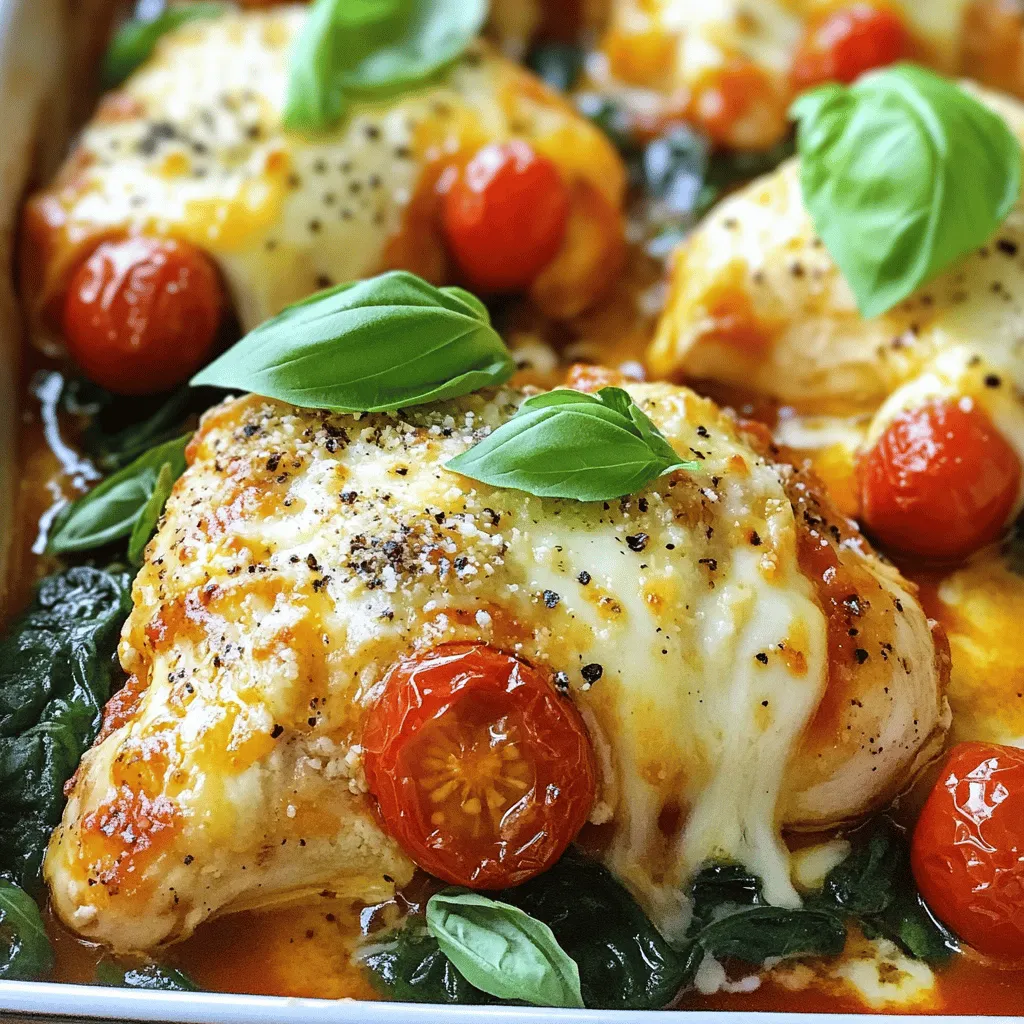 Italian baked chicken is a simple dish. It is full of flavor and easy to make. You need just a few key ingredients to create a meal everyone will love. - Boneless, Skinless Chicken Breasts - Marinara Sauce and Spinach - Cheeses and Seasonings Boneless, Skinless Chicken Breasts: These are the star of the dish. They cook evenly and stay juicy. Each chicken breast absorbs the sauce flavors well. Marinara Sauce and Spinach: Marinara adds a rich taste. Spinach gives a fresh, green touch. Together, they create a tasty mix that pairs perfectly with chicken. Cheeses and Seasonings: Mozzarella and Parmesan cheeses melt beautifully. They add creaminess and a nice crust on top. The Italian seasoning brings herbs to life, enhancing the dish's overall flavor. Use these ingredients to make your Italian baked chicken a hit at dinner! For the full recipe, check out the recipe section above. - Preheating the Oven Start by preheating your oven to 400°F (200°C). This step is key for even cooking. - Preparing the Baking Dish Take a large baking dish and drizzle 2 tablespoons of olive oil in it. Spread the oil evenly across the bottom. This helps prevent the chicken from sticking. - Seasoning the Chicken Place 4 boneless, skinless chicken breasts in the dish. Season both sides with salt, pepper, and 2 teaspoons of Italian seasoning. This adds great flavor to the chicken. - Mixing Vegetables and Sauce In a medium bowl, mix 1 cup of marinara sauce, 1 cup of chopped spinach, 1 cup of halved cherry tomatoes, and 2 cloves of minced garlic. Stir well to combine. This mixture will bring freshness to your dish. - Baking the Dish Pour the vegetable and marinara mixture over the seasoned chicken breasts. Ensure the chicken is well covered. Next, sprinkle 1 cup of shredded mozzarella cheese and 1/2 cup of grated Parmesan cheese evenly on top. Bake in the preheated oven for 25-30 minutes. The chicken should reach an internal temperature of 165°F (75°C). - Broiling for Golden Cheese For a lovely golden cheese topping, switch your oven to broil. Cook for an additional 2-3 minutes, but watch closely to avoid burning. - Letting it Rest Once done, take the dish out of the oven. Let it sit for 5 minutes before serving. This step helps the juices settle. Garnish with fresh basil leaves for a pop of color. You can find the complete instructions in the Full Recipe. Enjoy your Italian baked chicken! - Ensuring Juiciness and Flavor To keep the chicken juicy, use fresh ingredients. Marinating the chicken in olive oil helps lock in moisture. Salt and pepper are key for flavor. Don't skip the Italian seasoning; it adds depth. Cook the chicken only until it reaches 165°F (75°C). This way, it stays tender. - Cheese Variations for Extra Flavor Mozzarella and Parmesan are great, but you can mix it up! Try provolone for a smoky taste. Feta adds a tangy twist. Goat cheese can bring a creamy element. Just remember, cheese melts differently. Experiment with what you love for a unique touch. - Serving Ideas and Suggestions Serve the Italian baked chicken right from the dish for a rustic look. Or, plate the chicken with some marinara sauce on top. Add a sprinkle of fresh basil for color. Garlic bread or a side salad makes the meal even better. These sides balance the dish nicely. - Meal Prep for Busy Days You can prep this dish ahead. Season the chicken and mix the veggies the night before. Just store everything in the fridge. When you're ready, bake it straight from the fridge. This saves you time on busy days. Enjoy a homemade meal even when life gets hectic. For more details, check the Full Recipe. {{image_2}} You can swap out the spinach for other veggies. Try zucchini, bell peppers, or even mushrooms. They add great taste and color. Don't hesitate to mix and match. Use what you have at home! Chicken is great, but you can also use fish or turkey. Try firm fish like salmon or tilapia. For turkey, use cutlets or thighs. Adjust the cooking time if the protein changes. Spices can make your dish pop. Add crushed red pepper for heat or smoked paprika for depth. You could also add fresh herbs like rosemary or oregano. These spices will brighten your dish. While marinara is classic, try pesto or Alfredo sauce. They bring a new twist to the meal. You can even mix sauces for a unique flavor. Don’t be afraid to get creative! For a low-carb version, skip the marinara or use a low-carb sauce. You can also serve it over cauliflower rice. If you need it gluten-free, check the sauce labels. Most marinara is safe, but it’s good to check. For the Full Recipe, follow the steps to create a delightful Italian baked chicken dish. Enjoy exploring these variations! To keep your Italian baked chicken fresh, store leftovers in an airtight container. Place the container in the fridge within two hours after cooking. This helps prevent bacteria growth. Ideally, eat leftovers within three to four days for the best taste and safety. When reheating, use the oven for the best results. Preheat it to 350°F (175°C). Place the chicken in a baking dish and cover it with foil. Heat for about 15-20 minutes until warm. If you want to keep the cheese melty, remove the foil for the last few minutes. To freeze, let the chicken cool completely. Wrap each piece tightly in plastic wrap, then place it in a freezer-safe bag. Label the bag with the date. You can freeze it for up to three months. When ready to eat, thaw it in the fridge overnight before reheating. How long do I bake Italian baked chicken? You should bake Italian baked chicken for 25-30 minutes. Make sure your oven is set to 400°F (200°C). The chicken is done when the internal temperature hits 165°F (75°C). This helps ensure it is safe and juicy. Can I use frozen chicken breasts? Yes, you can use frozen chicken breasts. However, they will need extra time to bake. I recommend fully thawing them first for even cooking. If they’re still frozen, bake them for 10-15 minutes longer. What to serve with Italian baked chicken? Italian baked chicken pairs well with garlic bread or a fresh side salad. You can also serve it with pasta, rice, or roasted veggies. The marinara sauce makes it great with many sides. Chicken is dry; what went wrong? Dry chicken usually happens from overcooking. Always check the temperature with a meat thermometer. If you cook it too long, it loses moisture. How do I know when it's cooked through? The best way to check is with a meat thermometer. The chicken is safe to eat at 165°F (75°C). You can also cut into the thickest part; the juices should run clear, and the meat should be white, not pink. Best Baking Dish to Use A glass or ceramic baking dish works best. They heat evenly and help keep the chicken moist. Make sure it’s large enough to fit all the chicken breasts without crowding. Importance of a Meat Thermometer A meat thermometer is key for cooking chicken. It ensures you cook it safely. It also helps you avoid dry chicken. Investing in one can improve your cooking skills. Remember, perfect chicken means a happy meal! This article covered how to make Italian baked chicken with a few key steps. We explored the main ingredients, like chicken, marinara sauce, and tasty cheeses. I walked you through preparation, cooking, and finishing touches, ensuring you create a delicious dish. Remember, you can swap ingredients and make it your own. Store leftovers wisely and follow reheating tips for the best taste. Cooking should be fun and easy, and now you're ready to enjoy this wonderful meal. Get in the kitchen and impress yourself and others with your new skills!