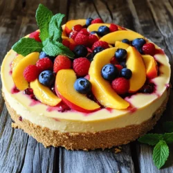 - 1 ½ cups graham cracker crumbs - ½ cup unsalted butter, melted - 2 tablespoons sugar - 2 (8 oz) packages cream cheese, softened - ¾ cup sugar - 2 large eggs - 1 teaspoon vanilla extract - 1 cup sour cream - 2 medium ripe peaches, peeled and diced - 1 cup mixed berries (strawberries, blueberries, raspberries) - 1 tablespoon lemon juice - Fresh mint leaves for garnish (optional) To make a great Summer Berry Peach Cheesecake, you need fresh and simple ingredients. The graham cracker crumbs form the crust. The melted butter binds everything together. Sugar sweetens the crust and filling. Cream cheese gives the cheesecake its rich taste and texture. Eggs help set the filling. Vanilla extract adds depth. Sour cream adds creaminess and a slight tang. Fresh peaches and mixed berries bring a burst of flavor and color. Lemon juice brightens the fruit and balances sweetness. You can garnish with fresh mint leaves for a nice touch. - Use crushed nuts or oats for a gluten-free crust. - For dairy-free, try cashew cream or coconut cream cheese. - Fresh fruits are best, but frozen can work if thawed and drained. If you need to change any ingredients, there are good options. For the crust, you can swap graham crackers for crushed nuts or oats if you want gluten-free. If you are avoiding dairy, cashew cream or coconut cream cheese can replace cream cheese. Fresh fruits are always better for flavor and texture. However, frozen fruits can work too. Just make sure to thaw them first and drain any excess liquid. - Springform pan - Mixing bowls - Electric mixer - Spatula Having the right tools makes this recipe easy. A springform pan is key for a cheesecake. It lets you remove the sides easily. You'll need mixing bowls for different steps. An electric mixer helps whip the cream cheese smoothly. A spatula is great for folding in fruits and spreading the batter evenly. First, preheat your oven to 325°F (160°C). This step is key for a great crust. In a medium bowl, mix together 1 ½ cups of graham cracker crumbs, ½ cup of melted unsalted butter, and 2 tablespoons of sugar. Stir until the crumbs are all coated. Next, press this mixture firmly into the bottom of a 9-inch springform pan. This creates a solid base. Bake for 10 minutes, then let it cool completely. Now, let’s make the creamy filling! In a large mixing bowl, beat 2 packages (8 oz each) of softened cream cheese until it is smooth. Gradually add in ¾ cup of sugar. Mix until combined. Next, add 2 large eggs one at a time. Beat well after each egg. Then, mix in 1 teaspoon of vanilla extract and 1 cup of sour cream until it is just blended. For the fruit, take 2 peeled and diced medium peaches and 1 cup of mixed berries. This can include strawberries, blueberries, and raspberries. In a separate bowl, combine the diced fruit with 1 tablespoon of lemon juice. Gently fold this fruit mixture into the cheesecake batter. Be careful not to overmix! You want to keep the fruit nice and distributed. It’s time to bake! Pour the cream cheese and fruit mixture over the cooled crust in the springform pan. Smooth the top with a spatula. Bake in the preheated oven for 55-65 minutes. The center should be set but slightly jiggly. After baking, turn off the oven and leave the cheesecake inside for an hour. This cooling step helps prevent cracks. Chilling is very important for cheesecake. Once it has cooled, refrigerate for at least 4 hours. For the best results, chill overnight. This allows the cheesecake to set completely. To serve, carefully release the sides of the springform pan. Transfer the cheesecake to a serving platter. For a nice touch, garnish with fresh mint leaves if you like. Slice the cheesecake into wedges and serve it chilled. You can even add a sprinkle of extra berries on top for a burst of color! For the full recipe, check the details above. To avoid cracks in your cheesecake, keep the oven door closed. Opening it can change the temperature and create cracks. Cook it slowly, and don’t rush the cooling. After baking, turn off the oven and leave the cheesecake inside. This gradual cooling helps it set nicely. For the right texture, use softened cream cheese. Cold cream cheese does not mix well and can create lumps. Beat it until smooth before adding other ingredients. Also, don’t overmix once you add the fruits. Just fold them in gently to keep the cheesecake fluffy and light. Adding zest from lemon or orange can brighten your cheesecake. Just a teaspoon can make a big difference. The zest adds a fresh, tangy taste that pairs well with the sweetness of the fruits. You can also infuse flavors with extracts. A splash of almond, vanilla, or even coconut extract gives a unique twist. Just remember to keep the amounts small, as they can be strong. How you plate your cheesecake can impress your guests. Slice it neatly and place it on a colorful plate. A bright plate makes the dessert stand out. Using fresh fruit for decoration is a great idea. Arrange berries or peach slices on top. They add color and make the dish look even more inviting. A sprig of mint can add a pop of green and a touch of elegance. For the full recipe, check out the details to make your own Summer Berry Peach Cheesecake! {{image_2}} You can switch up the fruits in this cheesecake recipe. Instead of peaches, try ripe mango or pineapple for a tropical twist. You can also mix in your favorite berries. Use blackberries or go for a mix of strawberries and blueberries. Each fruit adds its own flavor, making your cheesecake unique. Want to make your cheesecake even more special? Add a drizzle of chocolate or caramel on top. It creates a rich taste that pairs well with the fruits. You can also swirl in fruit purees. Blend your favorite fruits and gently mix them into the batter. This adds color and extra flavor to each slice. If you prefer smaller treats, make mini cheesecakes. Use a muffin tin with liners instead of a springform pan. Fill each cup with the cheesecake batter and bake for about 20-25 minutes. Keep an eye on them, as they will bake faster than larger cakes. Mini cheesecakes are perfect for parties or quick snacks. For more details, check the Full Recipe. To keep your cheesecake fresh, store it in the fridge. Place it in an airtight container or cover it tightly with plastic wrap. This helps prevent it from drying out or absorbing other smells. It’s best to eat the leftovers within 3 to 5 days for the best taste. You can freeze this cheesecake if you want to save some for later. First, let the cheesecake cool completely. Then, wrap it tightly in plastic wrap and foil. This helps protect it from freezer burn. To thaw, move it to the fridge for several hours or overnight. You can also leave it at room temperature for about 2 hours before serving. For the best flavor, enjoy your cheesecake within a week. After that, it may start to lose its taste and texture. Signs of spoilage include an off smell, discoloration, or a watery surface. If you notice these signs, it's best to throw it away. You can use low-fat cream cheese, but it changes the texture and flavor. Low-fat options may not whip as well as full-fat cream cheese. This may lead to a less creamy cheesecake. If you prefer a lighter option, consider mixing low-fat cream cheese with some sour cream. This keeps the cheesecake rich while cutting some calories. If you want to change the crust, you have several options. You can use crushed cookies like Oreos or vanilla wafers for a different taste. Nut-based crusts, made from almonds or pecans, are also great. You could also try oatmeal or coconut for a unique flavor. Each option gives a new twist to your cheesecake. To check doneness, look for a few signs. The edges should be firm, and the center should still jiggle slightly. This jiggle means the cheesecake will set as it cools. You can also insert a toothpick in the center. If it comes out mostly clean, your cheesecake is ready. Yes, you can use frozen fruits! Just remember to thaw and drain them first. This prevents excess moisture in your cheesecake. Frozen fruits can be just as tasty as fresh ones. They often pack a lot of flavor and color. Use them to add a refreshing touch to your cheesecake. Cheesecake should not sit out for more than two hours. After that, harmful bacteria can grow. If it's a warm day, it's better to keep it chilled. Always store leftovers in the fridge to keep them fresh. Enjoy your cheesecake safely! This blog post covers all you need to make a delicious cheesecake. You learned about main ingredients like cream cheese and fresh fruits, plus some helpful substitutions. I also shared step-by-step instructions to guide you from crust to serving. Finally, remember to chill your cheesecake well for the best taste. With a few tips for flavor and presentation, your cheesecake can impress anyone. Enjoy creating your perfect dessert!