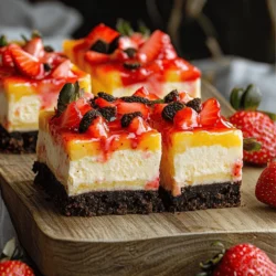 To make Golden Oreo Strawberry Cheesecake Bars, you need: - 24 Golden Oreos, crushed (plus extra for garnish) - 4 tablespoons unsalted butter, melted - 16 oz cream cheese, softened - 3/4 cup granulated sugar - 1 teaspoon vanilla extract - 2 large eggs - 1 cup fresh strawberries, chopped - 1/2 cup sour cream - 1 tablespoon lemon juice - Pinch of salt