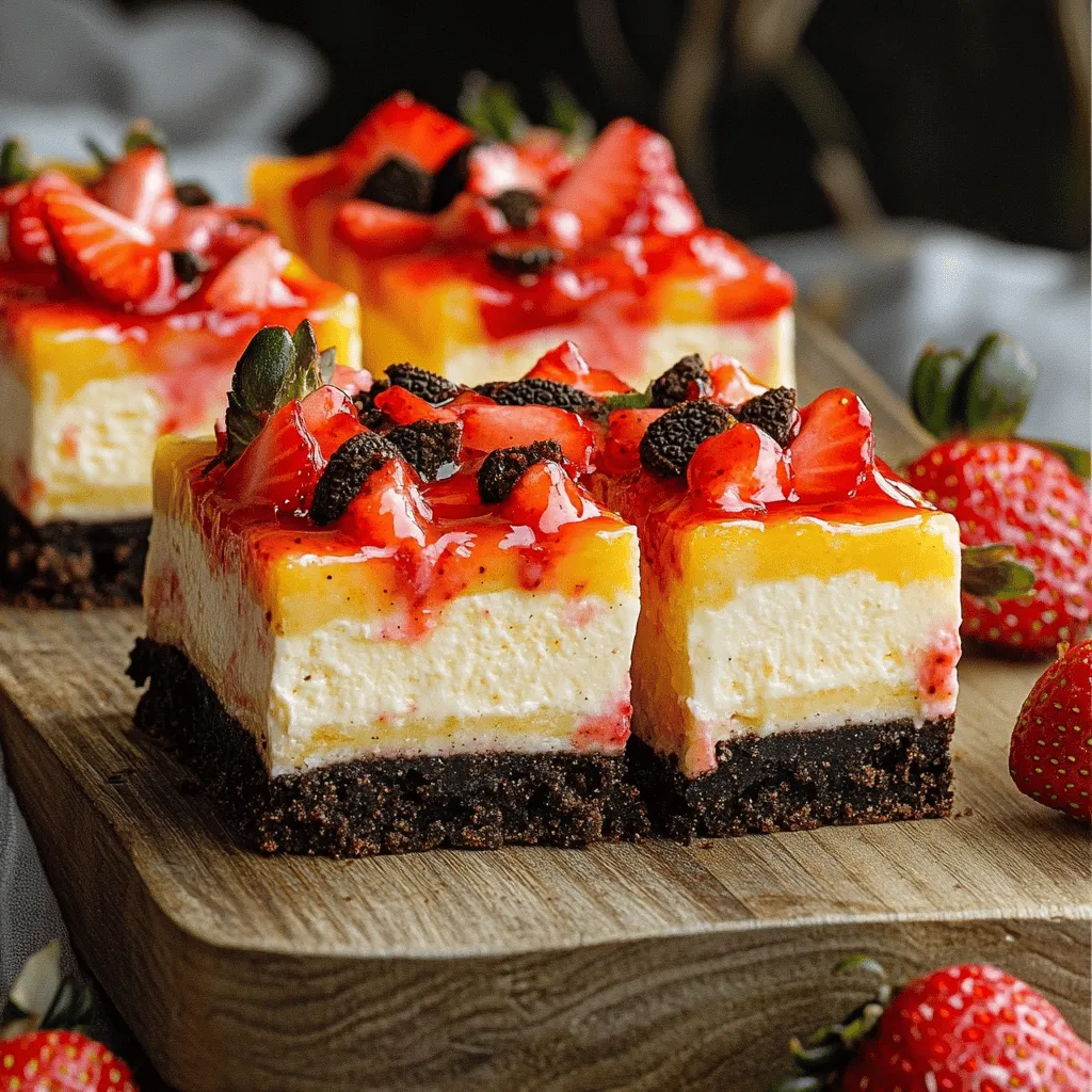 To make Golden Oreo Strawberry Cheesecake Bars, you need: - 24 Golden Oreos, crushed (plus extra for garnish) - 4 tablespoons unsalted butter, melted - 16 oz cream cheese, softened - 3/4 cup granulated sugar - 1 teaspoon vanilla extract - 2 large eggs - 1 cup fresh strawberries, chopped - 1/2 cup sour cream - 1 tablespoon lemon juice - Pinch of salt