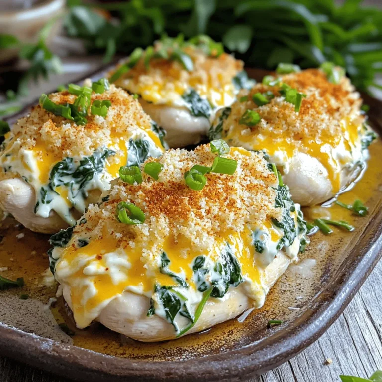 Million Dollar Chicken Bake is a creamy and cheesy dish. It uses simple ingredients. This recipe is quick and easy. You will love how it tastes. - Chicken breasts: Boneless and skinless for best results. - Cheese: Cream cheese and cheddar cheese for creaminess and flavor. - Vegetables: Spinach and green onions for added freshness and nutrition. - Seasonings: Garlic powder, onion powder, paprika, salt, and pepper for taste. - Panko topping: For a crunchy texture that complements the dish. In this dish, chicken breasts are the star. I like using boneless and skinless chicken for a tender bite. Cream cheese adds richness, while cheddar gives that lovely flavor. Spinach and green onions bring a pop of color and nutrition. The seasonings—garlic powder, onion powder, paprika, salt, and pepper—are key. They enhance the overall taste. The panko topping adds crunch. It contrasts well with the creamy filling. Feel free to check the Full Recipe for more details! Each ingredient plays a role. Together, they create a meal that is both easy and delightful. 1. Preheat your oven to 375°F (190°C). Grease a 9x13-inch baking dish. This step helps prevent sticking. 2. In a large bowl, mix the filling ingredients. Combine cream cheese, cheddar cheese, sour cream, spinach, and green onions. Add garlic powder, onion powder, paprika, salt, and pepper. Stir until creamy and smooth. 3. Prepare the chicken breasts. Take each breast and slice it horizontally to create a pocket. Be careful not to cut all the way through. 1. Stuff each chicken breast with the cheese and spinach mixture. Make sure to fill them well. Place the stuffed chicken in the greased baking dish. 2. For the topping, mix panko bread crumbs with olive oil in a small bowl. Stir until the crumbs are coated. Evenly sprinkle this mixture over the chicken. 1. Bake the chicken in the preheated oven for 30-35 minutes. You want the chicken fully cooked and the topping golden brown. 2. After baking, let the dish rest for 5 minutes. This waiting time helps the flavors blend before serving. This simple process makes Million Dollar Chicken Bake a crowd-pleaser. With the creamy filling and crunchy topping, you'll love every bite. For the complete recipe, check out the [Full Recipe]. To make your Million Dollar Chicken Bake perfect, avoid overstuffing the chicken. If you put in too much filling, it may spill out while cooking. This can make a mess and ruin the look of your dish. Use fresh ingredients whenever you can. Fresh spinach and cream cheese will give you the best flavor. Want to boost the taste? Add herbs like thyme or basil. These will add a nice depth to the dish. You can sprinkle them right into the filling. Just a little goes a long way. You will enjoy the extra flavor they bring. A meat thermometer is your best friend here. It helps you check if the chicken is cooked just right. Aim for an internal temperature of 165°F (74°C). This ensures your chicken is safe to eat and juicy. Always check before you serve. {{image_2}} You can easily change some ingredients for your taste. Try using low-fat cream cheese or Greek yogurt. These swaps make the dish lighter without losing flavor. You can also choose different cheeses. Mozzarella or pepper jack adds a fun twist to the classic taste. If you need gluten-free options, use gluten-free breadcrumbs. This keeps the crunch without the gluten. For a vegan version, swap the chicken for tofu or seitan. Both options absorb flavors well, making your dish just as tasty. To create a complete meal, pair the Million Dollar Chicken Bake with sides. Rice or quinoa adds nice texture and balance. A fresh side salad also works great. These sides help round out the meal, making it satisfying and healthy. To keep your Million Dollar Chicken Bake fresh, store leftovers in an airtight container. Place the chicken in the fridge within two hours of cooking. It can stay good for up to three days. If you want to keep it longer, freezing is a great option. To freeze, first let the chicken cool completely. Then, wrap each piece tightly in plastic wrap. After that, place the wrapped chicken in a freezer bag. Squeeze out as much air as possible to prevent freezer burn. Label the bag with the date. It can last up to three months in the freezer. When ready to eat, thaw the chicken overnight in the fridge. For reheating, place it in a preheated oven at 350°F (175°C) for about 20 minutes. This keeps the chicken moist. You can also use the microwave, heating in short bursts. Just make sure to check the center is hot. For the best taste and texture, I recommend the oven method. Enjoy your delicious leftovers! Million Dollar Chicken Bake is a delicious and cheesy chicken dish. It has cream cheese, cheddar cheese, and spinach stuffed into juicy chicken breasts. This dish is easy to make and packed with flavor. Many people love it because it feels fancy but is quick to prepare. The crispy panko topping adds a nice crunch. It's great for family dinners or special occasions. Yes, you can make this dish ahead of time! Prepare the chicken and stuff it with the cheese mixture. After that, cover it and store it in the fridge. You can keep it there for one or two days. When you're ready, just bake it as directed. If you want, you can also freeze it. Just make sure to wrap it well. To reheat, thaw it overnight in the fridge before baking. There are many tasty sides to serve with Million Dollar Chicken Bake. Here are some ideas: - Roasted vegetables like carrots and broccoli - A fresh green salad with light dressing - Steamed rice or quinoa for a hearty touch - Mashed potatoes for comfort food lovers These sides will make your meal more complete and balanced. In this blog post, I shared a detailed guide to making Million Dollar Chicken Bake. You learned about the key ingredients, step-by-step instructions, and helpful tips. Keep in mind that you can customize this dish with different cheeses or make it gluten-free. Proper cooking and storage techniques help maintain taste and texture. Enjoy experimenting with variations to create a meal that suits your taste. This recipe offers a satisfying way to make dinner special. Dive in and enjoy your cooking journey!