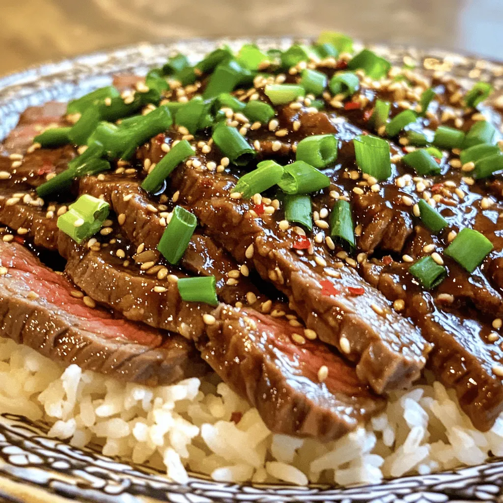 To make Mongolian Beef, gather these ingredients: - 1 lb flank steak, thinly sliced against the grain - 3 tablespoons cornstarch - 2 tablespoons vegetable oil - 4 green onions, cut into 2-inch lengths - 4 cloves garlic, minced - 1 inch ginger, minced - 1/2 cup soy sauce - 1/4 cup brown sugar - 1 tablespoon sesame oil - 1 teaspoon red pepper flakes (adjust for spice preference) - Salt and black pepper to taste These ingredients create a dish that is both savory and sweet. The flank steak gives a tender bite, while the sauce adds rich flavor. If you need substitutions, you can use other cuts of beef like sirloin. For a gluten-free option, swap soy sauce for tamari. If you want a lower-carb version, you can use coconut aminos. For a vegetarian option, try tofu or seitan instead of beef. Each substitute will change the taste slightly, but they can still deliver great results. Using fresh ingredients, like garlic and ginger, makes a big difference. They add vibrant flavors and aromas to your dish. Dried ingredients can work in a pinch, but they lack the punch of fresh ones. For example, fresh garlic will give a brighter taste than garlic powder. Always opt for fresh when you can, especially in a dish like Mongolian Beef, where flavor is key. To start, you need flank steak. Slice it thinly against the grain. This helps keep it tender. Place the beef in a mixing bowl. Add three tablespoons of cornstarch. Toss well until the beef is coated. Let it rest for 10 to 15 minutes. This step makes a big difference in texture. Now, let's make the sauce. In a small bowl, combine 1/2 cup soy sauce, 1/4 cup brown sugar, and 1 tablespoon sesame oil. Add a teaspoon of red pepper flakes for heat. Whisk everything together until smooth. This sauce brings the perfect balance of sweet and savory to your dish. Heat two tablespoons of vegetable oil in a large skillet or wok. Make sure the oil is hot but not smoking. Add the beef in batches to avoid overcrowding. Stir-fry for 2 to 3 minutes until it's browned. Remove the beef and set it aside. In the same pan, add minced garlic and ginger. Stir for about 30 seconds until fragrant. Toss in the green onions and stir-fry for 1 to 2 minutes. Pour in the sauce and let it simmer for 1 to 2 minutes. Return the beef to the pan, mixing well. Cook for another minute to blend the flavors. Adjust the seasoning with salt and black pepper to taste. This process creates a dish that is both quick and full of flavor. For the full recipe, check out the details above! To get tender beef, start with flank steak. Slice it against the grain; this matters! Coat the beef with cornstarch. Let it rest for 10-15 minutes. The cornstarch helps soften the meat. Stir-fry it in batches to keep it juicy. Overcrowding makes it tough. One big mistake is not slicing the beef correctly. Always cut against the grain for tenderness. Another error is cooking the meat too long. This can make it dry and chewy. Be sure to watch the heat. If it’s too low, the beef will steam instead of fry. Lastly, don’t skip the resting time after coating with cornstarch. You can easily adjust the flavor of your Mongolian beef. For a sweeter sauce, add more brown sugar. If you want it saltier, add extra soy sauce. For spice, increase the red pepper flakes. Start with a little and taste as you go. This way, you can find your perfect balance. If you prefer less heat, skip the flakes altogether. For a full experience, check out the [Full Recipe]. {{image_2}} You can easily make a vegetarian or vegan version of Mongolian beef. Instead of beef, use mushrooms or tofu. Both options soak up flavor well. For mushrooms, shiitake or portobello work great. They have a meaty texture that adds depth. If you choose tofu, use firm tofu. Press it to remove excess water. Then slice it into bite-sized pieces. Coat the tofu with cornstarch for a crispy finish. To keep it low-carb or keto-friendly, swap out the brown sugar. Use a sugar substitute like erythritol or stevia. This change helps reduce carbs without losing flavor. You can also replace the soy sauce with coconut aminos. This option is lower in sodium and carbs. Pair it with cauliflower rice instead of jasmine rice. It makes a tasty and satisfying meal. Adding vegetables can enhance the dish's flavor and texture. Some great options are bell peppers, broccoli, or snap peas. These veggies add color and crunch. You can also try bok choy or carrots for a different taste. Just sauté them for a few minutes before adding the sauce. This ensures they stay crisp and fresh. Mix and match your favorite vegetables for a fun twist. For more ideas, check out the full recipe. Store leftover Mongolian beef in an airtight container. Let it cool before sealing. This keeps the flavors fresh. Place it in the fridge if you plan to eat it within three days. For longer storage, consider freezing. To reheat Mongolian beef, use a skillet over medium heat. Add a splash of water or broth to keep it moist. Stir often until heated through. You can also use a microwave. Heat in short bursts, stirring in between to avoid hot spots. To freeze Mongolian beef, first let it cool completely. Transfer it to a freezer-safe bag, removing as much air as possible. Label the bag with the date. It can last up to three months in the freezer. To enjoy, thaw in the fridge overnight before reheating. This helps maintain the taste and texture. For best results, do not freeze the beef with rice. Mongolian Beef does not come from Mongolia. It is a dish from Chinese-American cuisine. The dish is inspired by Mongolian flavors but is not traditional. It features tender beef and a sweet soy sauce. Many believe the dish was created in the United States. It gained popularity in Chinese restaurants in the 1980s. The name gives a nod to Mongolian barbecue, which is a fun dining style. Yes, you can make Mongolian Beef in advance. Prepare and cook the dish, and then let it cool. Store it in the fridge for up to three days. When ready to eat, reheat it in a pan or microwave. The beef may lose some crispiness but will still taste great. To keep the flavors fresh, store the sauce separately if possible. To reduce sweetness, cut back on brown sugar. You can also add more soy sauce for a savory taste. Replace some soy sauce with water or low-sodium soy sauce to lower salt. If you want more balance, add fresh lime juice or vinegar. These options can brighten the flavors without making it sweeter. Adjust the sauce to your taste as you cook. Flank steak is the best choice for Mongolian Beef. It is tender and has good flavor. You can also use sirloin or skirt steak. These cuts also work well and are easy to slice thinly. Make sure to cut against the grain for tenderness. This helps the beef stay soft and easy to chew. Yes, adding vegetables is a great idea! You can use bell peppers, broccoli, or snap peas. These veggies add color and nutrients. Stir-fry them after cooking the beef for a few minutes. This keeps them crisp and vibrant. You can also add carrots for sweetness or bok choy for crunch. Adjust cooking time based on the vegetables you choose. Mongolian Beef can be spicy or mild, depending on your taste. The recipe includes red pepper flakes, which add heat. You can adjust the amount or leave them out. If you like spice, add more or include fresh chili peppers. For a milder version, use less sauce or substitute with a sweeter sauce. Always taste as you go to find your perfect balance. Feel free to check the Full Recipe for detailed cooking steps and tips! Mongolian beef is a tasty dish you can make easily at home. We covered the key ingredients, tips for cooking, and how to store leftovers. Don't forget to explore variations for different diets. Adjusting flavors can help you find your perfect taste. Whether you like it sweet, spicy, or savory, there’s a way to make it just right for you. Enjoy your cooking and share this dish with friends and family!