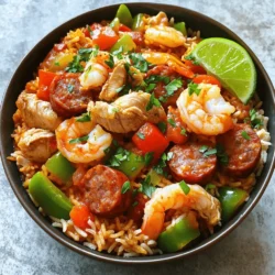 To make a great jambalaya, you need a mix of proteins, veggies, and rice. Here’s what you will need: - Chicken, sausage, and shrimp - 1 pound boneless, skinless chicken thighs, diced - 1 pound andouille sausage, sliced - 1 cup shrimp, peeled and deveined - Vegetables and seasoning - 1 large onion, diced - 1 green bell pepper, diced - 1 red bell pepper, diced - 3 cloves garlic, minced - 1 can (14.5 oz) diced tomatoes with green chilies - 2 tablespoons Cajun seasoning - 1 teaspoon dried oregano - 1 teaspoon dried thyme - Salt and pepper to taste - Rice and broth - 1 ½ cups long-grain rice - 3 cups chicken broth - ¼ cup olive oil - 2 green onions, chopped (for garnish) - Fresh parsley, chopped (for garnish) This mix of ingredients gives jambalaya its rich flavor. Each item plays a role in the final dish. Chicken and sausage add heartiness, while shrimp brings a touch of the sea. The mix of peppers and onion gives a sweet crunch. Cajun seasoning packs a punch, and the rice soaks up all the goodness. You can find the full recipe for this delicious jambalaya to get started! Start by heating olive oil in a large pot over medium heat. Add the diced chicken thighs and sliced sausage. Cook for about 5-7 minutes. Look for a nice brown color on the meat. This adds great flavor to the dish. Once the meat is cooked, remove it from the pot. This step helps keep the meat juicy. Set it aside for now. Next, add the diced onion, green bell pepper, red bell pepper, and minced garlic to the same pot. Sauté these veggies for 4-5 minutes. You want them to soften and turn translucent. This is where the flavor begins to build. The mix of peppers and onion creates a sweet and savory base for your jambalaya. Now, stir in Cajun seasoning, oregano, and thyme. Cook for an additional minute. This helps release their full flavors. Then, add the diced tomatoes and chicken broth. Bring this to a gentle simmer. Next, stir in the long-grain rice and return the cooked chicken and sausage to the pot. Season with salt and pepper to taste. Cover the pot and reduce the heat to low. Let it simmer for about 25-30 minutes. Stir occasionally to prevent the rice from sticking. In the last 5 minutes, gently fold in the shrimp. Cover the pot again and let the shrimp cook until they turn pink. This ensures they stay tender. After cooking, let the pot sit covered for 5 more minutes. This resting time helps the flavors meld. For a great finish, serve your jambalaya in deep bowls. Garnish with green onions and parsley. Enjoy your delicious jambalaya! For a specific recipe, check the Full Recipe. Cajun seasoning is key for jambalaya. It brings warmth and depth. You should use a blend of spices like paprika, cayenne, and garlic powder. This mix adds a true Cajun taste. To balance spices, start with less. You can always add more later. This way, you control the heat. Taste as you go to find your perfect mix. A heavy-bottomed pot is best for jambalaya. It helps cook evenly and prevents burning. A Dutch oven works great too. To avoid mushy rice, use long-grain rice. Rinse it under cold water first. This removes extra starch. Cook it covered, and don’t stir too much. Let it steam gently for perfect texture. Garnishes make your jambalaya pop. Chopped green onions and fresh parsley add color and flavor. You can also squeeze lime juice on top for zest. For side dishes, serve with crusty bread or a simple salad. These sides balance the rich flavors of the jambalaya. Enjoy these tips to make your meal special. For the full recipe, check out the details above! {{image_2}} For seafood jambalaya, use shrimp and crab for the best taste. You can also add mussels or clams. These ingredients cook fast, so add them later. Adjust the cooking time to about 10 minutes for shrimp. Cook until they turn pink and firm. This keeps the seafood tender and juicy. To make a vegetarian jambalaya, replace meat with beans or lentils. They provide protein and texture. Use vegetable broth instead of chicken broth. For extra flavor, add mushrooms and zucchini. These veggies soak up spices well. You can also use smoked paprika for a smoky taste. If you want more heat, add cayenne pepper or diced jalapeños. Start with a small amount and taste as you go. Consider using spicy sausage for extra flavor. Hot sauce is another option for those who love spice. Mix it in at the end for a kick without overpowering the dish. To keep your jambalaya fresh, put it in an airtight container. Refrigerate it right away. Jambalaya stays good in the fridge for about 3 to 4 days. Make sure to let it cool down first before sealing it. This step helps keep the flavors intact. You can freeze jambalaya for longer storage. Use a freezer-safe container or bag. Remove as much air as possible to prevent freezer burn. It can last up to 3 months in the freezer. When you want to eat it, thaw it overnight in the fridge. This keeps the taste strong and fresh. When it's time to eat, you have two main ways to reheat jambalaya: a microwave or stovetop. If using the microwave, place it in a bowl and cover it. Heat it in short bursts, stirring between each one. For stovetop, put it in a pan with a splash of water or broth. Heat it over low heat, stirring often. Adding liquid helps keep it moist and tasty. Jambalaya comes from Louisiana. It is a blend of French, Spanish, and African flavors. This dish grew in New Orleans. Cooks made it with local rice and fresh seafood. Early recipes used Spanish paella as a base. Over time, jambalaya evolved with new ingredients. Today, it often includes chicken, sausage, and shrimp. Yes, you can make jambalaya in a slow cooker. Start by browning the chicken and sausage in a pan. Then, add them to the slow cooker. Include diced vegetables, tomatoes, and broth. Use long-grain rice, but add it later. Cook on low for 4-6 hours. Add shrimp in the last 30 minutes. This helps them stay tender. To add heat, use hot sauce or cayenne pepper. Start with a small amount. You can always add more heat later. Chopped jalapeños also work well. For a smoky flavor, try adding smoked paprika. Balance the heat with sweetness from bell peppers. This keeps the dish tasty, not overwhelming. Jambalaya and paella both use rice and proteins. However, jambalaya has a more robust flavor. It uses Cajun spices, while paella features saffron. Jambalaya cooks all ingredients together, but paella layers them. Traditionally, paella has distinct layers of flavor. Jambalaya is a one-pot meal that is quick to make. Each dish reflects its culture and history. Jambalaya is a rich dish with layered flavors, combining chicken, sausage, and shrimp. It's essential to sauté your vegetables well and cook the rice evenly. Remember to balance your spices for authentic flavor. You can switch it up with seafood or make a spicy version too. With the right storage, this dish keeps well in the fridge or freezer. Dive into this vibrant meal and explore its tasty variations. Enjoy every bite and share your own delicious outcomes!
