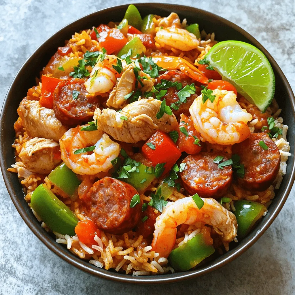 To make a great jambalaya, you need a mix of proteins, veggies, and rice. Here’s what you will need: - Chicken, sausage, and shrimp - 1 pound boneless, skinless chicken thighs, diced - 1 pound andouille sausage, sliced - 1 cup shrimp, peeled and deveined - Vegetables and seasoning - 1 large onion, diced - 1 green bell pepper, diced - 1 red bell pepper, diced - 3 cloves garlic, minced - 1 can (14.5 oz) diced tomatoes with green chilies - 2 tablespoons Cajun seasoning - 1 teaspoon dried oregano - 1 teaspoon dried thyme - Salt and pepper to taste - Rice and broth - 1 ½ cups long-grain rice - 3 cups chicken broth - ¼ cup olive oil - 2 green onions, chopped (for garnish) - Fresh parsley, chopped (for garnish) This mix of ingredients gives jambalaya its rich flavor. Each item plays a role in the final dish. Chicken and sausage add heartiness, while shrimp brings a touch of the sea. The mix of peppers and onion gives a sweet crunch. Cajun seasoning packs a punch, and the rice soaks up all the goodness. You can find the full recipe for this delicious jambalaya to get started! Start by heating olive oil in a large pot over medium heat. Add the diced chicken thighs and sliced sausage. Cook for about 5-7 minutes. Look for a nice brown color on the meat. This adds great flavor to the dish. Once the meat is cooked, remove it from the pot. This step helps keep the meat juicy. Set it aside for now. Next, add the diced onion, green bell pepper, red bell pepper, and minced garlic to the same pot. Sauté these veggies for 4-5 minutes. You want them to soften and turn translucent. This is where the flavor begins to build. The mix of peppers and onion creates a sweet and savory base for your jambalaya. Now, stir in Cajun seasoning, oregano, and thyme. Cook for an additional minute. This helps release their full flavors. Then, add the diced tomatoes and chicken broth. Bring this to a gentle simmer. Next, stir in the long-grain rice and return the cooked chicken and sausage to the pot. Season with salt and pepper to taste. Cover the pot and reduce the heat to low. Let it simmer for about 25-30 minutes. Stir occasionally to prevent the rice from sticking. In the last 5 minutes, gently fold in the shrimp. Cover the pot again and let the shrimp cook until they turn pink. This ensures they stay tender. After cooking, let the pot sit covered for 5 more minutes. This resting time helps the flavors meld. For a great finish, serve your jambalaya in deep bowls. Garnish with green onions and parsley. Enjoy your delicious jambalaya! For a specific recipe, check the Full Recipe. Cajun seasoning is key for jambalaya. It brings warmth and depth. You should use a blend of spices like paprika, cayenne, and garlic powder. This mix adds a true Cajun taste. To balance spices, start with less. You can always add more later. This way, you control the heat. Taste as you go to find your perfect mix. A heavy-bottomed pot is best for jambalaya. It helps cook evenly and prevents burning. A Dutch oven works great too. To avoid mushy rice, use long-grain rice. Rinse it under cold water first. This removes extra starch. Cook it covered, and don’t stir too much. Let it steam gently for perfect texture. Garnishes make your jambalaya pop. Chopped green onions and fresh parsley add color and flavor. You can also squeeze lime juice on top for zest. For side dishes, serve with crusty bread or a simple salad. These sides balance the rich flavors of the jambalaya. Enjoy these tips to make your meal special. For the full recipe, check out the details above! {{image_2}} For seafood jambalaya, use shrimp and crab for the best taste. You can also add mussels or clams. These ingredients cook fast, so add them later. Adjust the cooking time to about 10 minutes for shrimp. Cook until they turn pink and firm. This keeps the seafood tender and juicy. To make a vegetarian jambalaya, replace meat with beans or lentils. They provide protein and texture. Use vegetable broth instead of chicken broth. For extra flavor, add mushrooms and zucchini. These veggies soak up spices well. You can also use smoked paprika for a smoky taste. If you want more heat, add cayenne pepper or diced jalapeños. Start with a small amount and taste as you go. Consider using spicy sausage for extra flavor. Hot sauce is another option for those who love spice. Mix it in at the end for a kick without overpowering the dish. To keep your jambalaya fresh, put it in an airtight container. Refrigerate it right away. Jambalaya stays good in the fridge for about 3 to 4 days. Make sure to let it cool down first before sealing it. This step helps keep the flavors intact. You can freeze jambalaya for longer storage. Use a freezer-safe container or bag. Remove as much air as possible to prevent freezer burn. It can last up to 3 months in the freezer. When you want to eat it, thaw it overnight in the fridge. This keeps the taste strong and fresh. When it's time to eat, you have two main ways to reheat jambalaya: a microwave or stovetop. If using the microwave, place it in a bowl and cover it. Heat it in short bursts, stirring between each one. For stovetop, put it in a pan with a splash of water or broth. Heat it over low heat, stirring often. Adding liquid helps keep it moist and tasty. Jambalaya comes from Louisiana. It is a blend of French, Spanish, and African flavors. This dish grew in New Orleans. Cooks made it with local rice and fresh seafood. Early recipes used Spanish paella as a base. Over time, jambalaya evolved with new ingredients. Today, it often includes chicken, sausage, and shrimp. Yes, you can make jambalaya in a slow cooker. Start by browning the chicken and sausage in a pan. Then, add them to the slow cooker. Include diced vegetables, tomatoes, and broth. Use long-grain rice, but add it later. Cook on low for 4-6 hours. Add shrimp in the last 30 minutes. This helps them stay tender. To add heat, use hot sauce or cayenne pepper. Start with a small amount. You can always add more heat later. Chopped jalapeños also work well. For a smoky flavor, try adding smoked paprika. Balance the heat with sweetness from bell peppers. This keeps the dish tasty, not overwhelming. Jambalaya and paella both use rice and proteins. However, jambalaya has a more robust flavor. It uses Cajun spices, while paella features saffron. Jambalaya cooks all ingredients together, but paella layers them. Traditionally, paella has distinct layers of flavor. Jambalaya is a one-pot meal that is quick to make. Each dish reflects its culture and history. Jambalaya is a rich dish with layered flavors, combining chicken, sausage, and shrimp. It's essential to sauté your vegetables well and cook the rice evenly. Remember to balance your spices for authentic flavor. You can switch it up with seafood or make a spicy version too. With the right storage, this dish keeps well in the fridge or freezer. Dive into this vibrant meal and explore its tasty variations. Enjoy every bite and share your own delicious outcomes!