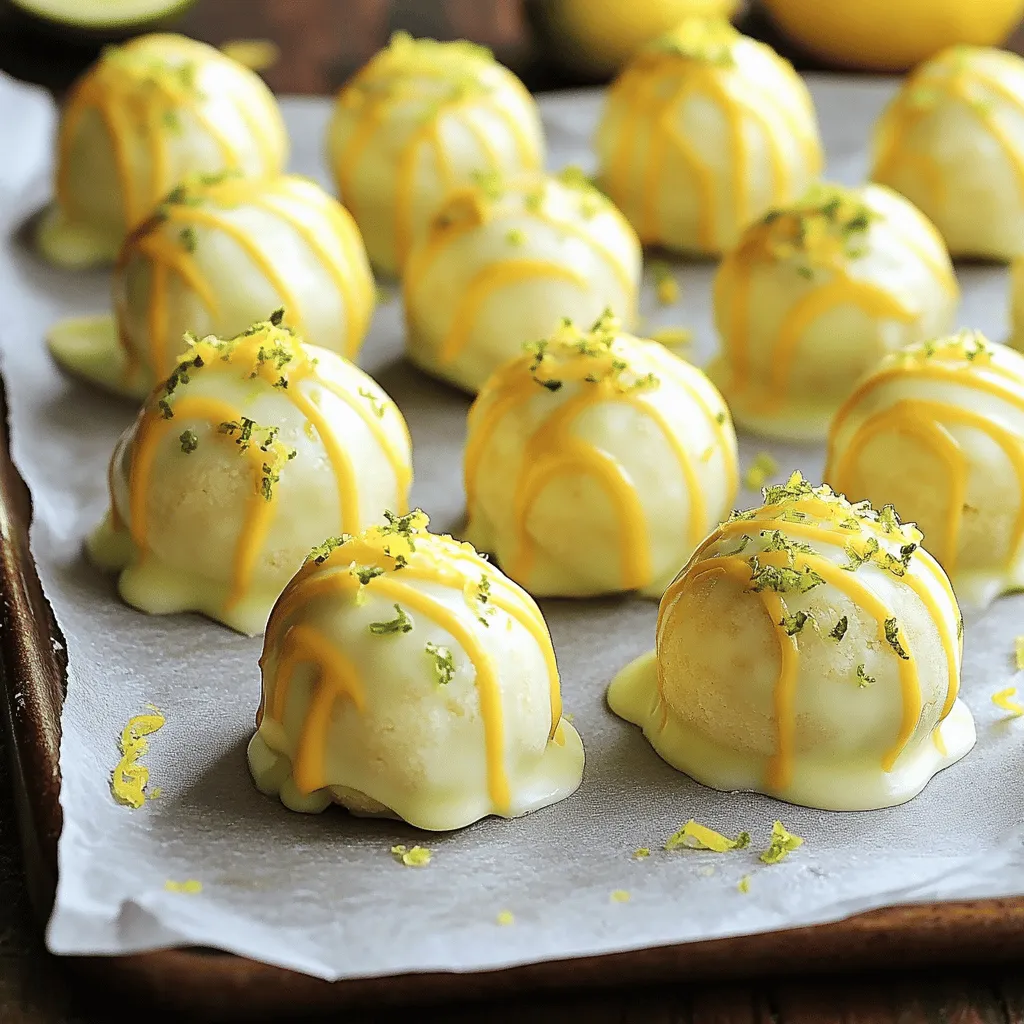 When making Lemon-Lime Sugar Cookie Truffles, you need a few key items. Here’s a complete list of ingredients: - 1 cup sugar cookie mix - 2 tablespoons butter, softened - 1/4 cup all-purpose flour - 1/4 teaspoon baking powder - Zest of 1 lemon - Zest of 1 lime - 1/4 cup powdered sugar - 2 tablespoons fresh lemon juice - 2 tablespoons fresh lime juice - 1 cup white chocolate chips - 1 tablespoon coconut oil (optional, for melting chocolate) - Additional lemon and lime zest for garnish These ingredients come together to create a fun and zesty treat. The sugar cookie mix gives you a sweet base. Butter adds richness, while flour helps hold everything together. Baking powder makes the texture light and fluffy. The lemon and lime zest bring bright flavors that pop in each bite. The powdered sugar, fresh lemon juice, and lime juice create a smooth glaze that adds a nice finish. White chocolate chips make the truffles sweet and creamy. You can use coconut oil to help with melting the chocolate for a better coating. Lastly, the extra zest is perfect for a colorful garnish. For the full recipe, you can find all the steps to create these tasty truffles! To start, gather your ingredients. In a mixing bowl, combine the sugar cookie mix, softened butter, all-purpose flour, baking powder, and the zests of the lemon and lime. Mix these together well until a dough forms. If your dough feels too crumbly, don’t worry! Just add a teaspoon of water at a time. Keep mixing until the dough is soft and easy to handle. This is key for making your truffles. Now, it’s time to create your truffle balls. Roll the dough into 1-inch balls. Place them on a baking sheet lined with parchment paper. Chilling the dough balls is important. Pop them in the freezer for about 30 minutes. This helps them set and makes dipping easier later. While the dough chills, prepare your glaze. In a small bowl, whisk together powdered sugar, fresh lemon juice, and fresh lime juice. This creates a smooth glaze to drizzle later. Once the dough balls are firm, melt the white chocolate chips and coconut oil in a microwave-safe bowl. Heat in 30-second intervals, stirring until smooth. Dip each cookie dough ball into the melted chocolate. Make sure each ball is evenly coated. Use a fork to lift them out and shake off any extra chocolate. Place them back on the parchment-lined baking sheet. Finally, drizzle your lemon-lime glaze over the chocolate-coated truffles. Sprinkle with additional zest for a lovely touch. Let the truffles set at room temperature, or refrigerate for quicker results. Enjoy your delicious Lemon-Lime Sugar Cookie Truffles! For more detailed instructions, check the Full Recipe. To make the best Lemon-Lime Sugar Cookie Truffles, focus on two things: the chocolate coating and the dough. A smooth chocolate coating will make your truffles look great. To achieve this, melt the chocolate slowly. Use a microwave in short bursts, stirring often. This keeps the chocolate from seizing up. If you notice clumps in your chocolate, it may be too hot. Let it cool slightly before dipping. Common issues with dough can pop up. If your dough is too crumbly, this can happen. Add a teaspoon of water at a time. Mix until the dough becomes smooth and holds together. If it feels too sticky, a little extra flour can help. Just be careful not to add too much. The goal is a soft, moldable dough. Adding extra zest or flavors can really elevate your truffles. Try mixing in more lemon or lime zest for a stronger taste. You can also add a splash of vanilla extract for depth. If you want a fun twist, consider a hint of mint or coconut. Pairing suggestions for serving are key. These truffles go great with a cup of tea or a light dessert wine. You can serve them on a platter with fresh fruit for added color. The bright flavors of lemon and lime pair well with berries or even a tropical fruit salad. Enjoy the fun flavors! {{image_2}} Want to switch things up? Try using other citrus fruits like orange. Orange adds a sweet twist. You can also combine flavors. For instance, mix lemon and orange zest for a bright taste. Another option is to use different extracts. Almond or vanilla extracts bring a nice touch. Just a few drops can make a big difference. Be bold and experiment! Coatings can change the whole look and taste. You might enjoy using dark or milk chocolate instead of white. Dark chocolate gives a rich flavor, while milk chocolate adds sweetness. Both options work well with the truffle's bright flavors. You can also roll the truffles in crushed nuts or coconut. Nuts add a nice crunch, and coconut gives a tropical vibe. These small changes make your truffles unique and fun! For the full recipe, check out the details above. To keep your Lemon-Lime Sugar Cookie Truffles fresh, store them in the fridge. This will help the chocolate stay firm and the truffles tasty. You can also keep them at room temperature for a short time. However, they will last longer in the fridge. These truffles stay good for about one week in the fridge. If you need to keep them longer, freezing is the way to go. Just make sure to seal them well to avoid freezer burn. To freeze your truffles, first, let them cool completely at room temperature. Then, place them in an airtight container or a zip-top bag. Be sure to separate layers with parchment paper to avoid sticking. When you want to enjoy them, take them out and let them thaw in the fridge for a few hours. Avoid thawing at room temperature to keep the texture nice and smooth. If you follow these steps, your truffles will taste just as good as when you first made them. Enjoy your treats! Yes, you can use homemade dough. Just ensure it has the right texture. Homemade dough should be soft and not too wet. If it is too wet, add a bit more flour. You may need to adjust the baking time as well. Check the dough while mixing. If it feels too crumbly, add a teaspoon of water. This will help bind the dough without making it too sticky. If your dough is sticky, you can fix it easily. First, sprinkle a little flour on your hands and work surface. This helps with handling the dough. If it remains sticky, add more flour, one tablespoon at a time. Mix until the dough is less sticky. Make sure not to add too much, as it can change the taste. Yes, you can make these truffles ahead. They stay fresh in the fridge for up to a week. For best results, store them in an airtight container. If you want to serve them later, let them sit at room temperature for a bit. This helps the chocolate soften slightly, making them easier to enjoy. You’ve learned how to make delicious cookie truffles step by step. We covered the ingredients, the preparation, and some handy tips to perfect your truffles. Remember, you can get creative with flavors and coatings. Store them well to keep that fresh taste. Enjoy sharing these tasty treats with friends and family!