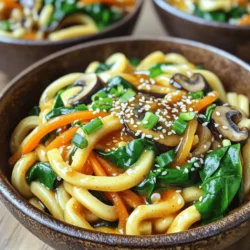 To make these tasty noodles, you need a few key items. Here’s the list: - 300g fresh udon noodles - 3 tablespoons chili oil - 1 tablespoon sesame oil - 2 garlic cloves, minced - 1-inch piece of ginger, minced - 2 green onions, finely sliced - 1 cup shiitake mushrooms, sliced - 1 small carrot, julienned - 2 cups baby spinach - 2 tablespoons soy sauce - 1 teaspoon rice vinegar - Salt to taste - Sesame seeds for garnish These ingredients combine to create a delicious meal. The udon noodles serve as the base. The chili oil brings heat, while the garlic and ginger add depth. If you want to amp up the taste, consider adding these ingredients: - Sliced bell peppers - Broccoli florets - Cooked protein like chicken or tofu These options add more color and flavor. Feel free to mix and match based on what you have. You can easily adjust this recipe for different diets. For gluten-free options, use rice noodles instead of udon. If you prefer a lighter dish, skip the oil and use vegetable broth. For a vegan twist, ensure the soy sauce is plant-based. These simple swaps keep the dish tasty while meeting your needs. For the full recipe, check out the complete instructions. Enjoy your cooking adventure! Start by boiling a pot of water. Add the fresh udon noodles to the water. Cook according to the package instructions until they are tender. This usually takes about 3-4 minutes. Once done, drain the noodles and set them aside. Make sure to shake off any excess water. In a large skillet, heat three tablespoons of chili oil and one tablespoon of sesame oil over medium heat. This mix gives your dish depth and flavor. Once the oil is hot, add two minced garlic cloves and one inch of minced ginger. Sauté these for one to two minutes. You'll know they are done when they smell good but be careful not to burn them. Now, add one cup of sliced shiitake mushrooms and one small julienned carrot to the skillet. Cook these for about three to four minutes. Watch as the mushrooms become tender. Next, toss in the cooked udon noodles. Make sure to mix everything well so the noodles soak up the chili oil base. Pour in two tablespoons of soy sauce and one teaspoon of rice vinegar. This adds a nice balance. Finally, fold in two cups of baby spinach until it wilts slightly, about one to two minutes. Taste the noodles and add salt if needed. Serve the noodles in bowls, topped with sliced green onions and sesame seeds for a beautiful finish. For more details, check the Full Recipe. Cooking udon noodles is easy but requires care. Start by boiling water in a large pot. Add salt to the water for extra flavor. Cook the noodles until they are tender, about 8 to 10 minutes. Stir them gently to prevent sticking. After cooking, drain the noodles and rinse them with cold water. This step stops the cooking process and keeps them firm. To make your dish pop, use fresh ingredients. Fresh garlic and ginger add a strong flavor. Try adding a splash of soy sauce earlier in the cooking. This helps the noodles soak in the taste. A squeeze of lime juice can brighten the dish. If you like heat, add more chili oil or a sprinkle of chili flakes. For a lovely presentation, serve the noodles in deep bowls. Top with sliced green onions and sesame seeds. Drizzling extra chili oil on top makes it look vibrant. You can also add cooked protein like chicken or shrimp. Pair with a side of pickled vegetables for crunch. Enjoy your meal with a warm cup of tea for a perfect finish. For the full recipe, check out the earlier sections. {{image_2}} You can make chili oil udon noodles vegetarian with simple swaps. Use tofu instead of meat. Firm tofu works best. Sauté it until golden and crispy. You can also add more veggies like bell peppers or zucchini. These add color and crunch. Substituting shiitake mushrooms with other mushrooms is a great idea too. Portobello or button mushrooms can add a nice taste. If you love spice, there are many ways to heat things up. Add sliced chili peppers to the garlic and ginger mix. You can also sprinkle in some red pepper flakes. If you want a kick, use a spicy soy sauce. This adds heat and flavor. For extra fun, drizzle more chili oil on top right before serving. To make your meal heartier, add protein. Chicken, beef, or shrimp are great options. Cook them in the chili oil base before adding the veggies. This infuses the protein with flavor. If you prefer plant-based protein, try edamame or chickpeas. Both add great texture and nutrition. For the full recipe, check out the details above. After enjoying your Chili Oil Udon Noodles, store leftovers in an airtight container. Make sure the noodles cool down first. Place the container in the fridge. Your noodles will stay fresh for up to three days. To reheat your udon noodles, add a splash of water to a pan. Heat it over medium-low heat. Stir the noodles until warmed through. This keeps them from drying out. You can also use a microwave. Just add a little water and cover the bowl. Heat it for one to two minutes. Check to make sure it’s hot all the way through. If you want to freeze your noodles, do it right after cooking. Place them in a freezer-safe bag. Squeeze out as much air as you can before sealing. They can last for up to three months. When ready to eat, thaw them in the fridge overnight. Reheat them gently before serving. This keeps the flavor and texture just right. Chili oil udon noodles blend flavors from Japan and China. Udon comes from Japan. It is thick and chewy. Chili oil brings heat, common in Chinese cooking. This dish combines both cultures. It offers a tasty meal that many love. Yes, you can use dried udon noodles. Dried noodles need more time to cook. Follow the package instructions carefully. They may take longer to soften than fresh noodles. Just make sure they are tender before you add them to the dish. Chili oil udon noodles pair well with many sides. Here are some tasty ideas: - Edamame with sea salt - Tempura vegetables - Gyoza or dumplings - A fresh cucumber salad These options balance the heat and add variety to your meal. Check out the Full Recipe for more details! Chili oil udon noodles are simple and tasty. We covered ingredients, cooking steps, and clever tips. You can mix in flavors to make it your own. Whether you want vegetarian options or spicy add-ons, choices abound. Store your leftovers right for future meals. I hope you feel ready to try this dish. Enjoy every bite!