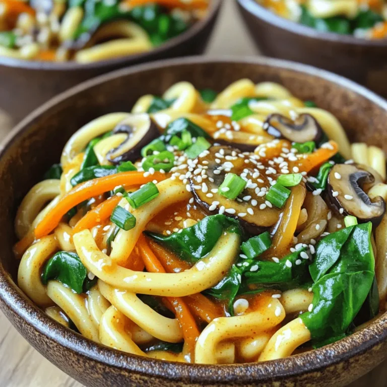 To make these tasty noodles, you need a few key items. Here’s the list: - 300g fresh udon noodles - 3 tablespoons chili oil - 1 tablespoon sesame oil - 2 garlic cloves, minced - 1-inch piece of ginger, minced - 2 green onions, finely sliced - 1 cup shiitake mushrooms, sliced - 1 small carrot, julienned - 2 cups baby spinach - 2 tablespoons soy sauce - 1 teaspoon rice vinegar - Salt to taste - Sesame seeds for garnish These ingredients combine to create a delicious meal. The udon noodles serve as the base. The chili oil brings heat, while the garlic and ginger add depth. If you want to amp up the taste, consider adding these ingredients: - Sliced bell peppers - Broccoli florets - Cooked protein like chicken or tofu These options add more color and flavor. Feel free to mix and match based on what you have. You can easily adjust this recipe for different diets. For gluten-free options, use rice noodles instead of udon. If you prefer a lighter dish, skip the oil and use vegetable broth. For a vegan twist, ensure the soy sauce is plant-based. These simple swaps keep the dish tasty while meeting your needs. For the full recipe, check out the complete instructions. Enjoy your cooking adventure! Start by boiling a pot of water. Add the fresh udon noodles to the water. Cook according to the package instructions until they are tender. This usually takes about 3-4 minutes. Once done, drain the noodles and set them aside. Make sure to shake off any excess water. In a large skillet, heat three tablespoons of chili oil and one tablespoon of sesame oil over medium heat. This mix gives your dish depth and flavor. Once the oil is hot, add two minced garlic cloves and one inch of minced ginger. Sauté these for one to two minutes. You'll know they are done when they smell good but be careful not to burn them. Now, add one cup of sliced shiitake mushrooms and one small julienned carrot to the skillet. Cook these for about three to four minutes. Watch as the mushrooms become tender. Next, toss in the cooked udon noodles. Make sure to mix everything well so the noodles soak up the chili oil base. Pour in two tablespoons of soy sauce and one teaspoon of rice vinegar. This adds a nice balance. Finally, fold in two cups of baby spinach until it wilts slightly, about one to two minutes. Taste the noodles and add salt if needed. Serve the noodles in bowls, topped with sliced green onions and sesame seeds for a beautiful finish. For more details, check the Full Recipe. Cooking udon noodles is easy but requires care. Start by boiling water in a large pot. Add salt to the water for extra flavor. Cook the noodles until they are tender, about 8 to 10 minutes. Stir them gently to prevent sticking. After cooking, drain the noodles and rinse them with cold water. This step stops the cooking process and keeps them firm. To make your dish pop, use fresh ingredients. Fresh garlic and ginger add a strong flavor. Try adding a splash of soy sauce earlier in the cooking. This helps the noodles soak in the taste. A squeeze of lime juice can brighten the dish. If you like heat, add more chili oil or a sprinkle of chili flakes. For a lovely presentation, serve the noodles in deep bowls. Top with sliced green onions and sesame seeds. Drizzling extra chili oil on top makes it look vibrant. You can also add cooked protein like chicken or shrimp. Pair with a side of pickled vegetables for crunch. Enjoy your meal with a warm cup of tea for a perfect finish. For the full recipe, check out the earlier sections. {{image_2}} You can make chili oil udon noodles vegetarian with simple swaps. Use tofu instead of meat. Firm tofu works best. Sauté it until golden and crispy. You can also add more veggies like bell peppers or zucchini. These add color and crunch. Substituting shiitake mushrooms with other mushrooms is a great idea too. Portobello or button mushrooms can add a nice taste. If you love spice, there are many ways to heat things up. Add sliced chili peppers to the garlic and ginger mix. You can also sprinkle in some red pepper flakes. If you want a kick, use a spicy soy sauce. This adds heat and flavor. For extra fun, drizzle more chili oil on top right before serving. To make your meal heartier, add protein. Chicken, beef, or shrimp are great options. Cook them in the chili oil base before adding the veggies. This infuses the protein with flavor. If you prefer plant-based protein, try edamame or chickpeas. Both add great texture and nutrition. For the full recipe, check out the details above. After enjoying your Chili Oil Udon Noodles, store leftovers in an airtight container. Make sure the noodles cool down first. Place the container in the fridge. Your noodles will stay fresh for up to three days. To reheat your udon noodles, add a splash of water to a pan. Heat it over medium-low heat. Stir the noodles until warmed through. This keeps them from drying out. You can also use a microwave. Just add a little water and cover the bowl. Heat it for one to two minutes. Check to make sure it’s hot all the way through. If you want to freeze your noodles, do it right after cooking. Place them in a freezer-safe bag. Squeeze out as much air as you can before sealing. They can last for up to three months. When ready to eat, thaw them in the fridge overnight. Reheat them gently before serving. This keeps the flavor and texture just right. Chili oil udon noodles blend flavors from Japan and China. Udon comes from Japan. It is thick and chewy. Chili oil brings heat, common in Chinese cooking. This dish combines both cultures. It offers a tasty meal that many love. Yes, you can use dried udon noodles. Dried noodles need more time to cook. Follow the package instructions carefully. They may take longer to soften than fresh noodles. Just make sure they are tender before you add them to the dish. Chili oil udon noodles pair well with many sides. Here are some tasty ideas: - Edamame with sea salt - Tempura vegetables - Gyoza or dumplings - A fresh cucumber salad These options balance the heat and add variety to your meal. Check out the Full Recipe for more details! Chili oil udon noodles are simple and tasty. We covered ingredients, cooking steps, and clever tips. You can mix in flavors to make it your own. Whether you want vegetarian options or spicy add-ons, choices abound. Store your leftovers right for future meals. I hope you feel ready to try this dish. Enjoy every bite!