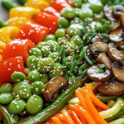 To make a fresh and tasty Spring Vegetable Stir-Fry, gather these ingredients: - Snap peas - Baby carrots - Bell pepper (red or yellow) - Asparagus - Mushrooms - Zucchini Each vegetable adds its own flavor and texture. Snap peas bring a sweet crunch. Baby carrots add vibrant color and taste. Bell peppers give a nice sweetness. Asparagus adds a unique bite. Mushrooms offer earthiness, while zucchini adds a soft, mild flavor. - Soy sauce (or tamari for gluten-free) - Sesame oil - Fresh ginger - Garlic - Honey or maple syrup (optional) These sauces and seasonings elevate your dish. Soy sauce gives a salty umami kick. Sesame oil adds a nutty aroma. Fresh ginger and garlic boost flavor with warmth and zest. If you want a hint of sweetness, honey or maple syrup works great. - Chopped green onions - Sesame seeds Garnishes finish your stir-fry beautifully. Chopped green onions add freshness and color. Sesame seeds provide a nutty crunch. Together, they make your dish look and taste amazing. With these ingredients, you will create a colorful and delicious meal. Check out the Full Recipe for further details! Start by washing all your vegetables. This keeps them clean and fresh. For chopping, use a sharp knife. Slice your baby carrots into thin rounds. Cut the bell pepper into strips. Trim the asparagus and cut it into 2-inch pieces. Slice the mushrooms and julienne the zucchini. Uniform pieces cook evenly. If the pieces are too big or small, they won't cook the same. Aim for similar sizes for all vegetables. This will help you achieve the perfect stir-fry. Heat your wok or frying pan over medium-high heat. Once it feels hot, add the sesame oil. This oil gives a great flavor. Next, toss in the minced garlic and grated ginger. Stir them for about 30 seconds. You want to smell a nice aroma. Start with the carrots and bell pepper. Stir-fry them for about 2 minutes until they soften. After that, add the snap peas, asparagus, and mushrooms. Keep stirring for 3 to 4 minutes. You want the veggies to stay crunchy. Finally, toss in the julienned zucchini and soy sauce. Mix everything well for 1 to 2 minutes. If you want some sweetness, add honey or maple syrup now. Remove your stir-fry from the heat. Garnish it with chopped green onions and sesame seeds. These will add a nice pop of color and flavor. Serve your dish hot. Enjoy the taste of fresh spring vegetables! For more details, check the Full Recipe. To make a great stir-fry, keep the following tips in mind: - Cut your veggies small: This helps them cook evenly. - Heat the pan well: A hot pan gives a nice sear. - Don’t overcrowd: Cook in batches if needed. This keeps veggies from steaming. - Stir often: This ensures even cooking and adds flavor. Maintaining crunch is key. To keep your veggies crisp: - Cook quickly: Stir-fry should take only 5-7 minutes. - Add tougher veggies first: Start with carrots and bell peppers. - Finish with softer ones: Add zucchini and snap peas last. For the best stir-fry, use these tools: - Wok or large frying pan: A wok heats evenly and provides space. - Spatula: It’s perfect for flipping and mixing ingredients. - Tongs: Use them for quick moves and to toss veggies. Pair your stir-fry with these side dishes: - Rice or quinoa: Both add a nice base. - Noodles: They soak up the sauce well. - Salad: A fresh side adds crunch. To make a complete meal, add protein. Consider chicken, shrimp, or tofu. This boosts flavor and nutrition. Enjoy your fresh and colorful spring vegetable stir-fry! For the full recipe, check out the earlier section. {{image_2}} You can add chicken, shrimp, or tofu to your stir-fry. Each protein brings its unique flavor and texture. For chicken, cut it into bite-sized pieces. Cook it for about 5-7 minutes before adding the vegetables. Shrimp cooks quickly. Toss it in for just 3-4 minutes until it turns pink. Tofu is a great vegan option. Cube it and sauté it for about 5 minutes until golden. Try adding different sauces to change the flavor. Teriyaki sauce adds a sweet touch. You can also spice things up with chili flakes. Just sprinkle a little in while cooking. This adds heat without overpowering the dish. You can use soy sauce, hoisin, or oyster sauce too. Mix and match to find your favorite! You can use other vegetables based on the season. In summer, add bell peppers or corn. In fall, try butternut squash or broccoli. During winter, use carrots and Brussels sprouts. This keeps your meal fresh and exciting. Don’t forget about leftovers! You can toss in any veggies you have on hand for a quick meal. It saves time and reduces waste. To store leftovers properly, let them cool first. Place the stir-fry in an airtight container. This helps keep it fresh. Use a glass or BPA-free plastic container for the best results. Yes, you can freeze stir-fried vegetables! To freeze, allow the stir-fry to cool completely. Portion it into freezer bags or containers. Remove as much air as possible to prevent freezer burn. Label the bags with the date to track freshness. For reheating, use a skillet on medium heat. Add a splash of water or oil to keep the veggies moist. Stir frequently for even heating. This method helps ensure vegetables stay crisp and delicious. You can also use a microwave if you prefer. Just make sure to cover the dish to keep moisture in. For a spring vegetable stir-fry, use fresh, seasonal veggies. I recommend: - Snap peas: Crunchy and sweet, perfect for quick cooking. - Baby carrots: These add color and a mild sweetness to your dish. - Bell peppers (red or yellow): They offer a nice crunch and vibrant color. - Asparagus: Tender but still crisp, asparagus adds a great texture. - Mushrooms: They bring umami flavor and a chewy bite. - Zucchini: Mild in taste, zucchini cooks quickly and adds softness. Using seasonal vegetables makes your stir-fry fresh and flavorful. Timing is key for a great stir-fry. Here are some tips: - Cook garlic and ginger for about 30 seconds to release their flavors. - Stir-fry carrots and bell peppers for around 2 minutes to soften slightly. - Add snap peas, asparagus, and mushrooms next, cooking for 3-4 minutes. - Finally, add zucchini and cook for 1-2 more minutes. This method keeps your veggies crunchy and vibrant. Absolutely! To make this stir-fry vegan, consider these substitutes: - Replace honey with maple syrup or agave for sweetness. - Use tamari instead of soy sauce for a gluten-free option. - Skip any non-vegan sauces and focus on plant-based flavors. These changes will keep your dish delicious and plant-based. Yes, it can be gluten-free! Here’s how: - Swap regular soy sauce for tamari, which is gluten-free. - Ensure all sauces and ingredients you use are labeled gluten-free. By making these simple swaps, you can enjoy this tasty stir-fry without gluten. You’ve now learned how to create a delicious stir-fry using fresh vegetables and tasty sauces. Remember the key steps: prepare your ingredients, cook them in the right order, and add flavors at the end. Keeping the veggies crisp is vital for great taste. You can customize your stir-fry with protein or different sauces for variety. Store any leftovers wisely to enjoy later. Now, grab your wok and start cooking. Enjoy your healthy and colorful meal!