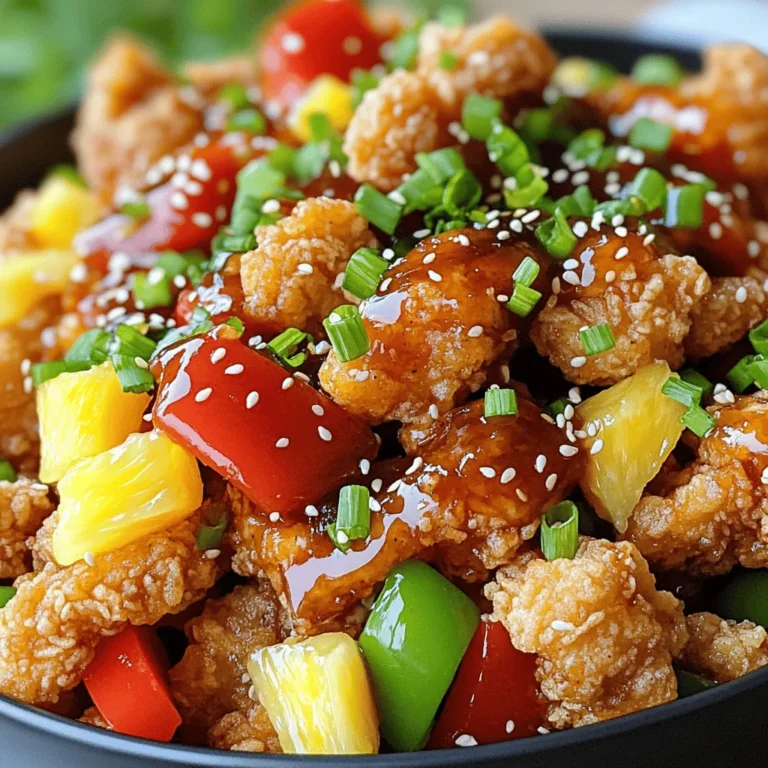 - 1 lb boneless, skinless chicken thighs - 1 cup cornstarch - 1 egg, beaten - 1/2 cup all-purpose flour - 1/2 cup pineapple chunks - 1 red bell pepper, diced - 1 green bell pepper, diced - 1/2 cup red onion, diced - 3 green onions, chopped (for garnish) - 1/2 cup honey - 1/4 cup soy sauce - 1/4 cup rice vinegar - 1 tablespoon sriracha - 1 teaspoon garlic powder - 1 teaspoon ginger powder - 1 tablespoon cornstarch mixed with 2 tablespoons water (slurry) To make this Panda Express Sweet Fire Chicken Copycat dish, start with fresh ingredients. Using boneless chicken thighs gives the best flavor. The cornstarch helps create a crispy outer layer. This contrasts nicely with the sweet and spicy sauce. You can adjust the sriracha if you want more or less heat. For the veggies, I love adding pineapple. It brings a nice sweetness. The red and green peppers add crunch and color. Don’t forget the onions for extra flavor. The green onions on top make it look pretty and add a fresh taste. The sweet fire sauce is the star. It combines honey and soy sauce for a sweet-savory mix. Rice vinegar adds tang. The garlic and ginger powder give depth. When you stir in the cornstarch and water slurry, it thickens quickly. This makes the sauce cling to the chicken and veggies perfectly. Check the [Full Recipe] for detailed instructions and tips to make this dish shine! - Mix cornstarch and flour in a bowl. - Coat each chicken piece in beaten egg. - Roll the chicken in the cornstarch-flour mix until fully covered. - Heat oil in a deep skillet over medium-high heat. - Carefully add chicken pieces in batches. - Fry them until they turn golden brown, about 4-5 minutes. - Remove the fried chicken and let it drain on paper towels. - In a saucepan, combine honey, soy sauce, rice vinegar, sriracha, garlic powder, and ginger powder. - Heat the mixture over medium heat, stirring well. - Once it simmers, add the cornstarch slurry to thicken the sauce. - Stir continuously for about 2-3 minutes until thickened. - If needed, add more oil to the skillet. - Stir-fry diced red and green bell peppers, onion, and pineapple chunks for 3-4 minutes. - Cook until the vegetables start to soften, but stay crisp. - Add the fried chicken back into the skillet with the vegetables. - Pour the sweet fire sauce over the mix and toss well. - Make sure everything is coated and heated through before serving. For the complete dish, follow the [Full Recipe]. - Avoid overcrowding the frying pan. This helps the chicken fry evenly. If you put in too much, the oil cools down. That leads to soggy chicken. - Ensure the oil is at the right temperature. Use a thermometer if you have one. The oil should be around 350°F. This keeps the chicken crispy and golden. - Tips for customizing sriracha amount: Start with one tablespoon. Taste the sauce. If you want more heat, add a little more. Remember, it's easier to add than to take away! - Alternatives for milder sauce: Swap sriracha for a mild chili sauce or omit it. You can also use sweet chili sauce for a different flavor. - Suggestions for garnishing: Use chopped green onions and sesame seeds. They add color and crunch. You can also add fresh cilantro for a pop of green. - Plating ideas for a restaurant-style look: Serve the chicken on a white plate. Arrange the chicken and veggies in a neat pile. Drizzle some sauce over the top for a glossy finish. {{image_2}} You can make a baked version of Sweet Fire Chicken. This keeps it crispy without frying. Use lean chicken breast instead of thighs. Chicken breast has less fat and works well. Bake the chicken at 400°F for 20-25 minutes. This way, you keep the flavor and save some calories. For a meat-free dish, use plant-based substitutes. Tofu or tempeh can replace chicken. Both soak up flavors well. For the sauce, replace honey with agave syrup. Use soy sauce, rice vinegar, and sriracha as usual. This keeps the taste while making it vegan-friendly. Sweet Fire Chicken pairs great with rice or noodles. The sauce soaks into rice nicely. You can also add sides like steamed veggies or a fresh salad. This creates a balanced meal and adds color to your plate. Enjoy your cooking! To store leftovers, let the Sweet Fire Chicken cool. Place it in a sealed container. Keep it in the refrigerator for up to three days. To maximize shelf life, store the chicken and sauce separately. This helps keep the chicken crispy for a longer time. When you are ready to eat, just heat them together. You can freeze the Sweet Fire Chicken for up to three months. Place it in an airtight container or freezer bag. Make sure to remove as much air as possible. To reheat, thaw overnight in the fridge. Then, bake it in the oven for the best texture. This keeps the chicken crispy and juicy. You can also use the microwave. Just heat on low power, stirring often, until hot. Yes, you can make Sweet Fire Chicken ahead of time. I suggest preparing the chicken and sauce in advance. Store the cooked chicken and sauce separately in the fridge. When you are ready to eat, just heat them up. This way, you keep the chicken crispy. It only takes about 10 minutes to reheat. Yes, you can make this recipe gluten-free. Use tamari instead of soy sauce. For the breading, replace all-purpose flour with a gluten-free flour blend. You can also use cornstarch to coat the chicken. These swaps keep the taste similar while making it safe for gluten-free diets. To thicken the sauce, add more cornstarch. Mix a tablespoon of cornstarch with two tablespoons of water to make a slurry. Stir this into the sauce as it simmers. Keep stirring until it thickens. You can also let the sauce cook a bit longer to reduce it. Sweet Fire Chicken pairs well with many sides. Here are some popular options: - Steamed white rice - Fried rice with veggies - Noodles, like chow mein - A fresh green salad - Stir-fried broccoli or snap peas These sides add balance and make a complete meal. For the full recipe, check out the Sweet Fire Chicken Delight. This blog post covered how to make Sweet Fire Chicken. We explored key ingredients, from chicken and veggies to the sweet fire sauce. You learned step-by-step cooking instructions and tips for perfect texture and spice levels. Variations allowed you to adapt the dish for health needs or diet preferences. Lastly, we discussed storage and serving ideas for your meal. Now, you have all the tools to create a delicious dish that impresses anyone. Enjoy cooking!