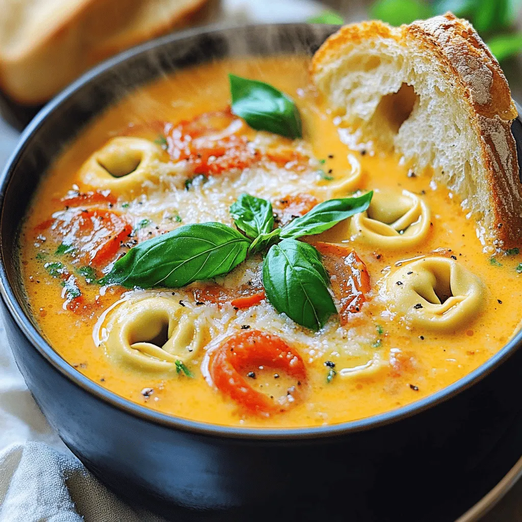 To make a tasty creamy tomato tortellini soup, you need key ingredients. Here’s what you will need: - 2 tablespoons olive oil - 1 medium onion, diced - 2 cloves garlic, minced - 1 carrot, diced - 1 celery stalk, diced - 1 (28-ounce) can crushed tomatoes - 4 cups vegetable broth - 1 teaspoon dried basil - 1 teaspoon dried oregano - Salt and pepper to taste - 1 cup heavy cream - 2 cups cheese tortellini (fresh or frozen) - Fresh basil leaves for garnish - Grated Parmesan cheese for serving Each item adds flavor and depth to the soup. The olive oil gives a rich base, while the diced onion and garlic provide savory notes. Carrots and celery add sweetness and texture. Crushed tomatoes are the heart of the soup, and the broth adds body. The herbs enhance the taste, and the cream makes it rich and smooth. Cheese tortellini brings a wonderful, comforting bite. You don’t have to stick with the exact ingredients. Here are some easy swaps: - Use coconut milk instead of heavy cream for a dairy-free option. - If you lack tortellini, use any pasta shape you have on hand. - Swap vegetable broth for chicken broth if you prefer. - Canned diced tomatoes can replace crushed tomatoes if needed. These substitutes keep the soup delicious while accommodating what you have at home. Using quality ingredients makes a big difference. Here are some brands I trust: - Bertolli for olive oil: Their oils are flavorful and fresh. - Muir Glen for canned tomatoes: Their tomatoes taste sweet and ripe. - Pacific Foods for broth: Their vegetable broth is rich and tasty. - Buitoni for tortellini: Their tortellini is fresh and filled with flavor. Choosing these brands helps ensure your creamy tomato tortellini soup will impress. For the full recipe, you can follow the details in the recipe section provided. Start by heating 2 tablespoons of olive oil in a large pot over medium heat. Add 1 medium diced onion and sauté for about 3-4 minutes until it turns soft. This step makes the base of your soup tasty. Next, stir in 2 minced garlic cloves, 1 diced carrot, and 1 diced celery stalk. Cook these veggies for another 5 minutes. They should begin to soften and smell great. Now it's time to bring in the main flavors. Pour in 1 (28-ounce) can of crushed tomatoes and 4 cups of vegetable broth. Add 1 teaspoon of dried basil, 1 teaspoon of dried oregano, and salt and pepper to taste. Stir it all up and bring the mixture to a boil. This is where the soup starts to come together. Once the soup boils, lower the heat to keep it at a gentle simmer. Let it cook for about 15 minutes. Stir occasionally to help blend the flavors. After that, add in 2 cups of cheese tortellini, either fresh or frozen. Let it simmer for an extra 5-7 minutes until the tortellini is tender. Finally, pour in 1 cup of heavy cream and stir gently. Allow the soup to heat back up to a gentle simmer. Taste your soup and adjust any seasoning if needed. You can follow the Full Recipe for more details. To make your soup extra creamy, use heavy cream. Stir it in slowly after cooking the tortellini. This helps the cream blend well and keeps it smooth. You can also try using half-and-half for a lighter option. If you want a thicker soup, add more cream or even a splash of cream cheese. This gives a rich taste without being too heavy. Seasoning matters a lot in this soup. Start with salt and pepper early. As the soup cooks, taste it often. If you want a fresh flavor, add fresh basil at the end. Dried herbs like oregano and basil work great, too. They add depth and warmth. You can also try red pepper flakes for a kick. Just a pinch will do! One common mistake is overcooking the tortellini. Follow the package instructions for cooking time. If you cook them too long, they may fall apart. Another mistake is skipping the seasoning. Taste your dish as you go. If it feels flat, it probably needs more salt or herbs. Lastly, don’t rush the simmering. Letting the soup cook slowly builds flavor. For the full recipe, check out the detailed instructions above. {{image_2}} You can easily make this soup vegetarian or vegan. To do this, simply swap the heavy cream for coconut milk or a plant-based cream. Use vegetable broth to keep it meat-free. For a heartier base, try adding pureed white beans. This adds creaminess and extra protein. You can also add more veggies, like spinach or kale, to boost nutrition. If you want more protein, consider adding cooked chicken, sausage, or beans. Shredded rotisserie chicken works well. For a hearty option, try Italian sausage. Brown it before adding the tomatoes. If you want a vegetarian choice, chickpeas or lentils blend nicely. They add texture and nutrients without changing the flavor much. Garnishing your soup makes it more appealing. Fresh basil leaves add a nice touch. Consider adding a swirl of pesto for flavor. Crumbled feta or goat cheese can add a tangy bite. For a spicy kick, top with crushed red pepper flakes. You can also serve this soup with crusty bread or a side salad for extra crunch. For the complete recipe, check out the full recipe. To keep your creamy tomato tortellini soup fresh, store it in an airtight container. Allow the soup to cool down first. Then, pour it into the container. Make sure to leave some space at the top. This allows for any expansion as it cools. You can keep it in the fridge for up to four days. When you're ready to enjoy the soup again, reheat it gently. Pour the soup into a pot over low heat. Stir it often to avoid sticking. If it's too thick, add a splash of broth or water to thin it out. You can also use the microwave. Heat it in short bursts of one minute, stirring in between. This keeps the soup from overheating. If you want to freeze leftovers, it’s best to do this before adding cream. Store the cooled soup in freezer-safe bags or containers. Label them with the date. The soup can last in the freezer for up to three months. When you're ready to eat, thaw it in the fridge overnight. Reheat it gently, adding cream only at the end. This keeps the soup creamy and delicious. For the full recipe, check out the detailed instructions above. Yes, you can use frozen tortellini. Just add it directly to the soup while it cooks. It saves time and still tastes great. Frozen tortellini cooks quickly and absorbs the soup's flavor well. This soup lasts about three to four days in the fridge. Store it in an airtight container. The flavors may deepen over time, making it even better on the second day. Just reheat it on the stove or in the microwave before serving. You can serve this soup with crusty bread or a fresh salad. Garlic bread pairs nicely too, as it soaks up the creamy broth. For a complete meal, add a side of grilled cheese sandwiches. They make a comforting combo with the soup. Absolutely! You can prepare the soup in advance and store it in the fridge. Just wait to add the tortellini until you are ready to serve. This keeps the pasta from getting too soft. Yes, you can freeze the soup. However, it's best to freeze it without the tortellini. When ready to eat, thaw the soup and then add fresh tortellini. This keeps everything in great shape. Definitely! Feel free to add spinach, zucchini, or bell peppers. They add color and nutrition. Just chop them small and sauté them with the other vegetables for the best texture. Yes, you can use dairy-free cream. Coconut cream or cashew cream works well. They both add a rich flavor without the dairy. Just adjust the seasoning to balance the taste. I recommend crushed tomatoes for a smooth base. You can also use diced tomatoes for a chunkier texture. Fresh tomatoes can work too, but you’ll need to blend them for a creamy finish. For the full recipe, check the detailed instructions to make the perfect Creamy Tomato Tortellini Soup! In this post, we explored how to make creamy tomato tortellini soup. We discussed essential ingredients, cooking techniques, and helpful tips to achieve perfect creaminess. Variations for different diets offered creative options, while proper storage techniques ensure freshness. Try this soup for your next meal. It’s simple and delicious. Enjoy every spoonful!