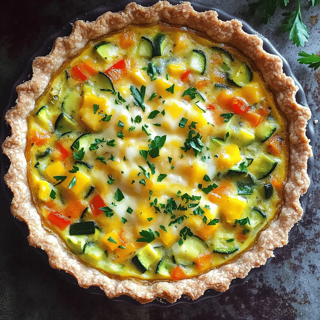 - 1 pre-made pie crust (or homemade) - 4 large eggs - 1 cup heavy cream - 1 cup milk - 1 cup spinach, chopped - 1/2 cup bell peppers, diced (any color) - 1/2 cup zucchini, diced - 1/2 cup red onion, finely chopped - 2 cloves garlic, minced To make a great vegetable quiche, you need a few key ingredients. The pie crust can be pre-made for ease or homemade for a personal touch. Eggs, heavy cream, and milk form the rich base. You'll want fresh vegetables like spinach, bell peppers, zucchini, red onion, and garlic for flavor and nutrition. - 1 teaspoon dried thyme - 1 teaspoon salt - 1/2 teaspoon black pepper - 1 cup shredded cheddar cheese Seasoning makes your quiche pop. Dried thyme adds a lovely herbal note. Salt and black pepper enhance the taste without overpowering it. Cheddar cheese gives a creamy texture and rich flavor. - Fresh herbs (like parsley or chives) Garnishing your quiche can elevate its look. Fresh herbs like parsley or chives add a burst of color and fresh flavor. You can sprinkle them on top just before serving. For the full recipe, check out the complete guide to making this savory garden vegetable quiche! First, preheat your oven to 375°F (190°C). This step helps the quiche cook evenly. If you want to make a homemade crust, roll out the dough. Place it in a 9-inch pie dish. Prick the bottom with a fork. To blind bake, put the crust in the oven for 10 minutes. Once done, take it out and set it aside. In a skillet, heat a splash of olive oil over medium heat. Start by adding the red onion and garlic. Sauté them until the onion looks translucent, which takes about 3-4 minutes. Next, add the diced bell peppers and zucchini. Cook these for an additional 5 minutes. Finally, stir in the chopped spinach. Cook until it wilts, which takes about 1-2 minutes. Remove the skillet from heat and let the vegetables cool slightly. In a large bowl, whisk together 4 large eggs, 1 cup of heavy cream, and 1 cup of milk. Add 1 teaspoon of dried thyme, 1 teaspoon of salt, and 1/2 teaspoon of black pepper. Mix until the mixture is smooth. Now, stir in the sautéed vegetables and half of the shredded cheddar cheese. This will give your quiche a great flavor. Pour the vegetable and egg mixture into your pre-baked pie crust. Then, sprinkle the remaining cheddar cheese on top. Place the quiche in the oven to bake for 30-35 minutes. Check for doneness by inserting a knife into the center. It should come out clean. The top should also be golden brown. To get a great quiche texture, start with room temperature ingredients. Cold eggs and cream can lead to uneven cooking. Let them sit out for about 30 minutes before mixing. To avoid a soggy crust, bake the pie crust first. This is called blind baking. You can prick the bottom with a fork and bake it for 10 minutes. This step helps the crust stay crisp. Herbs and spices can change your quiche game. Try adding fresh basil or dill for a fresh taste. A sprinkle of paprika gives a nice kick too. You can also swap out the cheese. Use goat cheese for a tangy flavor, or feta for creaminess. Each type of cheese brings a new twist to your dish. When slicing your quiche, use a sharp knife. This helps you get neat pieces. Garnish each slice with fresh herbs like parsley or chives for a pop of color. Pair your quiche with a light salad or some fresh fruit. This balance makes for a perfect meal. For a heartier option, serve with crusty bread or a side of roasted potatoes. For the full recipe, check out the Savory Garden Vegetable Quiche. {{image_2}} To make a crustless vegetable quiche, first, skip the pie crust. Grease a pie dish with butter or oil. This simple change saves time and calories. For cooking time, bake the crustless quiche for about 25 to 30 minutes. Keep an eye on it. The center should be firm and set. This version is great for anyone looking to cut carbs. If you're gluten-free, there are tasty crust options. Look for gluten-free pie crusts at your local store. You can also use almond flour or crushed gluten-free crackers. When choosing fillings, stick with fresh veggies and cheese that fit your diet. Squash, mushrooms, and spinach work well. Always check labels to ensure they are gluten-free. You can mix up your vegetable choices based on what you have. Seasonal veggies like asparagus, tomatoes, or broccoli add great flavor. If you have leftovers, toss them in! Just make sure the flavors blend well. Pair sweet and savory veggies for a tasty balance. This keeps your quiche exciting and fresh. For more detailed instructions, check out the Full Recipe. To store leftover quiche, let it cool down. Wrap it tightly with plastic wrap or foil. You can also place it in an airtight container. Keeping it in the fridge works best. Aim to eat it within three to four days for the best taste. Avoid leaving the quiche out for more than two hours. If you want to freeze your quiche, cool it completely first. Wrap it in plastic wrap, then in foil. This keeps it fresh and prevents freezer burn. You can freeze quiche for up to three months. When you are ready to enjoy it, move it to the fridge to thaw overnight. To reheat quiche, use an oven for the best texture. Preheat your oven to 350°F (175°C). Place the quiche on a baking sheet. Heat for about 15-20 minutes. You can cover it with foil to keep it moist. If you prefer a microwave, heat on low power for about 3-4 minutes. Check to avoid overcooking. Enjoy your leftover quiche just like the first time! Vegetable quiche lasts about 3 to 4 days in the fridge. Store it in an airtight container. If you see any signs of spoilage, like an off smell or mold, toss it out. To keep it fresh longer, cover it well with plastic wrap or foil. Yes, you can make vegetable quiche ahead of time. Prepare it the day before and keep it in the fridge. Just bake it when you are ready to serve. You can also cook it fully and then reheat it later. This makes it easy for parties or busy days. Absolutely! You can swap in any vegetables you like. Broccoli, mushrooms, and asparagus work well too. Just make sure to cut them small. This helps them cook evenly. Mixing in leftover veggies also cuts down on waste. Be creative and enjoy your own flavor twists! For the full recipe, check out the Savory Garden Vegetable Quiche. In summary, this blog post covers how to make a delicious vegetable quiche. We discussed the essential ingredients and provided easy steps to prepare and bake it. I shared tips for perfect texture and flavor, plus variations for crustless or gluten-free quiche. Remember to store any leftovers properly for future meals. Enjoy experimenting with different vegetables to make it your own. Cooking can be fun, simple, and rewarding!