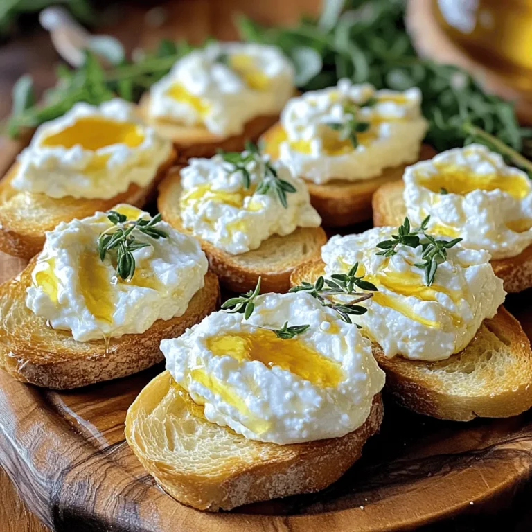 - 8 oz feta cheese, crumbled - 4 oz cream cheese, softened - 2 tablespoons olive oil - 1 tablespoon lemon juice - 1 teaspoon garlic powder - 1 French baguette, sliced into ½ inch pieces - ½ cup hot honey (store-bought or homemade) - Fresh herbs (like thyme or oregano) for garnish You can swap the feta cheese for goat cheese for a tangy twist. If you prefer a lower-fat option, use low-fat cream cheese. Try using whole wheat baguette slices for added nutrients. If you want less heat, use regular honey instead of hot honey. Experiment with different herbs like basil or parsley for a fresh taste. First, you need to preheat the oven to 400°F (200°C). This step is key for getting your crostini nice and crispy. While the oven heats, grab a mixing bowl. In that bowl, combine the crumbled feta cheese, softened cream cheese, olive oil, lemon juice, garlic powder, and a pinch of salt and pepper. Mix these ingredients well until they are creamy and smooth. You can use a hand mixer or a food processor for this. Taste your mixture and add more salt or pepper if needed. Next, arrange the sliced baguette on a baking sheet. Drizzle a little olive oil over each slice for flavor and to help them crisp up. Now, place the baking sheet in the oven. Toast the baguette slices for about 8-10 minutes. You want them golden and crispy. Once toasted, take them out and let them cool a bit. Now, it's time to spread that creamy whipped feta mixture generously on each slice of baguette. To finish your crostini, drizzle hot honey over the top of each one. Feel free to adjust the amount based on how much heat you want. Finally, sprinkle fresh herbs, like thyme or oregano, on top for added flavor and a nice look. For the full recipe, refer to the earlier section. Enjoy your delightful treat! To make the best whipped feta, focus on texture first. You want it smooth and creamy. Use both feta and cream cheese. The cream cheese adds richness. The feta gives it a salty punch. Mix them with olive oil and lemon juice. This adds flavor and helps with texture. Use a hand mixer for a fluffy finish. If you like it thicker, add less oil. For a dip, make it smoother by adding more oil. Enhance the flavor by adding garlic powder and a pinch of salt. You can also try fresh herbs like thyme or oregano. They give a fresh taste. Consider adding a touch of red pepper flakes for some heat. This will complement the hot honey nicely. Presentation is key for crostini. Start by arranging them on a large platter. Spacing them out makes it look fancy. Spread a generous layer of whipped feta on each slice. This makes them look inviting. Drizzle hot honey on top for a sweet touch. You can serve extra hot honey in a small bowl. This lets guests add more if they want. For garnishes, sprinkle fresh herbs over the top. They add color and flavor. You can also use edible flowers for a special touch. Make sure to keep it simple. This allows the flavors to shine through. When it comes to drinks, a crisp white wine works wonders. Try a Sauvignon Blanc; it pairs well with feta. If you prefer something non-alcoholic, consider iced tea with lemon. It is refreshing and balances the sweetness of the honey. For appetizers, serve the crostini with olives or pickled vegetables. These add a nice contrast to the creamy feta. You can also offer a simple salad on the side. This keeps the meal light and fresh. For the full recipe, check the complete instructions to make this delightful treat! {{image_2}} You can boost the taste of your whipped feta crostini with spices or herbs. Try adding a pinch of smoked paprika for warmth or a dash of cayenne for heat. Fresh herbs like basil or dill can also brighten the flavor. If you want to switch up the cheese, consider using goat cheese or ricotta. Each cheese brings a unique taste and texture. For the bread, you have options. Whole grain bread adds fiber, while gluten-free bread caters to dietary needs. Both work well with the whipped feta. When it comes to hot honey, you can experiment with different sweeteners. Maple syrup or agave can give it a nice twist. Adjusting the sweetness can change the whole dish! If you follow a vegan diet, you can create a plant-based version. Use cashew cream instead of cream cheese and nutritional yeast for a cheesy flavor. For a low-calorie option, you can use reduced-fat cheese and less honey. This keeps the dish light while still being tasty. Choose the right adjustments to match your needs and preferences! To keep your crostini fresh, store them properly. Place any leftover crostini in an airtight container. This helps prevent them from getting soggy. You can keep them in the fridge for up to three days. If you want to save the whipped feta, put it in a separate container. It will last about a week in the fridge. If you want to freeze components, do it right. First, freeze the whipped feta in a sealed container. It will stay good for about a month. Slice the baguette and freeze the pieces in a single layer. Once frozen, transfer them to a bag. This way, they won’t stick together. You can freeze the hot honey too, but it may change texture slightly. To regain texture and flavor, reheat the baguette slices. Preheat your oven to 350°F (175°C). Place the slices on a baking sheet and warm them for about 5-7 minutes. For the whipped feta, you can use a microwave. Heat it in short bursts of 15 seconds, stirring in between. This keeps it creamy and smooth. Enjoy your crostini just as you made them! Whipped feta crostini comes from Mediterranean roots. Feta cheese has a long history in Greek cuisine. People have enjoyed it for centuries. Crostini, or toasted bread, adds a nice crunch. This dish gained popularity in modern kitchens. Chefs love to serve it as an appetizer. Its mix of creamy feta and sweet honey is hard to resist. Yes, you can make hot honey easily at home. Here’s a simple recipe: - Ingredients: - 1 cup honey - 1 tablespoon red pepper flakes Instructions: 1. Heat honey in a small pot over low heat. 2. Add red pepper flakes and stir well. 3. Let it simmer for about 5 minutes. 4. Remove from heat and let it cool. 5. Strain out the flakes if you want a smooth sauce. Now, you have your very own hot honey! You can store leftovers of whipped feta crostini for up to three days. Keep them in an airtight container. If you have leftover whipped feta, store it separately. It lasts about a week in the fridge. For the best taste, eat them fresh. Reheat the baguette slices in the oven for a few minutes before serving. This keeps the crunch intact. Whipped Feta Crostini is a tasty dish you can make at home. We covered key ingredients, like feta cheese and olives, along with easy steps to prepare and serve it. You learned how to vary flavors and adjust the recipe for diets. Proper storage keeps leftovers fresh, so you can enjoy them later. With these tips and tricks, you can impress friends at your next gathering. Try making it, and enjoy the delicious flavors of whipped feta!