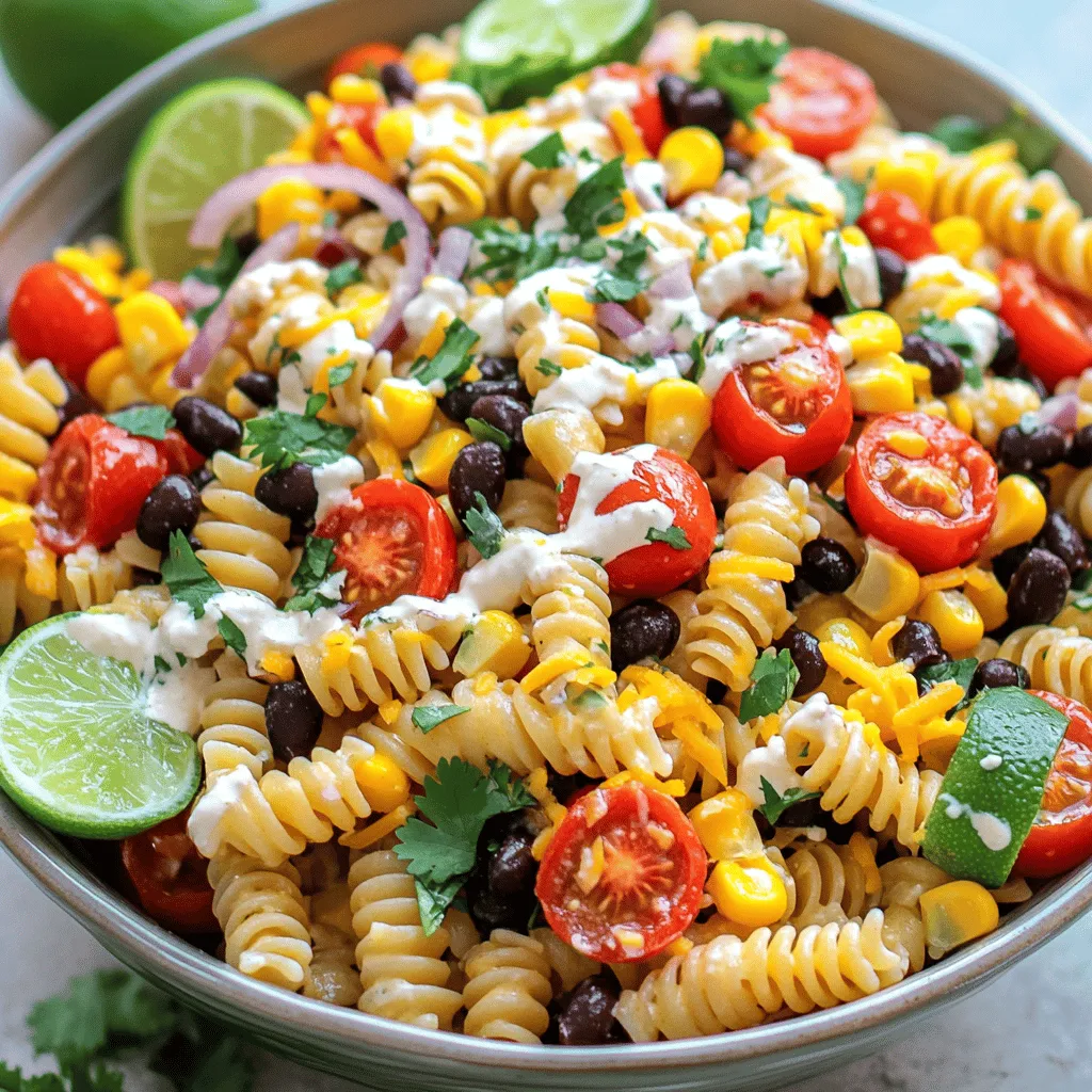 - 2 cups of fusilli or rotini pasta - 1 cup cherry tomatoes, halved - 1 cup canned black beans, drained and rinsed - 1 cup corn kernels (fresh or frozen) - 1/2 cup red bell pepper, diced - 1/2 cup red onion, finely chopped - 1/4 cup fresh cilantro, chopped - 1/3 cup ranch dressing - 2 tablespoons lime juice - 1 teaspoon smoked paprika - Salt and pepper to taste - Optional: 1 cup shredded cheddar cheese Cowboy pasta salad is a fun dish full of color and taste. Each bite offers a burst of flavor. I love how easy it is to make. You can whip it up in no time. The pasta is the heart of this dish. Fusilli or rotini works best. They hold the dressing and mix well with other ingredients. Cherry tomatoes add sweetness and juiciness. Black beans give protein and a nice texture. Corn brings a crunch that I enjoy. Red bell pepper and red onion add a fresh crunch and a bit of zing. Cilantro gives a great herbal note. The ranch dressing ties everything together. Lime juice adds brightness. Smoked paprika gives a hint of smokiness that makes the dish pop. If you want to add more flavor, consider cheese. Shredded cheddar cheese makes it creamy and rich. - Avocado or guacamole for creaminess - Jalapeños for some heat - Additional seasonings like cayenne pepper or cumin You can also customize your salad. If you want creaminess, try avocado or guacamole. For a kick, add jalapeños. You can spice it up with cayenne or cumin. Cowboy pasta salad is not just tasty; it is also healthy. Each serving has around 300 calories. You also get a good mix of protein, carbs, and fats. This makes it a filling meal. To start, fill a large pot with salted water and bring it to a boil. Once the water is boiling, add 2 cups of fusilli or rotini pasta. Cook the pasta until it is al dente, which usually takes about 8 to 10 minutes. Make sure to stir the pasta occasionally to prevent it from sticking. When it’s done, drain the pasta in a colander. Rinse it under cold water for about 30 seconds. This cooling step helps stop the cooking process and keeps the pasta firm. Now, grab a large mixing bowl. Add the cooled pasta to the bowl first. Next, toss in 1 cup of halved cherry tomatoes, 1 cup of drained and rinsed black beans, and 1 cup of corn kernels. Then, add 1/2 cup of diced red bell pepper and 1/2 cup of finely chopped red onion. Finally, sprinkle in 1/4 cup of chopped fresh cilantro. Gently mix everything together to combine the ingredients well. In a small bowl, prepare the dressing. Whisk together 1/3 cup of ranch dressing, 2 tablespoons of lime juice, and 1 teaspoon of smoked paprika. Add salt and pepper to taste. Mixing these ingredients creates a flavorful dressing that will tie everything together. Pour the dressing over the pasta salad. Toss everything together, making sure the pasta and veggies are well coated. If you like, fold in 1 cup of shredded cheddar cheese for extra creaminess. Taste the salad and adjust the seasoning with more salt and pepper, if needed. Cover the bowl with plastic wrap and refrigerate the salad for at least 30 minutes. This chilling time lets the flavors meld beautifully. For the full recipe, check out the details above. To enhance the taste of your cowboy pasta salad, start with the dressing. Use fresh lime juice for a bright kick. If you enjoy a bit of heat, add cayenne pepper or diced jalapeños. For extra depth, try mixing in some cumin or chili powder. Taste as you go! This helps you find the right balance of flavors. You can also adjust the salt and pepper to your liking. Remember, the more you play with flavors, the better your salad will be! To keep your cowboy pasta salad fresh, store it in an airtight container. Place it in the fridge right after serving. It stays good for about three days. If you notice any signs of spoilage, like an off smell or color change, it’s best to discard it. You can also store the dressing separately. This will help keep the pasta from getting soggy. Just mix it in when you are ready to serve! When it’s time to serve, make it fun! Use a large, colorful bowl to showcase your salad. Garnish with extra cilantro for a fresh look. You can also add lime wedges on the side. This gives guests a chance to add more tang if they want. For gatherings, consider using individual cups for a neat touch. It makes serving easy and fun for everyone! For the full recipe, check out the Cowboy Pasta Salad section. {{image_2}} You can make cowboy pasta salad even better with more veggies. Consider adding: - 1 cup diced cucumbers for crunch - 1 cup shredded carrots for sweetness - 1 cup chopped spinach for color These add-ins boost flavor and nutrients. You can also use different beans like pinto or kidney beans. This adds variety and protein. If you need a gluten-free option, swap regular pasta with gluten-free pasta. Brands like brown rice or quinoa pasta work well. They cook like regular pasta and taste great. Check the package for cooking times to ensure it’s al dente. Want to make it heartier? Add protein! Grilled chicken adds a smoky flavor. Shrimp gives a nice touch of sweetness. For a plant-based option, try tofu. Just grill or sauté it before adding. Each option enhances flavor and makes the salad more filling. For the full recipe, check out the Cowboy Pasta Salad section above. Cowboy pasta salad goes great with many dishes. Here are some tasty ideas: - Grilled chicken: The smoky flavors match well. - Barbecue ribs: The salad adds freshness. - Cornbread: A nice side that complements the salad. - Coleslaw: A crunchy option that balances the meal. - Baked beans: A hearty choice that fits the cowboy theme. You can serve cowboy pasta salad at many fun events. Here are some perfect times to enjoy it: - Picnics: It’s easy to pack and share. - Potlucks: Everyone loves a colorful dish. - Family gatherings: It brings everyone together. - Barbecues: A cool side for hot grilled foods. - Game days: Perfect for munching while watching sports. Make your cowboy pasta salad look great on the table. Here’s how to do it: - Use a large bowl: A big, colorful bowl makes a statement. - Garnish with cilantro: A sprinkle adds a fresh touch. - Add lime wedges: They add color and a zesty hint. - Layer the ingredients: Show off the vibrant colors. - Serve with matching utensils: This keeps everything looking nice. Cowboy pasta salad is not just tasty; it’s also fun to present! For the full recipe, check out the details above. Cowboy pasta salad can last about 3 to 5 days in the fridge. Make sure to store it in an airtight container. If you see any mold or notice a bad smell, throw it away. Fresh ingredients like tomatoes and cilantro may spoil faster, so keep an eye on those. Yes, you can make cowboy pasta salad ahead of time. I recommend making it a day before you plan to serve. This helps the flavors blend well. Just mix everything and store it in the fridge. If you want to keep it fresh, add the cheese just before serving. You can try several other dressings with this salad. Here are a few options: - Italian dressing for a zesty kick. - Greek dressing for a Mediterranean touch. - Avocado dressing for creaminess. Experiment with what you like best! Yes, this recipe is kid-friendly! To make it more appealing, try these tips: - Use fun-shaped pasta to catch their eye. - Add some shredded cheese on top. - Let kids help mix the salad. They enjoy being part of the cooking. This makes them more likely to eat it! Cowboy pasta salad is easy to make and full of flavor. You learned about key ingredients, from pasta to fresh veggies. I shared how to cook the pasta and combine everything for a tasty dish. You can customize the salad with add-ins or make it gluten-free. These ideas make it perfect for any gathering. Remember, this salad tastes better when chilled. Enjoy serving it at your next event! Have fun and get creative with your version!