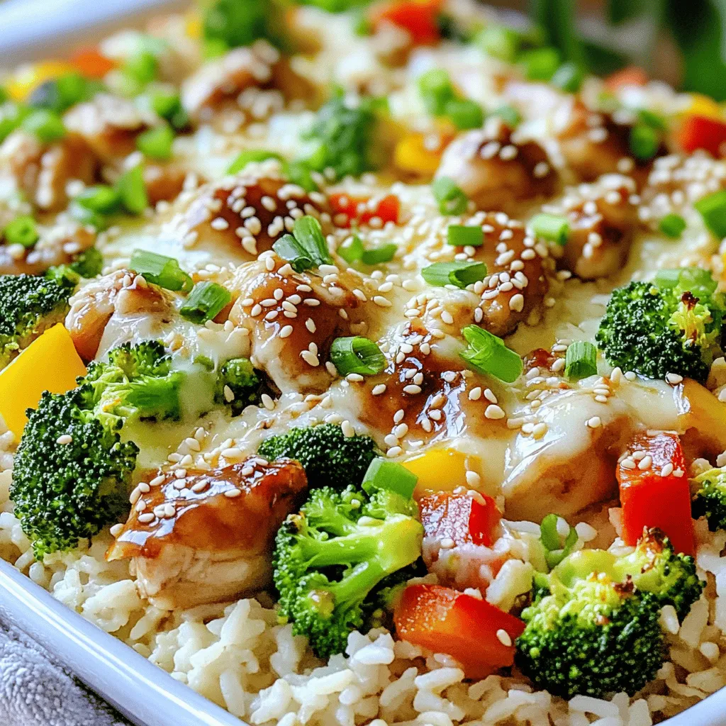 To make a great teriyaki chicken casserole, you need some key ingredients. Here’s what you will need: - 2 cups cooked jasmine rice - 1 pound boneless, skinless chicken thighs, diced - 1 cup broccoli florets - 1 cup bell peppers (red and yellow), sliced - 1 cup sliced mushrooms - 1/2 cup green onions, chopped - 1 cup shredded mozzarella cheese (or a cheese blend) - 1/4 cup soy sauce - 1/4 cup teriyaki sauce - 2 tablespoons sesame oil - 1 teaspoon garlic powder - 1 teaspoon grated ginger - Salt and pepper to taste - Sesame seeds for garnish These ingredients create a tasty mix of flavors and textures. The chicken provides protein, while the rice acts as a filling base. The veggies add color and crunch, and the cheese adds creaminess. You can also add some optional ingredients to make your casserole even better. Here are a few ideas: - Pineapple chunks for sweetness - Snap peas for extra crunch - Water chestnuts for a unique texture - Red pepper flakes for some heat These additions can give your dish a fun twist. It’s all about what you enjoy! Cheese plays a big role in the casserole’s taste and texture. While mozzarella is a great choice, you can try other cheeses too: - Cheddar for a sharp flavor - Monterey Jack for creaminess - Pepper Jack for a spicy kick Experimenting with different cheeses can help you find your perfect flavor. Try mixing two types for more depth! For the full recipe, check out the recipe section above. Start by setting your oven to 375°F (190°C). This temperature helps cook the casserole just right. While the oven heats, grab a large skillet. Pour in two tablespoons of sesame oil and warm it over medium-high heat. Once the oil is hot, add one pound of diced chicken thighs. Sprinkle a teaspoon of garlic powder, a teaspoon of grated ginger, and some salt and pepper. Cook the chicken for 5-7 minutes until it turns brown and is no longer pink inside. This step makes your chicken flavorful and tender. In a large mixing bowl, combine the cooked jasmine rice, the cooked chicken, and one cup each of broccoli florets, sliced red and yellow bell peppers, and sliced mushrooms. Then, add half a cup of chopped green onions. Pour in a quarter cup of soy sauce and a quarter cup of teriyaki sauce. Mix everything well until all the ingredients are coated with the sauces. This helps bring all the flavors together. Next, pour the mixture into a greased 9x13 inch casserole dish. Spread it out evenly so it cooks well. Now, sprinkle one cup of shredded mozzarella cheese over the top. This will melt beautifully and add a nice touch to your dish. Place the casserole in the preheated oven and bake for 25-30 minutes. Look for the cheese to melt and bubble, with a golden edge. After baking, let it cool for 5-10 minutes before serving. Garnish with sesame seeds for that extra flair. You can find the full recipe for this dish to make it even easier! To make the perfect teriyaki chicken, start with fresh chicken thighs. They stay juicy and cook well. Cut the chicken into small, even pieces. This helps them cook evenly. Cook them in sesame oil for extra flavor. Use garlic powder and ginger to add a nice touch. Cook until golden brown, about 5 to 7 minutes. This step is key for great taste. When layering, do it in the right order. Start with a base of rice. This keeps everything together. Next, add the cooked chicken. Spread it out evenly. Then, layer your veggies like broccoli and bell peppers. They add color and crunch. Finally, top it all with cheese. This layer melts beautifully and ties the dish together. To get a golden cheese top, choose the right cheese. Mozzarella melts well and gets bubbly. Spread it evenly over the top. Bake in a preheated oven at 375°F for 25 to 30 minutes. Keep an eye on it. When the cheese is melted and bubbly, it’s almost done. For extra color, let it bake a bit longer until golden. This adds a nice crisp flavor. Enjoy your delicious Teriyaki Chicken Casserole! For the full recipe, check out the details above. {{image_2}} You can easily make a vegetarian version of Teriyaki Chicken Casserole. Replace chicken with tofu or tempeh. These ingredients absorb flavors well. Use firm tofu for a hearty texture. You can also add chickpeas for protein. Substitute the chicken with: - 1 pound firm tofu, diced - 1 can chickpeas, drained and rinsed This swap keeps the dish filling and tasty. Add more veggies like zucchini or snap peas. They add crunch and color. If you have dietary needs, you can make simple changes. For gluten-free options, use tamari instead of soy sauce. This keeps the flavor rich without gluten. If dairy is a concern, use a dairy-free cheese. Some brands melt well and taste great. You might also skip cheese entirely. Try adding more veggies for flavor and texture. Here are some ideas for substitutions: - Tamari instead of soy sauce for gluten-free - Dairy-free cheese for lactose-free diets - Quinoa instead of rice for a protein boost These swaps make the casserole fit for everyone. To make your casserole even more special, add spices and herbs. A little heat can go a long way. Use red pepper flakes for a spicy kick. Fresh herbs like cilantro or basil add a fresh taste. You can also try: - 1 teaspoon red pepper flakes for heat - 1 tablespoon fresh ginger, minced for extra zest - 1 tablespoon cilantro, chopped for freshness These flavor boosters enhance the dish and make it your own. Enjoy experimenting with different tastes! If you're looking for the full recipe, you can find it above. To keep your teriyaki chicken casserole fresh, store it in an airtight container. Let it cool before sealing. Place it in the fridge if you plan to eat it within three days. For longer storage, freezing is a great option. Reheating is easy. Use the microwave for quick meals. Just heat in short bursts, stirring in between. If you prefer, bake it in the oven at 350°F (175°C). Cover it with foil to keep it moist. Heat for about 20 minutes or until hot. Freezing your casserole helps with meal prep. First, let the casserole cool completely. Then, cut it into portions. Wrap each piece in plastic wrap and place in a freezer bag. This way, you can grab a single serving anytime. It will stay good for about three months. When ready to eat, just thaw overnight in the fridge before reheating. For the full recipe, check out the earlier section. Enjoy your delicious teriyaki chicken casserole! Yes, you can use different types of chicken. Chicken breast is a popular choice. It cooks fast and stays tender. You can also use rotisserie chicken for a quick option. Just shred it and mix it in. Each type of chicken adds a unique taste. If you don’t have jasmine rice, try basmati rice or brown rice. Both work well in this dish. Basmati gives a nutty flavor, while brown rice is heartier. You can even use quinoa for a protein boost. Just keep the cooking times in mind. To add heat, consider using sriracha or chili paste. Mix a tablespoon in the sauce for a kick. You can also add sliced jalapeños or red pepper flakes. Start small and taste as you go. This allows you to control the spice level. Enjoy experimenting with flavors! In summary, we explored the tasty layers of Teriyaki Chicken Casserole. We covered essential and optional ingredients, including cheese options. You learned how to prepare the chicken, mix, assemble, and bake the casserole. I shared tips for a perfect dish and variations to suit any diet. Remember, storing and reheating leftovers keeps meals fresh. Enjoy this fun, flavorful dish that pleases everyone at your table. Happy cooking!