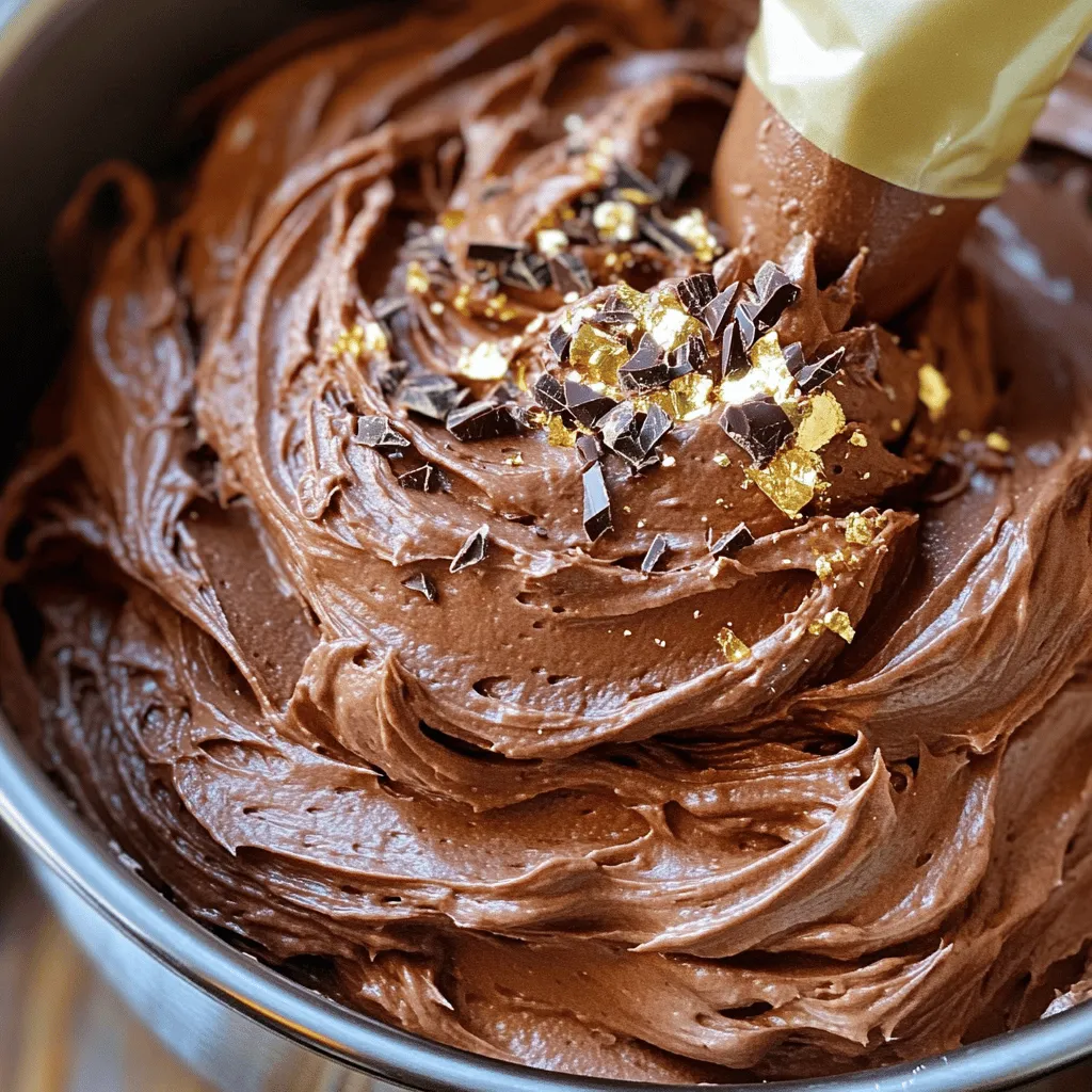 To make the best chocolate buttercream frosting, you need a few key ingredients: - 1 cup (2 sticks) unsalted butter, softened - 3 ½ cups powdered sugar, sifted - ½ cup unsweetened cocoa powder, sifted - 1/4 cup heavy cream (or milk) - 2 teaspoons pure vanilla extract - Pinch of salt Each ingredient plays a vital role. The unsalted butter gives the frosting a rich base. The powdered sugar adds sweetness and helps it hold shape. Cocoa powder gives that deep chocolate flavor we all love. Heavy cream or milk adds creaminess. Vanilla extract boosts the flavor, and a pinch of salt balances the sweetness. To whip up this frosting, you’ll need some handy tools: - Electric mixer - Mixing bowls - Sifter - Measuring cups and spoons - Piping bags (optional) Using an electric mixer makes it easy to blend everything smoothly. A sifter helps remove lumps from the sugar and cocoa powder. Piping bags let you create beautiful designs on cakes or cupcakes. Get ready for a fun time in the kitchen with this simple recipe! To start, you need to prepare your butter. Use unsalted butter for the best taste. Make sure it is soft but not melted. To reach the right softness, leave it out for about 30 minutes. You can also cut it into small pieces to speed this up. Once the butter is soft, it's time to beat it. Use an electric mixer on medium speed. Beat the butter for 2 to 3 minutes. You want it to look light and fluffy. This step is vital for a smooth frosting. Next, we mix in the dry ingredients. Start with powdered sugar and cocoa powder. Sift them first to remove any lumps. This makes it easier to blend. When mixing, add the sugar and cocoa a little at a time. If you add it too fast, it can create a dust cloud. So, mix on low speed first. Once combined, you can increase the speed and beat it well. Now, let’s add the wet ingredients. Pour in the heavy cream and vanilla extract. This will help the frosting become creamy. Mix on medium speed while you add them. Beat the mixture for another 2 to 3 minutes. Watch for a smooth, creamy texture. If it feels too thick, add more cream. Do this one tablespoon at a time until you like the consistency. Finally, check the thickness of your frosting. It should be thick but spreadable. If it is too thin, add more powdered sugar. If too thick, add more cream. To finish, add a pinch of salt. This small amount helps balance the sweetness. Beat the frosting for one more minute. This ensures everything is mixed well and ready to spread. For the full recipe, check the entire guide on Perfect Chocolate Buttercream Frosting. For the right thickness, you can adjust the cream. If your frosting is too thick, add more cream, one tablespoon at a time. This helps to reach a smooth texture. If it's too thin, just mix in a bit more powdered sugar. To make your buttercream fluffy, mix on medium speed. Start slow to avoid dust clouds, then increase speed. Scrape down the sides of the bowl often. This ensures even mixing and a light, airy frosting. Want to boost the flavor? Try adding espresso powder. Just a teaspoon or two can deepen the chocolate taste. It brings out richness without a coffee flavor. You can also use other extracts for fun twists. Almond or orange extract can add a unique taste. Just a few drops will do. Mix them in with the vanilla for a new twist. For a beautiful finish, use a piping bag. Choose your favorite tip for swirls or rosettes. This adds a fun touch to your cakes or cupcakes. You can garnish with chocolate shavings or sprinkles. A little edible gold or silver can add elegance. These small touches make your treats look gourmet. For more ideas, check the [Full Recipe]. {{image_2}} You can change up the flavor of chocolate buttercream easily. Here are two fun ideas: - Vanilla Chocolate Buttercream: Add 1 teaspoon of vanilla bean paste to the mix. This gives a subtle vanilla twist that pairs well with rich chocolate. - Mint Chocolate Buttercream: Mix in 1 teaspoon of peppermint extract. This creates a refreshing taste, perfect for holidays or special treats. You can make this frosting a bit healthier. Here are some options: - Using Coconut Oil: Swap unsalted butter with solid coconut oil. This makes it dairy-free and adds a light coconut flavor. Just ensure it’s solid but not hard. - Dairy-Free Options: Use almond milk or oat milk instead of heavy cream. This helps if you’re avoiding dairy. The texture may change, but it still tastes great! Make your chocolate buttercream fit the seasons with these ideas: - Pumpkin Spice Chocolate Buttercream: Add 1 teaspoon of pumpkin spice blend. This gives your frosting a warm, cozy flavor for fall. - Peppermint Chocolate Buttercream: Mix in crushed candy canes for a festive touch. This is great for winter parties and adds a nice crunch. For the full recipe, check the section above! To keep your chocolate buttercream fresh, follow these tips: - Refrigeration Tips: Place your frosting in an airtight container. This keeps it moist and prevents it from absorbing other smells. If you use plastic wrap, press it directly onto the frosting's surface. This helps avoid crusting. - Freezing Instructions: You can freeze the frosting for later use. Place it in a freezer-safe container. Make sure to leave some space at the top. The frosting may expand when it freezes. You can store it for up to three months. When ready to use, thaw it in the fridge overnight. - How Long It Lasts in the Fridge: Your chocolate buttercream will last about one week in the fridge. Keep it covered tightly to maintain its texture and flavor. - Signs of Spoilage to Look For: Check for any changes in color or smell. If it looks dry or hard, it may not be good. Always trust your senses. If it seems off, it's best to toss it. To cut the sweetness, add a pinch of salt. This helps balance the flavors. You can also mix in a little cocoa powder. Adjust the cocoa to taste. Another option is to add more butter. This also adds creaminess to the frosting. Yes, this frosting is perfect for cupcakes! It spreads easily and holds its shape well. Use a piping bag for a fun look. You can also swirl it on with a knife for a rustic finish. If your frosting is too runny, add more powdered sugar. Start with a quarter cup at a time. Mix well after each addition. If it gets too thick, add a splash of cream. This helps reach the right consistency. You should refrigerate the frosting if you are not using it right away. Place it in an airtight container. It can last for up to a week in the fridge. Before using, let it sit at room temperature. Then, re-whip it for the best texture. Yes, you can use dark chocolate! Melt it and let it cool slightly before adding. Use about 4 ounces of dark chocolate for every half cup of cocoa powder. This gives a deep chocolate flavor and a different texture. Start by placing your cake on a flat surface. Use a turntable if you have one. Apply a thin layer of frosting on top first. This is called a crumb coat and helps catch crumbs. Let it chill before adding the final layer of frosting. Absolutely! This frosting pipes beautifully. Use a piping bag with your favorite tip. You can create swirls, rosettes, or other designs. The frosting holds its shape well, making it great for any decoration. In this article, we covered how to create perfect chocolate buttercream frosting. You learned about essential ingredients, tools, and step-by-step instructions. I provided tips for achieving the right consistency and enhancing flavors. We also explored variations and storage tips to keep your frosting fresh. Now, you can make delicious frosting easily. With practice, your cakes and cupcakes will stand out. Enjoy the fun and creativity of baking with this simple recipe!