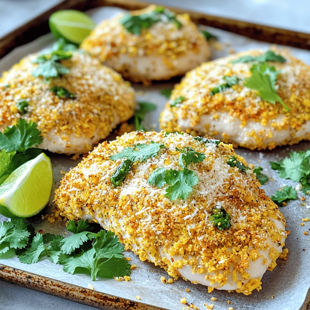 - 4 boneless, skinless chicken breasts - 1 cup jalapeño-flavored potato chips, crushed - 1/2 cup all-purpose flour - 2 large eggs - 1 teaspoon garlic powder - 1 teaspoon onion powder - 1 teaspoon smoked paprika - Salt and pepper to taste - 1/4 cup grated Parmesan cheese - 2 tablespoons olive oil - 1 baking sheet lined with parchment paper To make Jalapeno Chip Crusted Chicken, you need simple ingredients. The chicken breasts are the star of the dish. They provide a juicy and tender base. The crushed jalapeño chips give a great crunch and spice. I love using jalapeño-flavored chips as they add a nice kick. Next, the all-purpose flour helps the coating stick. Eggs serve as the glue for the chips. The seasoning mix brings in flavors that enhance the chicken. Garlic powder, onion powder, and smoked paprika add depth. Make sure to season with salt and pepper to taste. Finally, adding grated Parmesan cheese gives a cheesy, savory finish. You can find the full details in the Full Recipe. Each ingredient plays a key role in making this dish flavorful and exciting. The combination of textures makes every bite enjoyable. - Preheat your oven to 400°F (200°C). - Set up a dredging station with three shallow bowls. - First, season the flour with garlic powder, onion powder, smoked paprika, salt, and pepper. - Next, take a chicken breast and coat it in the seasoned flour. Shake off any extra flour. - Then, dip the floured chicken into the beaten eggs. Let any excess egg drip off. - Finally, press the chicken into the jalapeño chip mixture. Make sure it is fully covered. - Arrange the coated chicken on the baking sheet. Drizzle olive oil over the chicken for extra flavor. - Bake for 25-30 minutes. The chicken should be golden brown and fully cooked. - Check that the internal temperature reaches 165°F (74°C). Serve it hot and enjoy! - For a nice touch, serve the Jalapeño Chip Crusted Chicken on a platter with fresh cilantro and lime wedges. A side of ranch or sriracha mayo is a great addition too! To get a great crust, ensure you fully coat the chicken with jalapeño chips. Press down to make sure the chips stick well. Fresh chips give the best crunch. Stale chips won't provide the same texture or flavor. You can experiment with different flavored chips. Try BBQ chips or ranch-flavored ones for a twist. Adding fresh herbs to the chip mixture boosts the taste. Chopped parsley or cilantro adds a nice touch. If you want a lighter option, use an air fryer. Set it to 375°F (190°C) and cook for about 15-20 minutes. This method keeps the chicken crispy. Grilling is another great choice. It gives the chicken a smoky taste. Cook it over medium heat for about 6-8 minutes on each side. {{image_2}} To adjust spice levels, you can add more jalapeños. Fresh jalapeños give a kick. If you want it milder, remove the seeds. You can also choose different chips. Try barbecue or sour cream and onion for a new taste. Each chip brings a unique flavor. Dips enhance the meal. Try ranch, sriracha mayo, or guacamole. These dips add creaminess and flavor. Pair the chicken with sides like coleslaw or roasted vegetables. These sides balance the spicy chicken. You can also add a fresh salad for crunch. Preparing this dish in advance makes weeknight meals easy. Cook the chicken and store it in the fridge. You can use leftovers in salads or wraps. This way, you enjoy a tasty meal without extra work. Just reheat the chicken and add fresh veggies. It’s simple and satisfying. For the full recipe, check the earlier section. To store leftover Jalapeno Chip Crusted Chicken, let it cool first. Wrap each piece tightly in plastic wrap or place it in an airtight container. This keeps it fresh longer. You can store it in the fridge for up to three days. Always check for any off smells before eating. If you want to freeze the chicken, wrap each piece in foil or plastic wrap. Then, place it in a freezer bag. This helps keep the chicken moist. You can freeze it for up to three months. When you're ready to eat, thaw it in the fridge overnight for best results. This slow thawing helps the texture stay nice. To reheat the chicken, use an oven for the best crispiness. Preheat the oven to 375°F (190°C) and place the chicken on a baking sheet. Heat it for about 10-15 minutes. This method keeps the crust crunchy. Avoid microwaving, as it can make the chicken soggy. If you must use a microwave, try a short burst on low power. To make Jalapeno Chip Crusted Chicken, follow these steps: 1. Preheat your oven to 400°F (200°C) and line a baking sheet with parchment paper. 2. Set up a dredging station with three bowls. In one bowl, mix flour, salt, pepper, garlic powder, onion powder, and smoked paprika. In the second bowl, beat the eggs. In the third, combine crushed jalapeño chips with grated Parmesan cheese. 3. Coat each chicken breast in the seasoned flour, dip it in the eggs, and then press it into the jalapeño chip mixture. 4. Place the coated chicken on the baking sheet and drizzle with olive oil. 5. Bake for about 25-30 minutes until golden brown and the chicken is cooked through, reaching an internal temperature of 165°F (74°C). This method gives you a tasty, crispy chicken with lots of flavor. For the full recipe, check the earlier section. Yes, you can use different chips! Here are a few ideas: - Cheddar Chips: They add a rich cheese flavor. - Barbecue Chips: They bring a smoky and sweet taste. - Tortilla Chips: These can add a nice crunch and a corn flavor. Each type of chip will give the chicken a unique twist. Get creative and find your favorite! This recipe has some great flavors but consider its nutrition. Here are some points: - The chicken provides protein, which is great for muscle health. - Jalapeño chips add flavor but also extra calories and sodium. For a healthier version, try these swaps: - Use whole wheat flour for added fiber. - Replace chips with crushed nuts or seeds for healthy fats. Overall, enjoy this dish in moderation as part of a balanced diet! This recipe for Jalapeño Chip Crusted Chicken is simple and fun to make. You mix spices and coat chicken breasts with a tasty chip crust. Baking gives it a crispy texture without frying. You can switch up flavors and get creative with dips and sides. Remember to store leftovers well to keep them fresh. I hope this dish adds excitement to your meals. Enjoy making this crunchy, delicious treat anytime!