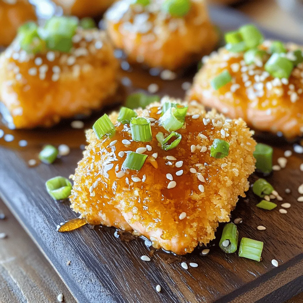 - Salmon fillet - All-purpose flour - Breadcrumbs - Honey - Garlic - Soy sauce - Ginger - Sesame oil - Salt and pepper The main ingredients for Crispy Honey Garlic Salmon Bites start with fresh salmon fillet. I prefer skinless and boneless salmon for ease, the taste is amazing. The all-purpose flour helps create a nice crispy layer. Using breadcrumbs, especially Panko, gives a crunchy finish that everyone loves. Next, flavor enhancers bring this dish to life. Honey adds sweetness, while garlic brings a strong, savory taste. Soy sauce adds depth. It’s a perfect balance. For additional seasonings, I use fresh ginger for a bit of warmth. Sesame oil gives a nutty flavor that is rich. Salt and pepper are essential for bringing all the flavors together. You can find the full recipe to enjoy these flavors. This dish really shines when you use high-quality ingredients. Each one plays a part in making these salmon bites a special treat. Start by drying the salmon cubes with a paper towel. This helps them get crispy when cooked. Season the salmon with salt and pepper. Cut the salmon into bite-sized cubes, around one inch each. This size helps them cook evenly and makes them easy to eat. Next, set up your dredging station. In a shallow bowl, add the flour. In a second bowl, pour in the beaten eggs. In a third bowl, place the breadcrumbs. This setup makes it easy to coat each salmon piece. Now, it’s time to coat the salmon. Take each cube, dip it in the flour, shake off extra, then into the eggs, and finally coat it in breadcrumbs. Make sure every piece is well coated for the best crunch. Heat a large skillet over medium heat. Add enough oil to cover the bottom of the pan, about 1/4 inch deep. Wait until the oil is shimmering. Carefully place the salmon bites in the hot oil, ensuring not to overcrowd the pan. Fry each side for 2-3 minutes, or until golden brown. Use a slotted spoon to remove them and drain on paper towels. Follow these steps, and you’ll have crispy honey garlic salmon bites that are sure to impress. For detailed cooking times and tips, check the Full Recipe. To get that perfect crispy texture, start by drying the salmon well. Use a paper towel to pat it dry. This step is key for crispness. Moist salmon won’t fry well. Next, choose Panko breadcrumbs over regular ones. Panko gives a better crunch. They are lighter and airy, which helps create that golden, crispy layer. Timing is crucial when making the sauce. You want to cook it until it thickens just right. If it’s too thin, the bites won’t stick as well. Keep an eye on it. Adjust the sweetness and saltiness to suit your taste. If you like it sweeter, add more honey. If you want it saltier, add a bit more soy sauce. Garnishing can elevate your dish. Top the salmon bites with chopped green onions and sesame seeds. This adds color and crunch. For serving, use a wooden board or a nice platter. Drizzle any leftover honey garlic sauce on top for shine. It makes the dish look even more inviting. Remember, we eat with our eyes first! {{image_2}} You can change the flavor by using different sauces. Try a spicy honey garlic sauce. To make this, add chili flakes or sriracha to the honey garlic mix. You can also go for a teriyaki glaze. This sweet and savory sauce adds a unique twist. Just coat the salmon bites in the teriyaki sauce after frying. Both options pack a punch of flavor! If you want variety, you can switch the salmon with other proteins. Chicken works great in this recipe. Cut it into bite-sized pieces just like the salmon. You can also use tofu for a plant-based option. Tofu absorbs flavors well, making it a tasty choice. Just remember to press the tofu first to remove excess water. This helps it stay crispy when cooking. For a vegetarian twist, try cauliflower bites. Cut cauliflower into small florets and coat them like the salmon. The crispy texture pairs well with the honey garlic sauce. You can bake or fry the cauliflower bites. This way, everyone can enjoy a tasty treat, no matter their diet. For the full recipe, check out the detailed instructions and tips for perfecting these bites. To store leftovers, place your salmon bites in an airtight container. Let them cool to room temperature before sealing. Store them in the fridge for up to three days. Make sure to separate layers with parchment paper to keep them from sticking together. You can freeze salmon bites before cooking. Just follow the recipe until you coat the salmon in breadcrumbs. Place them in a single layer on a baking sheet and freeze until solid. Then, transfer them to a freezer bag. They can last for up to three months. For cooked bites, cool them first, then freeze. Reheat them in the oven for best results. To keep your salmon bites crispy, use the oven. Preheat it to 375°F (190°C). Spread the salmon bites on a baking sheet. Heat for about 10-12 minutes, or until they are hot and crispy again. Avoid using the microwave, as it can make them soggy. If you want to use a skillet, heat it over medium heat. Add a little oil and warm the bites for a few minutes on each side. To make your salmon bites less greasy, use the right amount of oil. You want just enough to cover the pan, about 1/4 inch deep. If the oil is too hot, it can cause the bites to absorb more oil. Heat the oil until it's shimmering but not smoking. This ensures a crispy texture without excess grease. Always drain the cooked bites on a paper towel to soak up any extra oil. Yes, you can bake your salmon bites. Preheat your oven to 400°F (200°C). Place the coated salmon bites on a baking sheet lined with parchment paper. Lightly spray them with cooking oil for extra crispiness. Bake for about 12-15 minutes, flipping halfway through. This method keeps them crispy while cutting down on oil. Crispy honey garlic salmon bites go well with many sides. Here are some tasty options: - Steamed broccoli: This adds a nice crunch and bright color. - Rice: White or brown rice soaks up the sauce well. - Quinoa salad: A light salad with veggies adds freshness. - Dipping sauces: Try a sweet chili sauce or a creamy ranch dressing. When you serve these bites, consider pairing them with your favorite side. For the full recipe, check here: [Full Recipe]. In this article, we explored how to make crispy honey garlic salmon bites from scratch. We covered the key ingredients, preparation steps, and tips for perfecting the dish. Remember, drying the salmon and using panko breadcrumbs are vital for crispiness. You can try different sauces or even switch proteins for variety. These bites are great as an appetizer or snack. With the right storage and reheating tips, you can enjoy them later too. Happy cooking!