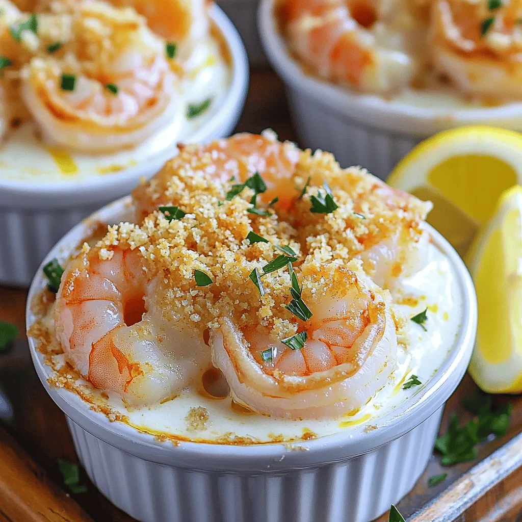 To make a delicious garlic shrimp gratin, gather these simple ingredients: - 1 lb (450g) medium shrimp, peeled and deveined - 4 cloves garlic, minced - 1 tablespoon olive oil - 1 tablespoon butter - 1 cup heavy cream - 1 cup grated Parmesan cheese - 1 cup breadcrumbs (preferably panko) - 1 teaspoon lemon zest - 1 tablespoon fresh parsley, chopped - Salt and pepper to taste - Lemon wedges for serving These ingredients work together to create a rich and creamy dish. The shrimp gives it a nice protein boost. Garlic adds a strong flavor that everyone loves. Olive oil and butter help in cooking the shrimp, making them juicy. Heavy cream makes the dish smooth and creamy. Parmesan cheese adds a salty, savory taste. Breadcrumbs add crunch. Lemon zest brightens the dish. Fresh parsley adds color and freshness. Don't forget the salt and pepper to enhance all the flavors. For the full recipe, follow the instructions carefully to enjoy this tasty meal! 1. Preheat your oven to 375°F (190°C). This helps cook the gratin evenly. 2. In a large skillet, heat one tablespoon of olive oil and one tablespoon of butter over medium heat. Once hot, add four cloves of minced garlic. Sauté for about 1-2 minutes until fragrant but not browned. This step fills your kitchen with a delicious aroma. 3. Next, add one pound of peeled and deveined shrimp to the skillet. Season with salt, pepper, and one teaspoon of lemon zest. Sauté for 3-4 minutes until the shrimp turn pink and are fully cooked. Remove from heat and let cool slightly. 1. In a medium bowl, combine one cup of heavy cream with half of the one cup of grated Parmesan cheese. Stir well to mix. This creamy blend is key to the dish's richness. 2. In your gratin dish, layer the cooked shrimp evenly. Pour the cream and cheese mixture over the shrimp, making sure they are well covered. 3. In a separate bowl, mix one cup of breadcrumbs, the remaining Parmesan cheese, and one tablespoon of chopped parsley. Sprinkle this mixture generously over the shrimp and cream. This creates a wonderful crunchy topping. 1. Place the dish in your preheated oven and bake for 20-25 minutes. You want the top to be golden and bubbly. 2. After baking, remove the gratin from the oven. Let it sit for a few minutes before serving. This resting time helps the dish set up nicely. For the full recipe, check the details above! How to know when shrimp are cooked: Shrimp cook fast. They are done when they turn pink and curl slightly. You can also check the center. It should be opaque, not translucent. Importance of not overcooking shrimp: Overcooked shrimp become rubbery and tough. Cook them just until they turn pink. This keeps them juicy and tender. Ensuring a crispy breadcrumb topping: Use panko breadcrumbs for the best crunch. Mix them with cheese and parsley. This adds flavor and texture. Bake until golden brown to achieve the ideal crispness. Adding spices for extra flavor: You can spice up the dish with red pepper flakes or smoked paprika. These add warmth and depth without overpowering the shrimp. Substituting cheeses for variations: Feel free to experiment with different cheeses. Mozzarella adds a gooey texture, while feta gives a tangy taste. Each choice changes the dish's flavor profile. Incorporating vegetables for more nutrition: Add spinach or cherry tomatoes for extra color and nutrition. They cook well with the shrimp and add a fresh taste to the gratin. {{image_2}} You can switch up the seafood in this dish. Instead of shrimp, try using scallops or crab. Both options give a nice twist to the flavor. Scallops have a sweet taste, while crab adds a rich, meaty texture. Both pair well with garlic and cream. If you want a vegetarian option, use mushrooms. They absorb flavors well and add a nice bite. Changing herbs and spices can make this dish unique. For a fresh taste, add thyme or dill. You can also use smoked paprika for a warm flavor. Adding flavored oils, like chili oil, adds a special kick. Infused garlic oil gives a strong garlic taste without the raw bite. These small changes can make a big difference in taste. Try different combinations to find your favorite! For the complete recipe, check out the Full Recipe section. To keep your garlic shrimp gratin fresh, place it in an airtight container. This will help prevent it from drying out. You can store it in the fridge for up to three days. If you want to keep it longer, consider freezing it. It stays good in the freezer for about two months. Just make sure to label the container with the date. When it's time to enjoy your leftovers, you have a few options to reheat them. The best way is to use the oven. Preheat it to 350°F (175°C). Place the gratin in an oven-safe dish and cover it with foil. Heat for about 15-20 minutes or until it's warm all the way through. If you're in a hurry, you can use the microwave. Just be careful to heat it in short bursts. This helps to keep the shrimp tender. After reheating, let it sit for a minute before digging in. This way, the flavors have time to settle. Can I make Garlic Shrimp Gratin ahead of time? Yes, you can prep this dish ahead. Cook the shrimp and mix the cream and cheese. Then, layer them in the dish. Cover and refrigerate for up to 24 hours. When ready, bake it straight from the fridge. This helps save time on busy days. Is it possible to freeze the dish? Freezing Garlic Shrimp Gratin is not ideal, but you can do it. Assemble the dish but do not bake it. Cover tightly and freeze for up to two months. When you want to enjoy it, thaw it in the fridge overnight. Then, bake as normal. What do I serve with Garlic Shrimp Gratin? Garlic Shrimp Gratin pairs well with many sides. Try serving it with a fresh salad. Garlic bread is also great for scooping up the creamy sauce. If you want something heartier, serve it with rice or pasta. Each option complements the rich flavors of the gratin. For the full recipe, check the section above. This blog post covered how to make a delicious Garlic Shrimp Gratin. You learned about the key ingredients, step-by-step instructions, and valuable tips. I shared various ways to customize your dish, including different seafood options and flavor enhancements. In the end, this recipe offers a tasty meal with many possibilities. Enjoy trying out new methods and flavors. Your kitchen adventure with garlic shrimp will surely impress anyone who tries it!