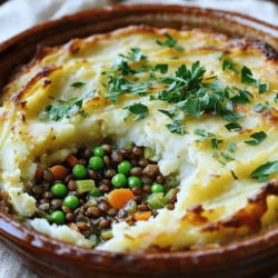 Here are the key ingredients you need for this dish: - 1 cup green or brown lentils, rinsed and drained - 2 cups vegetable broth - 1 large onion, diced - 2 carrots, diced - 2 celery stalks, diced - 3 cloves garlic, minced - 1 teaspoon dried thyme - 1 teaspoon smoked paprika - 2 tablespoons tomato paste - 1 cup frozen peas - 4 medium-sized potatoes, peeled and cubed - 1/4 cup milk (or plant-based milk) - 2 tablespoons butter (or olive oil for vegan option) - Salt and pepper to taste - Fresh parsley for garnish (optional) These ingredients come together to create a hearty meal that warms you inside. You can add a few garnishes to enhance the look and taste: - Fresh parsley, chopped - A sprinkle of paprika - A drizzle of olive oil These garnishes add color and flavor to your shepherd's pie. They also make it more appealing on the plate. You might want to switch some ingredients based on what you have: - Use red lentils for a quicker cooking time. - Swap vegetable broth for water in a pinch. - Try sweet potatoes instead of regular potatoes for a twist. - Replace butter with coconut oil for a dairy-free option. These substitutions keep the dish tasty while catering to your needs. You can find the full recipe to explore more on how to prepare this delightful meal! First, cook the lentils. In a medium pot, place 1 cup of lentils and 2 cups of vegetable broth. Bring this mix to a boil. Then, reduce the heat and let it simmer for 20-25 minutes until tender. Once cooked, drain the lentils and set them aside. Next, prepare the vegetables. In a large skillet, heat 2 tablespoons of olive oil or butter over medium heat. Add 1 large diced onion, 2 diced carrots, and 2 diced celery stalks. Sauté the veggies for 5-7 minutes until they turn soft. Now, add the garlic and spices. Stir in 3 minced garlic cloves, 1 teaspoon of dried thyme, and 1 teaspoon of smoked paprika. Cook for another minute until you smell the spices. Combine the lentils with the veggies. Mix the drained lentils into the skillet, along with 2 tablespoons of tomato paste and 1 cup of frozen peas. Season with salt and pepper to taste. Stir everything together and cook for 5 more minutes to let the flavors meld. While the lentil mix cooks, let's prepare the mashed potatoes. Boil 4 medium-sized cubed potatoes in salted water until they are tender, which takes about 15 minutes. Drain the potatoes and return them to the pot. Add 1/4 cup of milk (or plant-based milk) and 2 tablespoons of butter (or olive oil for a vegan option). Mash the potatoes until they are smooth. Season with salt and pepper to taste. Preheat your oven to 400°F (200°C). Grab a baking dish and spread the lentil mixture evenly across the bottom. Next, top the lentils with the creamy mashed potatoes. Use a spatula or fork to smooth out the potatoes. Bake the pie in the preheated oven for 25-30 minutes. Look for a lightly golden and crispy top. Let it cool for a few minutes after baking. If you want, garnish it with fresh parsley before serving. Enjoy your Easy Lentil Shepherd's Pie! For the full recipe, check the recipe section above. To get the best flavor in your lentil filling, use fresh herbs. I love adding thyme and smoked paprika. These spices give a warm, rich taste. Don't forget to sauté your veggies until they are soft. This step makes them sweet and tasty. Drain your lentils well after cooking. This keeps the filling from getting too wet. If you want more texture, try mixing in some chopped mushrooms or bell peppers. For creamy mashed potatoes, start with hot, boiled potatoes. This helps them mash easily. Use a potato masher or a ricer for the best texture. Add warm milk and melted butter or olive oil. This keeps the potatoes fluffy and smooth. Season with salt and pepper. For a twist, mix in some garlic or cheese for extra flavor. Presentation makes your dish shine. Serve the shepherd's pie in a fun dish. A cast-iron skillet gives a rustic look. Top with fresh parsley for a pop of color. You can also serve individual portions in ramekins. This makes it feel special. Pair the pie with a fresh salad for a balanced meal. Enjoy your delicious creation! {{image_2}} You can use various lentils in this dish. Brown and green lentils work best. They hold their shape and add a nice texture. Red lentils can be used, too; however, they cook faster and become softer. If you want a different flavor, try black lentils. They add a unique taste and look great. Feel free to add more veggies to your pie. Consider mushrooms for a meaty taste. Bell peppers add sweetness and color. You can also add zucchini for moisture. Spinach or kale can boost nutrition and flavor. Mix and match based on what you have at home or your favorite tastes. This recipe is easy to make vegan. Just swap the butter for olive oil. Use plant-based milk for the mashed potatoes. For gluten-free options, check the broth label. Some brands add gluten. Most vegetable broths are safe, just make sure. This way, everyone can enjoy this dish! For the full recipe, visit the recipe section. After you enjoy your Easy Lentil Shepherd's Pie, let it cool. Transfer any leftovers to an airtight container. This keeps the pie fresh. Store it in the fridge. It can last up to four days. Make sure to cover it well to avoid drying out. You can freeze the shepherd's pie for later. First, let it cool completely. Cut it into portions for easy thawing. Wrap each piece tightly in plastic wrap. Then, place the wrapped pieces in a freezer-safe bag. This will help prevent freezer burn. The pie will stay good for up to three months. To reheat, first, thaw the pie in the fridge overnight. You can also heat it directly from frozen. Preheat your oven to 350°F (175°C). Place the pie in an oven-safe dish. Cover it with foil to keep moisture in. Heat for about 30-40 minutes or until hot. For a crispy top, remove the foil for the last 10 minutes. Enjoy every bite! Easy Lentil Shepherd's Pie stays fresh for about 3 to 5 days in the fridge. Store it in an airtight container to keep it safe from strong smells. To check if it's still good, look for any odd colors or smells. If everything seems fine, you can enjoy it again! Yes, you can make this dish ahead of time! Prepare the lentil filling and mashed potatoes separately. You can keep them in the fridge for up to 2 days. When you're ready to bake, just layer them in a dish and pop it in the oven. This makes it easy for busy days or gatherings. You can serve many things with this dish! A fresh salad goes great alongside it. Try a simple green salad with lemon dressing for a nice touch. You can also serve steamed veggies, like broccoli or green beans, for extra color and nutrients. If you want something warm, garlic bread pairs well too. Check out the Full Recipe for more ideas! This blog post covered how to make an easy lentil shepherd's pie. We explored the main ingredients and substitutes, followed by step-by-step instructions. Tips for the perfect dish and variations added extra creativity. Finally, we looked at storage and answered common questions. Creating this recipe is simple and fun. Enjoy your warm, tasty meal with friends or family. It’s a dish you can make again and again!