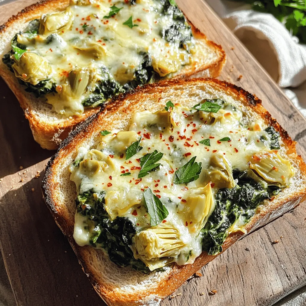 To make the best Spinach and Artichoke Melts, gather these fresh ingredients: - 2 cups fresh spinach, chopped - 1 cup canned artichoke hearts, drained and chopped Next, you need some creamy dairy ingredients: - 1 cup cream cheese, softened - 1 cup shredded mozzarella cheese - ½ cup grated Parmesan cheese Finally, add the seasonings and other ingredients: - 2 cloves garlic, minced - 1 teaspoon red pepper flakes (adjust to taste) - Salt and black pepper to taste - 1 tablespoon olive oil - 4 slices of sourdough bread These ingredients create a rich, cheesy melt with a perfect balance of flavors. You can find the full recipe above to guide you through the cooking process. Enjoy! - Preheat the oven to 375°F (190°C). - Chop spinach and any other ingredients as needed. - Heat olive oil in a skillet over medium heat. - Add minced garlic and sauté for 1 minute. - Stir in chopped spinach and cook until wilted. - In a mixing bowl, combine sautéed spinach with artichoke hearts, cream cheese, mozzarella, Parmesan, and seasonings. This mix is the heart of your melts. - Spread the filling generously over sourdough slices. Make sure to cover every edge. - Bake for 15-20 minutes until cheese is melted and bubbly. The melts should look golden and inviting. You can find the full recipe above for even more details! You can swap ingredients to suit your taste. For a lighter option, use low-fat cheese. Dairy-free alternatives like cashew cream or almond cheese work well. If you want to change the bread, try whole grain or ciabatta. Different cheese blends can also add a twist. Mixing cheddar with mozzarella gives a nice flavor. Sautéing spinach well is key. Heat the oil and add garlic first. This step builds flavor. Keep the heat medium to avoid burning. Cook the spinach just until it wilts. This keeps its bright green color and nutrients intact. For the perfect golden crust, bake at 375°F (190°C). Watch for bubbling cheese and a nice golden hue. Presentation matters! Serve your melts on a colorful platter. Garnish with fresh parsley for a pop of green. You can sprinkle extra red pepper flakes for a bit of heat. Pair your melts with a crisp side salad. Dips like ranch or a light vinaigrette also complement the dish. For the full recipe, check out [Full Recipe]. {{image_2}} You can change the cheese to create new flavors. Try using feta cheese for a tangy bite. Cheddar also works well if you like a sharp taste. Mixing in these cheeses adds a unique twist to the classic melts. You can even combine different cheeses for a richer flavor profile. Just think about how each cheese melts and tastes together. Want to boost your melts? You can add cooked chicken or crispy bacon for extra protein. This addition makes the dish heartier. You can also mix in other vegetables. Try adding chopped tomatoes or bell peppers for color and freshness. These add-ins bring new textures and tastes to your melts. You can adapt this recipe for special occasions. For holidays, think about adding festive spices like nutmeg or sage. This gives your melts a holiday flair. In summer, you can make them lighter. Use fresh herbs like basil or parsley for a fresh taste. These seasonal changes keep the dish exciting and fun year-round. For the full recipe, check out the detailed instructions above. To keep your Spinach and Artichoke Melts fresh, store them in an airtight container. Place them in the fridge within two hours of cooking. If you want to save them for later, you can freeze them. Wrap each piece tightly in plastic wrap and then put them in a freezer bag. This will keep them from getting freezer burn. When reheating, the best method is to use an oven. Preheat your oven to 350°F (175°C). Place the melts on a baking sheet. Heat for about 10-15 minutes until warm and the cheese is gooey again. This keeps the bread crispy and the filling creamy. Your Spinach and Artichoke Melts will last in the fridge for about 3-4 days. If frozen, they can stay good for up to 2-3 months. Always check for any signs of spoilage. If you see mold or feel a strange texture, it's best to toss them out. Trust your senses; they are usually right! What can I use if I don't have sourdough bread? If you don’t have sourdough bread, use any thick bread. Options like ciabatta or whole wheat work well. You want a sturdy base to hold the filling. How can I make this recipe vegetarian-friendly? This recipe is already vegetarian! Just ensure all your ingredients are meat-free. You can also add more vegetables if you like. How do I know when the melts are done? The melts are done when the cheese is melted and bubbly. Look for a golden crust on top. A light browning indicates they are ready. Can I make these in advance and reheat them later? Yes, you can prepare these melts ahead of time. Store them in the fridge for up to two days. Reheat in the oven at 350°F until warm. What is the nutritional value per serving of Spinach and Artichoke Melts? Each serving has about 300 calories, with protein from the cheese and fiber from the spinach. It's a tasty way to enjoy veggies! Are there any healthy adjustments for this recipe? You can use low-fat cream cheese or cheese alternatives. Adding more spinach and artichokes boosts nutrients without adding many calories. Spinach and artichoke melts combine tasty fresh ingredients with creamy cheeses. You learned how to prepare and bake these delicious treats in just a few steps. Remember to use fresh spinach and add spices for the best flavor. Don't hesitate to try different cheeses or veggies for a twist. Store leftovers well and enjoy them later. This dish is perfect for any occasion, so get creative. Enjoy your cooking journey and impress others with these yummy melts!