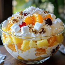 - 1 cup mini marshmallows - 1 cup whipped cream - 1 cup sour cream - 1 cup pineapple chunks, drained - 1 cup mandarin oranges, drained - 1/2 cup shredded coconut - 1/2 cup cherries - 1/2 cup chopped walnuts or pecans - 1 teaspoon vanilla extract - A pinch of cinnamon You can swap sour cream with Greek yogurt for a tangy twist. If you want to adjust the sweetness, try honey or maple syrup. For seasonal fruit, use fresh berries or peaches for a fun change. Using fresh fruits makes a big difference. They add bright color and flavor. When picking marshmallows, choose mini ones. They mix better and give a nice texture. First, get a large mixing bowl. In this bowl, combine 1 cup of mini marshmallows, 1 cup of pineapple chunks, and 1 cup of mandarin oranges. Use a spatula to gently fold them together. Be careful not to break the fruit. This keeps the pieces nice and whole. Next, grab another bowl. Here, whisk together 1 cup of whipped cream, 1 cup of sour cream, 1 teaspoon of vanilla extract, and a pinch of cinnamon. Whisk until it is smooth and creamy. This will be the base that brings everything together. Now, pour the cream mixture over the fruit and marshmallow mix. It’s time to fold everything together. Use a gentle hand to make sure all the ingredients are coated well. This helps create a creamy texture that everyone loves. When you add the 1/2 cup of shredded coconut and 1/2 cup of chopped nuts, fold them in slowly. This step keeps the fruit pieces intact and avoids breakage. You want to keep that lovely, colorful look. After everything is mixed, cover the bowl and place it in the fridge. This step is key! Chilling allows the flavors to meld together. For the best taste, let it chill for at least 1 hour. When you serve it, keep it cool. Each bite should be refreshing and sweet. Enjoy your ambrosia salad! For the full recipe, refer to the previous section. For a fun party treat, serve ambrosia salad in small cups. This makes it easy for guests to grab and enjoy. You can also use clear glass bowls to show off the colorful layers. For a festive look, top each serving with a cherry and a sprinkle of extra coconut. This adds a nice pop of color. Want to brighten the taste? Try adding citrus zest from oranges or lemons. Just a little can make a big difference. You can also play with spices. A dash of nutmeg or cardamom can add warmth and depth. Making ambrosia salad in advance is a great time-saver. Prepare it a day before your event for the best taste. Just keep it in the fridge, covered. After you make it, store any leftovers in an airtight container. It can stay fresh for three days. Enjoy the flavors as they deepen! {{image_2}} Classic ambrosia salad is a sweet and creamy treat. It uses simple, traditional ingredients. You will find mini marshmallows, whipped cream, and sour cream. Pineapple chunks and mandarin oranges add a fruity flavor. Many recipes also include shredded coconut and cherries. To prepare, mix the fruit and marshmallows gently. Then, fold the cream mixture into the fruits. This method keeps the fruit intact for a great texture. Chill it before serving to blend the flavors nicely. For a tropical twist, think about using fresh tropical fruits. Add in juicy mango, sweet kiwi, or even ripe bananas. These fruits bring bright flavors and colors. You can also swap out the mandarin oranges for fresh papaya. Another fun idea is to add shredded coconut for that beachy vibe. This version tastes like a sunny vacation in every bite. Be sure to keep the creamy base from the classic recipe. It balances the fruit's sweetness just right. If you want a lighter version, swap out high-calorie ingredients. Use Greek yogurt instead of sour cream. This substitution gives you a creamy texture, but with less fat. You can also lower the sugar by using less marshmallows. Try adding in berries like strawberries or blueberries for extra flavor. These fruits are low in calories and high in nutrients. Mixing in some nuts will add crunch and healthy fats. This healthy ambrosia salad is still a delightful dessert! For the complete recipe, check the [Full Recipe]. To keep ambrosia salad fresh, chill it well before serving. Cover it tightly with plastic wrap or a lid. This helps prevent it from absorbing any smells from the fridge. Aim to chill the salad for at least one hour. This lets the flavors mix together nicely. You can store ambrosia salad in the fridge for up to three days. After that, it may start to lose its taste and texture. Look for signs of spoilage, like a sour smell or a change in color. If you see any liquid pooling at the bottom, it’s best to toss it out. You can freeze ambrosia salad, but it may change in texture. To freeze, place it in an airtight container. Leave some space at the top for expansion. When ready to enjoy, thaw it in the fridge overnight. Avoid thawing it at room temperature, as this can lead to spoilage. For best results, eat it fresh after thawing. Ambrosia salad is a sweet fruit salad. It mixes fruits, cream, and marshmallows. Common ingredients include: - Mini marshmallows - Whipped cream - Sour cream - Pineapple chunks - Mandarin oranges - Shredded coconut - Cherries - Chopped walnuts or pecans You can change the fruits based on your taste. Some add grapes or bananas. Others try different nuts or even yogurt. The variety keeps this dish fun and fresh. Ambrosia salad lasts about 3 to 5 days in the fridge. Keep it in a sealed container. This helps keep it fresh. If you see any change in color or smell, it's best to throw it out. It’s easy to spot spoilage. Look for excess liquid or a sour smell. Yes, you can make ambrosia salad ahead of time. Prepare it a day before serving. Store it in the fridge for best flavor. Just remember to cover it well. The salad tastes better when flavors mix. But if you add bananas, wait until serving to add them. They can brown quickly. For the full recipe, check above. In this blog post, we explored how to make delicious ambrosia salad. We discussed the key ingredients and important substitutions. I shared tips for using fresh fruits and preparing this tasty dish. Think about serving it at your next gathering. Don’t forget to try fun variations like tropical or healthy recipes. With the right storage, you can enjoy this treat longer. Now, gather your ingredients and start creating your ambrosia salad masterpiece!