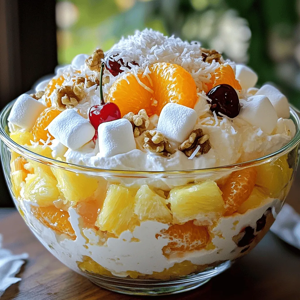 - 1 cup mini marshmallows - 1 cup whipped cream - 1 cup sour cream - 1 cup pineapple chunks, drained - 1 cup mandarin oranges, drained - 1/2 cup shredded coconut - 1/2 cup cherries - 1/2 cup chopped walnuts or pecans - 1 teaspoon vanilla extract - A pinch of cinnamon You can swap sour cream with Greek yogurt for a tangy twist. If you want to adjust the sweetness, try honey or maple syrup. For seasonal fruit, use fresh berries or peaches for a fun change. Using fresh fruits makes a big difference. They add bright color and flavor. When picking marshmallows, choose mini ones. They mix better and give a nice texture. First, get a large mixing bowl. In this bowl, combine 1 cup of mini marshmallows, 1 cup of pineapple chunks, and 1 cup of mandarin oranges. Use a spatula to gently fold them together. Be careful not to break the fruit. This keeps the pieces nice and whole. Next, grab another bowl. Here, whisk together 1 cup of whipped cream, 1 cup of sour cream, 1 teaspoon of vanilla extract, and a pinch of cinnamon. Whisk until it is smooth and creamy. This will be the base that brings everything together. Now, pour the cream mixture over the fruit and marshmallow mix. It’s time to fold everything together. Use a gentle hand to make sure all the ingredients are coated well. This helps create a creamy texture that everyone loves. When you add the 1/2 cup of shredded coconut and 1/2 cup of chopped nuts, fold them in slowly. This step keeps the fruit pieces intact and avoids breakage. You want to keep that lovely, colorful look. After everything is mixed, cover the bowl and place it in the fridge. This step is key! Chilling allows the flavors to meld together. For the best taste, let it chill for at least 1 hour. When you serve it, keep it cool. Each bite should be refreshing and sweet. Enjoy your ambrosia salad! For the full recipe, refer to the previous section. For a fun party treat, serve ambrosia salad in small cups. This makes it easy for guests to grab and enjoy. You can also use clear glass bowls to show off the colorful layers. For a festive look, top each serving with a cherry and a sprinkle of extra coconut. This adds a nice pop of color. Want to brighten the taste? Try adding citrus zest from oranges or lemons. Just a little can make a big difference. You can also play with spices. A dash of nutmeg or cardamom can add warmth and depth. Making ambrosia salad in advance is a great time-saver. Prepare it a day before your event for the best taste. Just keep it in the fridge, covered. After you make it, store any leftovers in an airtight container. It can stay fresh for three days. Enjoy the flavors as they deepen! {{image_2}} Classic ambrosia salad is a sweet and creamy treat. It uses simple, traditional ingredients. You will find mini marshmallows, whipped cream, and sour cream. Pineapple chunks and mandarin oranges add a fruity flavor. Many recipes also include shredded coconut and cherries. To prepare, mix the fruit and marshmallows gently. Then, fold the cream mixture into the fruits. This method keeps the fruit intact for a great texture. Chill it before serving to blend the flavors nicely. For a tropical twist, think about using fresh tropical fruits. Add in juicy mango, sweet kiwi, or even ripe bananas. These fruits bring bright flavors and colors. You can also swap out the mandarin oranges for fresh papaya. Another fun idea is to add shredded coconut for that beachy vibe. This version tastes like a sunny vacation in every bite. Be sure to keep the creamy base from the classic recipe. It balances the fruit's sweetness just right. If you want a lighter version, swap out high-calorie ingredients. Use Greek yogurt instead of sour cream. This substitution gives you a creamy texture, but with less fat. You can also lower the sugar by using less marshmallows. Try adding in berries like strawberries or blueberries for extra flavor. These fruits are low in calories and high in nutrients. Mixing in some nuts will add crunch and healthy fats. This healthy ambrosia salad is still a delightful dessert! For the complete recipe, check the [Full Recipe]. To keep ambrosia salad fresh, chill it well before serving. Cover it tightly with plastic wrap or a lid. This helps prevent it from absorbing any smells from the fridge. Aim to chill the salad for at least one hour. This lets the flavors mix together nicely. You can store ambrosia salad in the fridge for up to three days. After that, it may start to lose its taste and texture. Look for signs of spoilage, like a sour smell or a change in color. If you see any liquid pooling at the bottom, it’s best to toss it out. You can freeze ambrosia salad, but it may change in texture. To freeze, place it in an airtight container. Leave some space at the top for expansion. When ready to enjoy, thaw it in the fridge overnight. Avoid thawing it at room temperature, as this can lead to spoilage. For best results, eat it fresh after thawing. Ambrosia salad is a sweet fruit salad. It mixes fruits, cream, and marshmallows. Common ingredients include: - Mini marshmallows - Whipped cream - Sour cream - Pineapple chunks - Mandarin oranges - Shredded coconut - Cherries - Chopped walnuts or pecans You can change the fruits based on your taste. Some add grapes or bananas. Others try different nuts or even yogurt. The variety keeps this dish fun and fresh. Ambrosia salad lasts about 3 to 5 days in the fridge. Keep it in a sealed container. This helps keep it fresh. If you see any change in color or smell, it's best to throw it out. It’s easy to spot spoilage. Look for excess liquid or a sour smell. Yes, you can make ambrosia salad ahead of time. Prepare it a day before serving. Store it in the fridge for best flavor. Just remember to cover it well. The salad tastes better when flavors mix. But if you add bananas, wait until serving to add them. They can brown quickly. For the full recipe, check above. In this blog post, we explored how to make delicious ambrosia salad. We discussed the key ingredients and important substitutions. I shared tips for using fresh fruits and preparing this tasty dish. Think about serving it at your next gathering. Don’t forget to try fun variations like tropical or healthy recipes. With the right storage, you can enjoy this treat longer. Now, gather your ingredients and start creating your ambrosia salad masterpiece!